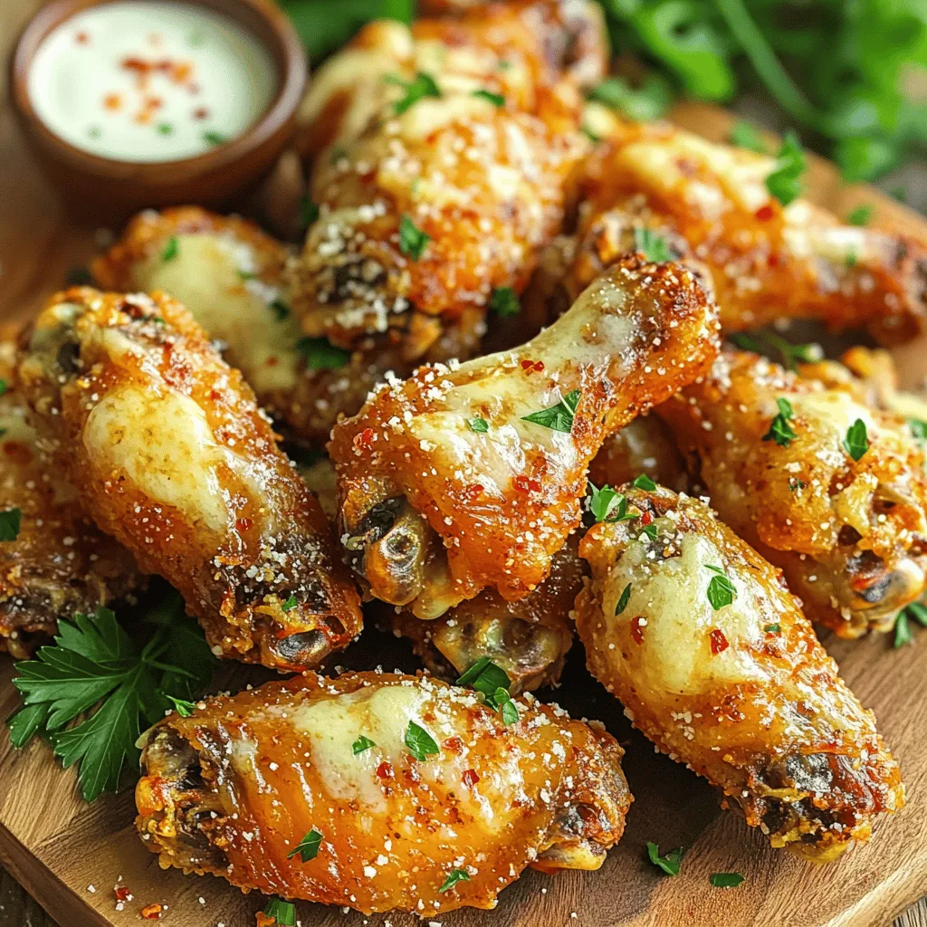 - 2 pounds chicken wings - 1/2 cup freshly grated Parmesan cheese - 1/4 cup unsalted butter, melted - 1 teaspoon baking powder - 1 teaspoon salt - 1 teaspoon freshly ground black pepper - 1 tablespoon garlic powder - 1 tablespoon extra virgin olive oil - 2 cloves garlic, finely minced - 1 tablespoon fresh parsley, finely chopped (for garnish) - Optional: Red pepper flakes Gathering the right ingredients is key for crispy garlic Parmesan wings. Start with 2 pounds of chicken wings. You want them fresh and plump. The next star is 1/2 cup of freshly grated Parmesan cheese. It adds a rich, savory taste. Then, grab 1/4 cup of melted unsalted butter. This helps the cheese stick to the wings and adds amazing flavor. Next, let’s talk seasoning. You need 1 teaspoon of baking powder. This helps the wings become crispy. Add 1 teaspoon of salt and 1 teaspoon of freshly ground black pepper for taste. Lastly, mix in 1 tablespoon of garlic powder. This boosts the garlic flavor in your wings. For the sauce, use 1 tablespoon of extra virgin olive oil. It gives a nice richness to the mix. Don’t forget 2 cloves of finely minced garlic. This will pack a punch of flavor. For garnish, chop 1 tablespoon of fresh parsley. It adds color and freshness to your dish. If you love heat, sprinkle some red pepper flakes to taste. Now you have everything you need to make these wings a hit at your next gathering! First, preheat your oven to 425°F (220°C). This step is key to getting crispy wings. While the oven warms up, season the chicken wings. In a large bowl, add the wings, baking powder, salt, black pepper, and garlic powder. Mix well. Make sure each wing gets coated evenly. This blend adds flavor and helps with crispiness. Next, spread the wings on a baking sheet. Line the sheet with parchment paper for easy cleanup. Lay the wings out in a single layer. This allows heat to flow around each wing. Bake them for 25 to 30 minutes. Flip the wings halfway through. This step helps them brown nicely on both sides. While the wings bake, make the garlic Parmesan sauce. In a small bowl, whisk together melted butter, olive oil, minced garlic, and grated Parmesan cheese. Mix until smooth and creamy. This sauce will coat the wings and add a rich flavor. Once the wings are golden and crispy, take them out of the oven. Immediately toss them in the garlic Parmesan sauce. Ensure each wing is well coated. Return the sauced wings to the oven for another 5 to 7 minutes. This final bake helps the cheese stick and enhances the flavor. To get wings that are super crispy, spacing is key. When you place your wings on the baking sheet, make sure they are not touching. This helps hot air flow around each wing. Each wing needs room to crisp up. I also flip the wings halfway through cooking. This ensures both sides get that golden color and crunch. You can easily adjust the seasoning to fit your taste. If you like more heat, add extra black pepper or red pepper flakes. For a milder flavor, cut back on the garlic powder. Using fresh ingredients makes a big difference too. Fresh garlic and parsley give your wings a vibrant taste. Freshly grated Parmesan cheese melts better, adding rich flavor. Choose a sturdy baking sheet for the best results. A heavy-duty sheet holds heat well, leading to crispier wings. I also recommend using parchment paper. It makes cleanup simple and prevents sticking. Essential kitchen tools include a large bowl for mixing and a whisk for the sauce. Don’t forget a good pair of tongs for flipping the wings! {{image_4}} Want to kick up the heat? You can add red pepper flakes to the sauce. Just sprinkle some over the wings before baking. This gives each bite a spicy surprise. If you prefer, use your favorite hot sauce instead. Toss the wings in the sauce before baking for a fiery twist. For a zesty flavor, add lemon zest or juice to the sauce. This brightens up the dish and balances the rich cheese. Start with a teaspoon of zest and a tablespoon of juice. Taste and adjust as needed, adding more if you want extra zing. Feeling creative? Try other cheese options like feta or blue cheese for a different taste. These cheeses add unique flavors to your wings. You can also make fun dipping sauces. Consider honey mustard or spicy ranch to pair with your wings. They add a nice contrast to the garlic and cheese. To store leftover wings, let them cool first. Place them in an airtight container. This keeps them fresh and safe to eat later. You can store them in the fridge for up to four days. Make sure to enjoy them while they still taste great! Reheat your wings in the oven for the best results. Set the oven to 350°F (175°C). Lay the wings on a baking sheet and heat for about 10-15 minutes. This method helps keep the wings crispy. You can also reheat them in an air fryer. Set it to 350°F (175°C) and heat for about 5-7 minutes. Both methods work well! You can freeze both cooked and uncooked wings. For cooked wings, let them cool completely. Then, store them in a freezer-safe bag. Remove as much air as possible to prevent freezer burn. They can last up to three months in the freezer. For uncooked wings, season them first, then freeze. When you’re ready to cook, just thaw them in the fridge overnight. Always ensure they are fully thawed before cooking for the best texture. Bake your wings for 25 to 30 minutes. This time makes them golden and crispy. Halfway through, flip the wings for even cooking. Check their color to ensure they are perfect. Yes, you can use an air fryer! Set it at 400°F (200°C). Cook the wings for about 25 minutes. Remember to shake the basket halfway. This method gives you a great crunch, similar to baking. Wings pair well with many sides. Try serving them with: - Celery sticks - Carrot sticks - French fries - Potato wedges - A fresh salad These sides add color and flavor to your meal. You can use frozen wings! Just add a few extra minutes to the baking time. Preheat the oven to 425°F (220°C). Bake them for about 30 to 35 minutes. Make sure they reach a safe internal temperature of 165°F (74°C) before serving. You now have a complete guide to making delicious Chicken Wings. We covered ingredients, step-by-step baking, tips for crispiness, and tasty variations. Remember to use fresh ingredients for the best flavor. Enjoy experimenting with sauces and spices to make these wings your own. Store leftovers correctly to keep them tasty. Whether for a party or a quiet night, these wings will please everyone. Grab those ingredients and start cooking! Your perfect wings await.