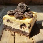 - 24 Oreo cookies, finely crushed - 1/4 cup unsalted butter, melted - 16 oz cream cheese, at room temperature - 1/2 cup powdered sugar - 1 teaspoon pure vanilla extract - 1 cup heavy whipping cream - 8 Oreo cookies, roughly chopped (for filling) - Extra Oreo cookies, crushed, for garnish Oreo cookies give this dessert its classic flavor and crunch. They form both the crust and add texture inside. Cream cheese creates the rich and creamy filling. Make sure it is at room temperature for easy mixing. Powdered sugar sweetens the filling without leaving graininess. Heavy whipping cream provides a light and fluffy texture. It must be whipped to stiff peaks for the best results. Vanilla extract adds a warm, inviting flavor that blends well with the other ingredients. If you want a different crust, use chocolate graham crackers instead of Oreos. For a lighter filling, try Neufchâtel cheese instead of cream cheese. This will cut some fat but keep the taste. You can also swap the heavy whipping cream for coconut cream for a dairy-free option. Add a splash of almond or mint extract if you want a twist on the classic flavor. To start, you will need to make the crust. In a medium bowl, mix 24 finely crushed Oreo cookies with 1/4 cup of melted unsalted butter. Stir until the crumbs are all wet, like wet sand. Next, take this mix and press it into a 9x9-inch baking dish. Use the back of a measuring cup or your fingers to make it even. Make sure it is firm and level. Set this aside while you prepare the filling. Now, let’s make the creamy filling. In a large mixing bowl, beat 16 oz of softened cream cheese with an electric mixer. Mix it until it is smooth and free of lumps. Then, slowly add in 1/2 cup of powdered sugar and 1 teaspoon of pure vanilla extract. Keep mixing until it becomes light and fluffy. In another bowl, whip 1 cup of heavy whipping cream until stiff peaks form. This may take a few minutes. Once it holds its shape, gently fold it into the cream cheese mix. Be careful not to deflate the whipped cream; you want it light and airy. Finally, fold in 8 roughly chopped Oreo cookies for a tasty surprise in every bite. Now, it’s time to assemble. Carefully spread the cream cheese filling over the crust. Use a spatula to smooth the top evenly. Once done, cover the dish with plastic wrap and put it in the fridge. Let it chill for at least 4 hours, or until it is set and firm. After it has chilled, slice it into bars. For a fun touch, sprinkle extra crushed Oreo cookies on top of each slice before serving. Enjoy your delicious no-bake Oreo cheesecake bars! To make a smooth filling, start with room temperature cream cheese. Cold cream cheese can create lumps. Use an electric mixer to beat it well. Mix until it looks creamy and fluffy. Gradually add powdered sugar and vanilla extract. This keeps the mixture light. When you fold in the whipped cream, go slow. Gently mix so you keep that airy texture. For the best whipped cream, chill your bowl and beaters first. This helps the cream whip faster. Pour the heavy whipping cream into the cold bowl. Beat on medium speed until soft peaks form. Then, increase the speed to high. Stop when you see stiff peaks. This means it holds its shape well. Over-whipping can turn it into butter, so watch closely. For a great crust, crush the Oreo cookies finely. Use a food processor for even crumbs. Mix the crushed Oreos with melted butter until it feels like wet sand. Press the mixture firmly into your baking dish. Make sure it’s even and level. This helps the crust hold together when you cut the bars. Let it chill a bit before adding the filling. {{image_4}} You can change the flavor of your cheesecake bars easily. For a mint version, add mint extract to the cream cheese mix. Just a teaspoon will do. For a peanut butter twist, mix in 1/2 cup of creamy peanut butter. This gives a rich taste. You can even swirl in some chocolate or caramel sauce for fun. Experiment with flavors to find your favorite! If you want a lighter dessert, swap some ingredients. Use low-fat cream cheese instead of regular cream cheese. You can also try Greek yogurt for a tangy kick. Replace the heavy cream with a lighter whipped topping. For the crust, use whole grain cookies for added fiber. These changes can still keep your bars tasty and enjoyable. Toppings can make your cheesecake bars pop! Crushed Oreo cookies are classic. You can also use fresh berries like strawberries or raspberries for color. Drizzle chocolate or caramel sauce on top for sweetness. For a crunch, sprinkle some chopped nuts. These easy toppings can turn a simple dessert into a showstopper. Enjoy trying different combinations! To keep your bars fresh, place them in an airtight container. Use a container that fits the bars snugly to avoid movement. If you cannot find one, cover the dish tightly with plastic wrap. Store them in the fridge for up to five days. The bars stay firm and tasty while chilled. If you want to keep them longer, freezing is a great option. Cut the bars into portions first. Wrap each piece in plastic wrap, then place them in a freezer-safe bag. Make sure to remove as much air as possible. You can freeze them for up to three months. When you want to eat them, thaw in the fridge overnight. These bars have a shelf life of about five days in the fridge and three months in the freezer. To enjoy the best flavor and texture, eat them within this time. Always check for any signs of spoilage, like off smells or changes in texture. For the best experience, let them chill properly before serving. Yes, you can. While Oreos add great flavor, any cookie works. Try chocolate chip cookies for a sweeter taste or graham crackers for a lighter crunch. Just crush them finely and mix with melted butter. The key is to make a crust that holds together well. You can tell the cheesecake is set when it feels firm to the touch. After chilling, gently press your finger on the top. If it springs back, it’s ready. You can also check the edges; they should look firm. The center may be slightly soft but will firm up as it chills. Yes, you can make these bars dairy-free! Use dairy-free cream cheese and a plant-based whipping cream. Look for brands that match the taste of regular products. Make sure all cookies are dairy-free as well. This way, everyone can enjoy this treat! This blog post covered all the key steps to make delicious cheesecake bars. We started with the list of ingredients and discussed their details. I provided tips for a smooth filling and a perfect crust. I also shared flavor variations and how to store leftovers. These cheesecake bars are easy to make and fun to enjoy. You can adapt the recipe to fit your taste and preferences. Now, you’re ready to impress your family and friends with these tasty treats. Enjoy baking!