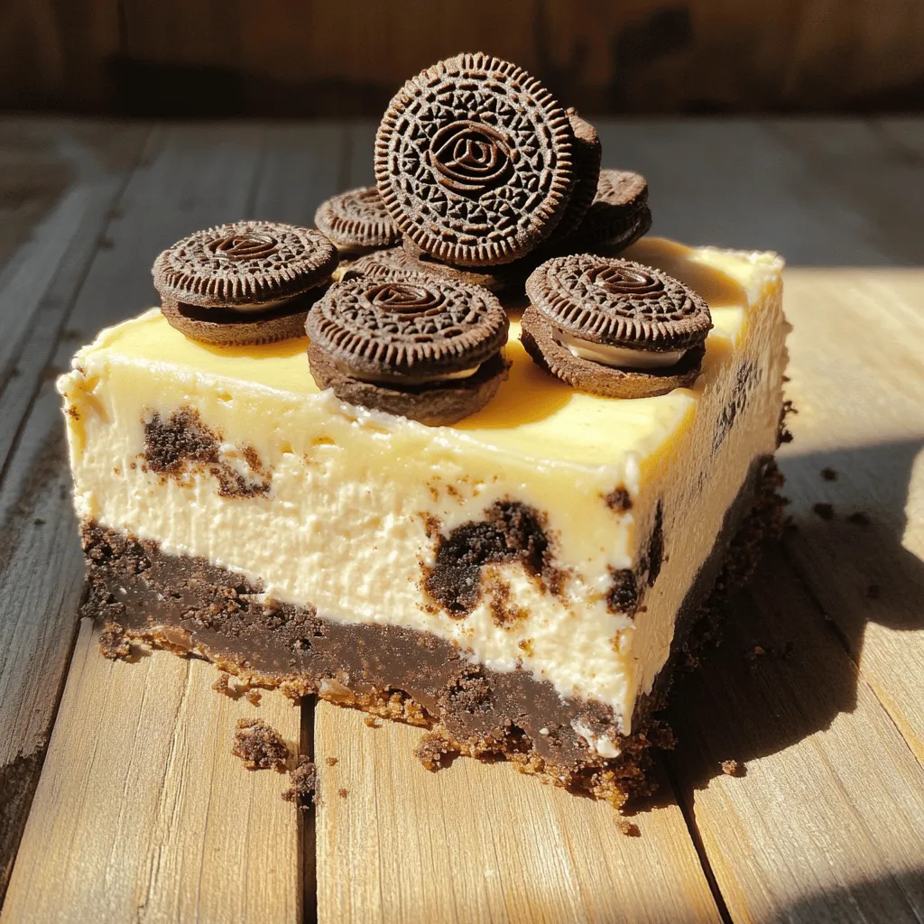 - 24 Oreo cookies, finely crushed - 1/4 cup unsalted butter, melted - 16 oz cream cheese, at room temperature - 1/2 cup powdered sugar - 1 teaspoon pure vanilla extract - 1 cup heavy whipping cream - 8 Oreo cookies, roughly chopped (for filling) - Extra Oreo cookies, crushed, for garnish Oreo cookies give this dessert its classic flavor and crunch. They form both the crust and add texture inside. Cream cheese creates the rich and creamy filling. Make sure it is at room temperature for easy mixing. Powdered sugar sweetens the filling without leaving graininess. Heavy whipping cream provides a light and fluffy texture. It must be whipped to stiff peaks for the best results. Vanilla extract adds a warm, inviting flavor that blends well with the other ingredients. If you want a different crust, use chocolate graham crackers instead of Oreos. For a lighter filling, try Neufchâtel cheese instead of cream cheese. This will cut some fat but keep the taste. You can also swap the heavy whipping cream for coconut cream for a dairy-free option. Add a splash of almond or mint extract if you want a twist on the classic flavor. To start, you will need to make the crust. In a medium bowl, mix 24 finely crushed Oreo cookies with 1/4 cup of melted unsalted butter. Stir until the crumbs are all wet, like wet sand. Next, take this mix and press it into a 9x9-inch baking dish. Use the back of a measuring cup or your fingers to make it even. Make sure it is firm and level. Set this aside while you prepare the filling. Now, let’s make the creamy filling. In a large mixing bowl, beat 16 oz of softened cream cheese with an electric mixer. Mix it until it is smooth and free of lumps. Then, slowly add in 1/2 cup of powdered sugar and 1 teaspoon of pure vanilla extract. Keep mixing until it becomes light and fluffy. In another bowl, whip 1 cup of heavy whipping cream until stiff peaks form. This may take a few minutes. Once it holds its shape, gently fold it into the cream cheese mix. Be careful not to deflate the whipped cream; you want it light and airy. Finally, fold in 8 roughly chopped Oreo cookies for a tasty surprise in every bite. Now, it’s time to assemble. Carefully spread the cream cheese filling over the crust. Use a spatula to smooth the top evenly. Once done, cover the dish with plastic wrap and put it in the fridge. Let it chill for at least 4 hours, or until it is set and firm. After it has chilled, slice it into bars. For a fun touch, sprinkle extra crushed Oreo cookies on top of each slice before serving. Enjoy your delicious no-bake Oreo cheesecake bars! To make a smooth filling, start with room temperature cream cheese. Cold cream cheese can create lumps. Use an electric mixer to beat it well. Mix until it looks creamy and fluffy. Gradually add powdered sugar and vanilla extract. This keeps the mixture light. When you fold in the whipped cream, go slow. Gently mix so you keep that airy texture. For the best whipped cream, chill your bowl and beaters first. This helps the cream whip faster. Pour the heavy whipping cream into the cold bowl. Beat on medium speed until soft peaks form. Then, increase the speed to high. Stop when you see stiff peaks. This means it holds its shape well. Over-whipping can turn it into butter, so watch closely. For a great crust, crush the Oreo cookies finely. Use a food processor for even crumbs. Mix the crushed Oreos with melted butter until it feels like wet sand. Press the mixture firmly into your baking dish. Make sure it’s even and level. This helps the crust hold together when you cut the bars. Let it chill a bit before adding the filling. {{image_4}} You can change the flavor of your cheesecake bars easily. For a mint version, add mint extract to the cream cheese mix. Just a teaspoon will do. For a peanut butter twist, mix in 1/2 cup of creamy peanut butter. This gives a rich taste. You can even swirl in some chocolate or caramel sauce for fun. Experiment with flavors to find your favorite! If you want a lighter dessert, swap some ingredients. Use low-fat cream cheese instead of regular cream cheese. You can also try Greek yogurt for a tangy kick. Replace the heavy cream with a lighter whipped topping. For the crust, use whole grain cookies for added fiber. These changes can still keep your bars tasty and enjoyable. Toppings can make your cheesecake bars pop! Crushed Oreo cookies are classic. You can also use fresh berries like strawberries or raspberries for color. Drizzle chocolate or caramel sauce on top for sweetness. For a crunch, sprinkle some chopped nuts. These easy toppings can turn a simple dessert into a showstopper. Enjoy trying different combinations! To keep your bars fresh, place them in an airtight container. Use a container that fits the bars snugly to avoid movement. If you cannot find one, cover the dish tightly with plastic wrap. Store them in the fridge for up to five days. The bars stay firm and tasty while chilled. If you want to keep them longer, freezing is a great option. Cut the bars into portions first. Wrap each piece in plastic wrap, then place them in a freezer-safe bag. Make sure to remove as much air as possible. You can freeze them for up to three months. When you want to eat them, thaw in the fridge overnight. These bars have a shelf life of about five days in the fridge and three months in the freezer. To enjoy the best flavor and texture, eat them within this time. Always check for any signs of spoilage, like off smells or changes in texture. For the best experience, let them chill properly before serving. Yes, you can. While Oreos add great flavor, any cookie works. Try chocolate chip cookies for a sweeter taste or graham crackers for a lighter crunch. Just crush them finely and mix with melted butter. The key is to make a crust that holds together well. You can tell the cheesecake is set when it feels firm to the touch. After chilling, gently press your finger on the top. If it springs back, it’s ready. You can also check the edges; they should look firm. The center may be slightly soft but will firm up as it chills. Yes, you can make these bars dairy-free! Use dairy-free cream cheese and a plant-based whipping cream. Look for brands that match the taste of regular products. Make sure all cookies are dairy-free as well. This way, everyone can enjoy this treat! This blog post covered all the key steps to make delicious cheesecake bars. We started with the list of ingredients and discussed their details. I provided tips for a smooth filling and a perfect crust. I also shared flavor variations and how to store leftovers. These cheesecake bars are easy to make and fun to enjoy. You can adapt the recipe to fit your taste and preferences. Now, you’re ready to impress your family and friends with these tasty treats. Enjoy baking!