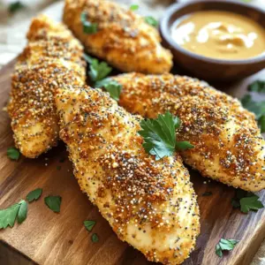 - 1 pound chicken tenders - 1 cup buttermilk - 1 large egg, beaten - Everything bagel seasoning - Panko breadcrumbs - All-purpose flour - 1 teaspoon garlic powder - 1 teaspoon onion powder - 1 teaspoon smoked paprika - Salt and pepper to taste When making Everything Bagel Air Fryer Chicken Tenders, the right ingredients make all the difference. The chicken tenders are the star of this dish. They are juicy and tender, perfect for a quick meal. The buttermilk adds moisture and flavor. It helps the chicken soak up all the good spices. The egg helps the breading stick. It gives the tenders a nice crunch. Panko breadcrumbs provide a light, crispy coating. They are perfect for air frying. Everything bagel seasoning adds a unique twist. It has a mix of flavors, including sesame and poppy seeds. For extra flavor, I use garlic powder, onion powder, and smoked paprika. These spices complement the everything bagel seasoning well. Salt and pepper round out the taste. Together, these ingredients create a tasty dish you will love. In summary, gather these ingredients for a fun cooking adventure. You will enjoy every bite of these tenders! - In a bowl, whisk together 1 cup of buttermilk, 1 teaspoon of garlic powder, 1 teaspoon of onion powder, 1 teaspoon of smoked paprika, and salt and pepper to taste. - Ensure the mixture is smooth and well blended. - Add 1 pound of chicken tenders to the marinade. - Make sure each piece is fully coated. - Cover the bowl and refrigerate for at least 30 minutes. For the best flavor, marinate overnight. - Set up three bowls. - In the first bowl, add 1 cup of all-purpose flour. - In the second bowl, place 1 large beaten egg. - In the third bowl, mix 1 cup of panko breadcrumbs with 3 tablespoons of everything bagel seasoning. - This mix gives the tenders a tasty crunch. - Preheat your air fryer to 400°F (200°C) for around 5 minutes. - Take each chicken tender from the marinade. Let any extra liquid drip off. - Dredge the tender in flour, shaking off the excess. - Dip it into the beaten egg, ensuring it’s fully coated. - Finally, press it into the panko mixture for a good coating. - Lightly spray the air fryer basket with cooking spray to stop sticking. - Place the chicken tenders in a single layer, giving space between them. - Spray the tops of the tenders lightly with more cooking spray. - Cook for 10-12 minutes. Turn the tenders halfway through. - They should be golden brown and reach an internal temperature of 165°F (75°C) when done. - After cooking, let the tenders cool for a few minutes before serving. Marinating chicken tenders makes a big difference. I recommend marinating for at least 30 minutes. For the best flavor, let them sit overnight in the fridge. This lets the spices soak in deeply, giving you juicy, tasty tenders. For dipping sauces, try honey mustard or ranch. These pair well with the seasoned crust. You can also use a spicy mayo for extra kick. To get that crunchy texture, use cooking spray. Lightly coat both the chicken and the air fryer basket. This helps the coating stick and crisp up nicely. When placing the tenders in the air fryer, arrange them in a single layer. Make sure they don’t touch each other. This allows hot air to flow around them, cooking them evenly. Preheating your air fryer is key. Set it to 400°F (200°C) for about 5 minutes before cooking. This helps the chicken start cooking right away and get crispy. Cook time may vary by air fryer model. I suggest checking your tenders at the 10-minute mark. If they aren't golden brown yet, give them a couple more minutes. Always ensure they reach an internal temperature of 165°F (75°C) before serving. {{image_4}} You can change up the flavors with different seasonings. Try using taco seasoning for a fun twist. You can also mix in some ranch seasoning for a creamy taste. For those who like heat, add cayenne pepper or chili powder. Just a pinch will give your chicken tenders a nice kick. If you're gluten-free, swap all-purpose flour with almond flour or coconut flour. Use gluten-free panko for the crispy coating. You can also bake these tenders instead of air-frying. Just place them on a baking sheet and bake at 400°F (200°C) for 20-25 minutes. This keeps them crispy while using less oil. Pair your chicken tenders with tasty side dishes. French fries or a fresh salad work great. You can also serve them with sweet potato wedges for a colorful plate. For a fun twist, use small bowls for dipping sauces like honey mustard or ranch. Garnish with fresh herbs to make the dish pop. After you make the Everything Bagel Air Fryer Chicken Tenders, store them in the fridge. Place cooked tenders in an airtight container. They stay fresh for up to three days. Make sure they cool down before sealing them. This helps keep the crust crispy. For reheating, preheat your air fryer to 350°F (175°C). Place the tenders in a single layer. Heat for about 5-7 minutes. This will bring back their crunch and warmth. You can also use an oven. Lay them on a baking sheet and heat for 10 minutes. You can freeze cooked or uncooked chicken tenders. For cooked tenders, let them cool first. Wrap each tender in plastic wrap. Then, place them in a freezer bag. They last for up to two months in the freezer. If you want to freeze uncooked tenders, coat them as usual but skip the air frying. Lay them on a baking sheet and freeze until solid. Once frozen, transfer them to a freezer bag. They are good for up to three months. To thaw, move the chicken to the fridge overnight. This keeps them safe and tasty. If you're short on time, you can use the microwave. Just be careful not to cook them while thawing. I recommend marinating chicken tenders for at least 30 minutes. For the best flavor, let them sit overnight. This allows the buttermilk and spices to soak in well. The longer they marinate, the juicier and more flavorful they become. Yes, you can use chicken breasts. Cut them into strips that are about the same size as tenders. This helps them cook evenly. Keep in mind that cooking time may be slightly longer for thicker pieces. Always check the internal temperature to ensure they reach 165°F (75°C). Some great dipping sauces include honey mustard, ranch, or BBQ sauce. These sauces add a nice contrast to the savory bagel seasoning. You can also try a creamy garlic dip or a spicy sriracha mayo for a kick. In this post, we explored making Everything Bagel Chicken Tenders. We started with key ingredients like chicken tenders and buttermilk. Then, we walked through easy steps for marinating, coating, and air frying. Tips for flavor and crispiness will help you get it just right. Don't forget the fun of variations and storage tips. Experiment with your favorite dips to make this dish shine. Enjoy your crispy, tasty creation with loved ones!