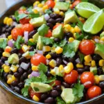 When making Fiesta Black Bean Corn Salad, you need fresh and delightful ingredients. Each one brings unique flavors to the dish. Here’s a list of what you will need: - 1 can (15 oz) black beans, thoroughly rinsed and drained - 1 cup sweet corn (can be fresh, frozen, or canned) - 1 red bell pepper, diced into small cubes - 1 small red onion, finely chopped - 1 jalapeño pepper, seeds removed and minced for heat - 1 cup cherry tomatoes, halved for sweetness - 1 ripe avocado, diced thoughtfully - 1/4 cup fresh cilantro leaves, coarsely chopped - Juice of 2 fresh limes for tanginess - 2 tablespoons extra virgin olive oil for richness - 1 teaspoon ground cumin for warm flavor - Sea salt and freshly cracked black pepper to taste Using these ingredients creates a colorful salad that tastes as good as it looks. The black beans add protein and fiber. Sweet corn adds crunch and sweetness. Each vegetable brings freshness, while lime juice adds a zesty kick. You could also adjust the ingredients based on your taste. Try adding a bit more jalapeño for heat or some diced mango for sweetness. The possibilities are endless! This salad is not only tasty but is also packed with nutrients. Enjoy the burst of flavors with every bite! - Rinse and Drain Black Beans Start by opening the can of black beans. Pour them into a colander. Rinse under cold water until the water runs clear. This step removes extra sodium and keeps the beans fresh. Let the beans drain for a few minutes. - Dice and Chop Vegetables Next, grab your red bell pepper. Cut it into small cubes. Use a sharp knife for clean cuts. Then, finely chop the red onion. The smaller the pieces, the better the flavor blends. For the jalapeño, remove the seeds and mince it finely for some heat. Lastly, halve the cherry tomatoes for sweetness. - Prepare Dressing Ingredients For the dressing, you will need two limes. Squeeze the juice into a small bowl. Add two tablespoons of olive oil, one teaspoon of ground cumin, and a pinch of sea salt and freshly cracked black pepper. Mix these ingredients well to create a smooth dressing. - Combine Base Ingredients In a large mixing bowl, combine the rinsed black beans and sweet corn. This mix forms the hearty base of your salad. The sweetness from the corn pairs perfectly with the beans. - Incorporate Fresh Vegetables Add the diced red bell pepper, chopped red onion, minced jalapeño, and halved cherry tomatoes into the bowl. Stir gently to combine. Be careful not to mash anything. You want to keep the textures intact for a lovely crunch. - Gently Fold in Avocado and Cilantro Now, it's time for the avocado. Cut it into cubes and add it to the salad. Then, add the coarsely chopped cilantro. Use a spatula to gently fold these in. This keeps the avocado pieces whole and adds a fresh flavor to the mix. - Whisk Together Dressing Ingredients In the small bowl, whisk the lime juice, olive oil, cumin, and seasonings again. Make sure everything is well mixed. The dressing should blend smoothly. - Drizzle and Toss Salad Drizzle the dressing over your salad mixture. Toss gently until all the ingredients are coated. Do this carefully to avoid breaking the avocado. - Adjust Seasoning to Taste After tossing, taste the salad. If you want more flavor, add extra salt, pepper, or lime juice. Adjusting now helps balance the flavors before serving. Let the salad sit in the fridge for at least 30 minutes. This allows the flavors to meld together beautifully. Enjoy the burst of color and flavor! - Adjust Seasoning Based on Preference Taste your salad after mixing. If you want more flavor, add more salt, pepper, or lime juice. This salad is flexible. You can make it as zesty or mild as you like. - Recommended Resting Time Let your salad rest in the fridge for at least 30 minutes. This helps the flavors mix well. The longer it sits, the better it tastes. - Serving Suggestions Serve your Fiesta Black Bean Corn Salad in a big, colorful bowl. A vibrant platter also works well. It will catch everyone's eye and make the meal feel festive. - Garnishing Tips Top your salad with sprigs of fresh cilantro and lime wedges. This not only looks great but also adds a zesty touch. Guests can add lime juice if they want more zing. {{image_4}} Other Bean Options You can switch black beans for other beans. Great choices include pinto beans, kidney beans, or chickpeas. Each one adds a different taste and texture. Pinto beans are creamy, while chickpeas are firm. Experiment to see what you like best! Additional Vegetables Feel free to add more veggies to your salad. You can use diced cucumbers, shredded carrots, or even corn salsa. Adding these bright colors boosts the look and taste. Each vegetable brings its own crunch and flavor to the dish. Vegan and Gluten-Free Options This salad is naturally vegan and gluten-free. By using beans and fresh veggies, you can enjoy it worry-free. Just check that your dressing and any packaged ingredients are gluten-free. This way, everyone can dig in without concern. Low-Calorie Modifications Want to cut calories? Use less olive oil in the dressing. You can also reduce the avocado or skip it altogether. Replace it with extra tomatoes or cucumbers for added volume. These swaps keep the salad light and tasty. * Refrigeration Guidelines: Store your Fiesta Black Bean Corn Salad in the fridge. It stays fresh for up to three days. Keep it covered to avoid drying out. The cool air helps keep the flavors vibrant and crisp. * Airtight Containment for Freshness: Use an airtight container. This prevents air from getting in and helps keep the salad fresh. It also stops other smells in the fridge from mixing with your salad. A glass or plastic container with a tight lid works best. * Duration of Freshness: Your salad is best enjoyed within three days. After that, the avocado may brown, and the flavors can fade. If left out at room temperature, eat it within two hours for safety. * Freezing Recommendations: I do not recommend freezing this salad. The texture of fresh ingredients like avocado and tomatoes changes when frozen. They can become mushy when thawed. Make it fresh for the best taste and texture. To boost the heat, add more jalapeño. Start with half a pepper, then taste. If you want it hotter, add more. You can also add red pepper flakes for extra spice. This salad balances heat with cool flavors from the avocado and lime. Yes, you can prepare this salad ahead. I suggest making it a few hours before serving. This gives the flavors time to blend. Just store it in the fridge, covered. If you add avocado, do this right before serving to keep it fresh. This salad pairs well with many dishes. Try it with grilled chicken or fish for a hearty meal. It also goes great with tacos or quesadillas. For a lighter option, serve it with brown rice or quinoa. Enjoy the mix of flavors! This blog post covered how to make a tasty Fiesta Black Bean Corn Salad. You learned about the key ingredients and how to prepare them. The steps for mixing, dressing, and presenting your salad keep it fresh and flavorful. You also found tips, variations, and storage advice to keep your dish at its best. This salad is easy to make and customize to your taste. Enjoy creating your own version!