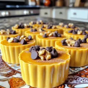 For the No-Bake Pumpkin Spice Protein Cups, you'll need: - 1 cup canned pumpkin puree - 1/2 cup natural peanut butter or almond butter - 1/4 cup honey or maple syrup - 1/2 cup rolled oats - 1/2 cup vanilla protein powder - 1 teaspoon pumpkin spice - 1/4 teaspoon salt You can take your protein cups to the next level with these add-ins: - 1/4 cup dark chocolate chips - 1/4 cup chopped walnuts or pecans Each ingredient in these cups offers great health benefits: - Canned pumpkin puree: Rich in vitamins A and C, it helps your vision and boosts your immune system. - Natural peanut or almond butter: A good source of healthy fats and protein, it keeps you full and satisfied. - Honey or maple syrup: Natural sweeteners that provide quick energy and are full of antioxidants. - Rolled oats: High in fiber, they help with digestion and can lower cholesterol. - Vanilla protein powder: Supports muscle growth and recovery, ideal for active lifestyles. - Pumpkin spice: A mix of spices that adds flavor and has anti-inflammatory properties. - Salt: Enhances flavor and helps balance electrolytes in your body. - Dark chocolate chips: Offers antioxidants and can improve heart health when enjoyed in moderation. - Chopped walnuts or pecans: Provide omega-3 fatty acids, which are good for brain health and heart health. These ingredients create a delicious treat that is both satisfying and nutritious. Enjoy customizing your protein cups to fit your taste! Start by mixing the wet ingredients. In a big bowl, add 1 cup of canned pumpkin puree. Then, add 1/2 cup of peanut or almond butter. Next, pour in 1/4 cup of honey or maple syrup. Use a spoon or spatula to mix everything until it's smooth. You want it to look nice and even. Now, it’s time to add the dry stuff. Gradually add 1/2 cup of rolled oats and 1/2 cup of vanilla protein powder. Don’t forget the 1 teaspoon of pumpkin spice and 1/4 teaspoon of salt. Stir until all the ingredients come together into a thick dough-like mix. Packing the mixture is key for great texture. First, get your muffin tin ready by lining it with paper liners. You can also spray it lightly with non-stick spray. Use a spoon or cookie scoop to fill each cup evenly. Press down firmly on the mixture to pack it tightly. This step helps the cups hold their shape when they chill. Make sure each cup is filled to the top for the best results. Chill your filled muffin tin in the fridge for at least 2 hours. This time helps your protein cups firm up. If you can wait longer, that’s even better! The longer they chill, the more set they become. Once they’re firm, you can take them out and enjoy your tasty treats. To make the best no-bake protein cups, use smooth pumpkin puree. A thick mixture helps them hold together well. Mix your wet ingredients first. This includes pumpkin puree, nut butter, and honey. Stir until smooth. Then, add rolled oats and protein powder slowly. Mixing well helps achieve a dough-like texture. If you want crunch, fold in nuts or chocolate chips last. Presentation matters! Arrange your protein cups on a nice plate. A sprinkle of cinnamon gives a lovely look. Serve them with whipped coconut cream for a richer taste. You can also pair them with fresh fruit for a balanced snack. Enjoy them at breakfast, as a snack, or post-workout treat. Avoid using watery pumpkin puree; it can make your cups fall apart. Don’t skip chilling time. Let them set for at least two hours. This helps them firm up nicely. Also, pack the mixture tightly in the muffin tin. If they’re loose, they won’t hold their shape. Lastly, remember to taste your mixture. Adjust sweetness by adding more honey or maple syrup if needed. {{image_4}} You can easily change the recipe to fit your needs. If you're allergic to nuts, try sunflower seed butter or soy nut butter. For a sweetener swap, use agave syrup instead of honey. If you need a gluten-free option, use certified gluten-free oats. You can also skip the chocolate chips if you're avoiding dairy. While pumpkin spice is great, you can mix it up! Try adding a touch of cocoa powder for a chocolatey twist. You can also use chai spice if you want a warm, spicy kick. Cinnamon alone can work well too, giving you that cozy taste without the extra spices. Making these cups vegan is simple. Just use maple syrup as your sweetener and almond butter. For protein powder, choose a plant-based option. To ensure they are gluten-free, stick with certified gluten-free oats. This way, everyone can enjoy these tasty treats without worry. To keep your No-Bake Pumpkin Spice Protein Cups fresh, store them in an airtight container. This method helps prevent moisture and keeps flavors intact. Place a piece of parchment paper between layers if stacking them. This extra step avoids sticking. If you want to save some for later, freezing is a great option. Wrap each protein cup in plastic wrap or foil. Then, place them in a freezer-safe bag. This way, you can enjoy them for up to three months. When ready to eat, thaw them in the fridge overnight. In the fridge, these protein cups last about five to seven days. Make sure to check for any changes in smell or texture. If they look fine, they are good to eat. Always enjoy your treats at their best! Yes, you can use any protein powder you like. I recommend whey, soy, or pea protein. Just know that different proteins may change the taste and texture. You might need to adjust the liquid if you use a different kind. For a smooth blend, choose a protein powder that mixes well. To make these cups vegan, swap honey for maple syrup. Use plant-based protein powder. Almond butter is a great choice for nut butter. Ensure all ingredients, like chocolate chips, are dairy-free. This way, you create a tasty treat that fits any diet. Pumpkin is a superfood packed with nutrients. It is high in fiber, which helps with digestion. It also contains vitamins A and C, which support your immune health. The antioxidants in pumpkin can help protect your body from damage. Plus, it adds a rich flavor to your protein cups. These no-bake protein cups are simple and fun to make. You learned about key ingredients and optional add-ins that boost flavor. I explained how to mix your ingredients and outlined tips for packing them neatly. You explored variations for allergies and preferences, plus storage tips to keep them fresh. In closing, these protein cups offer a quick, tasty snack that fits your diet. Enjoy making your own and experimenting with flavors!