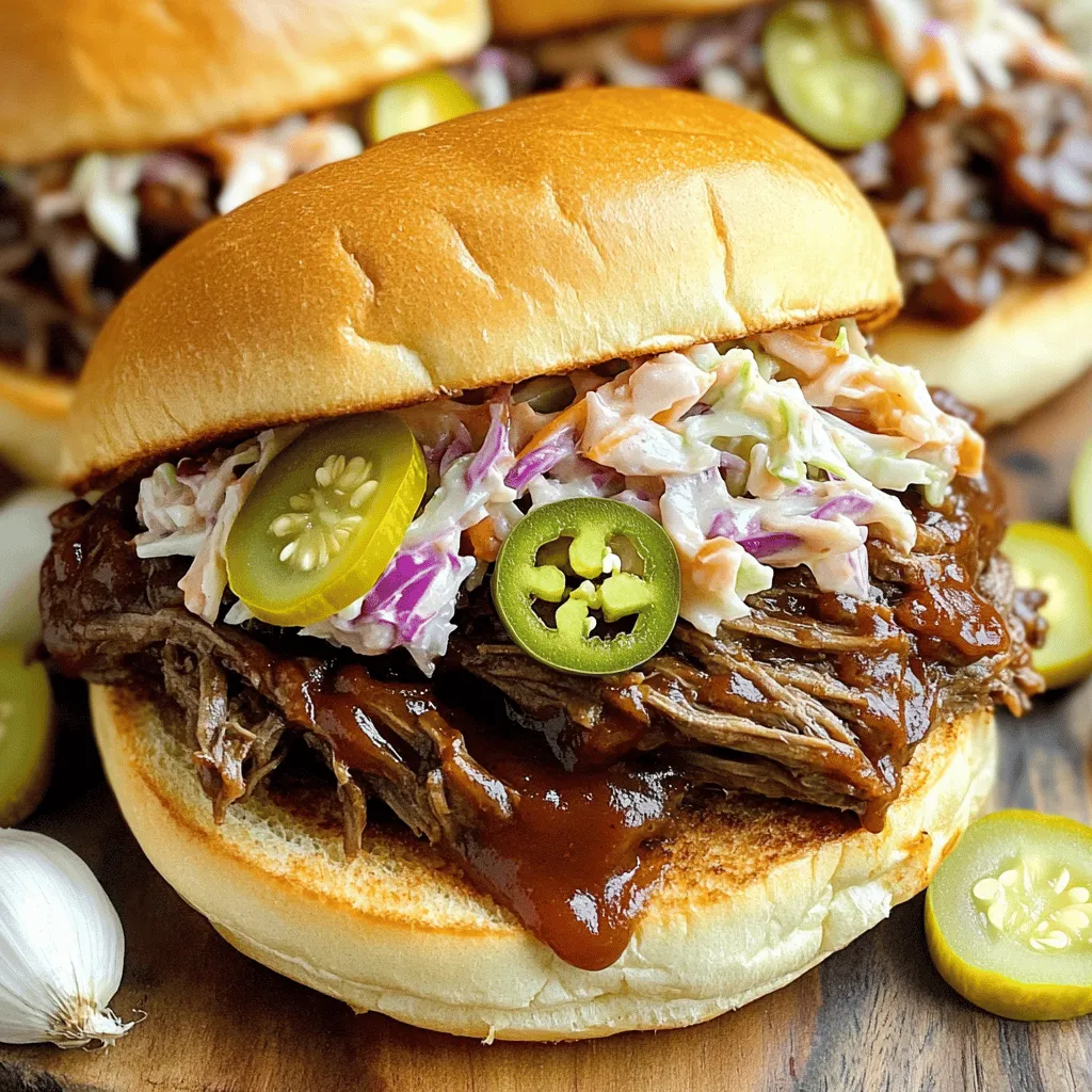 - 2 pounds beef chuck roast - 1 cup beef broth - 1 cup your favorite BBQ sauce - 1 large onion, sliced thinly - 4 cloves garlic, minced finely - 1 tablespoon brown sugar - 1 teaspoon smoked paprika - 1 teaspoon sea salt - 1 teaspoon freshly ground black pepper - Creamy coleslaw - Dill pickles - Sliced fresh jalapeños To make Slow Cooker BBQ Beef Sandwiches, start with quality ingredients. The beef chuck roast gives you a tender base. It cooks well and absorbs flavor. Use beef broth and BBQ sauce for a rich taste. Slice a large onion and mince four cloves of garlic to enhance the dish. For seasonings, brown sugar adds sweetness. Smoked paprika gives a nice depth. Use sea salt and black pepper to season the meat. Mix these ingredients together for a balanced flavor. Optional toppings elevate the meal. Creamy coleslaw adds crunch and freshness. Dill pickles bring tanginess. Sliced fresh jalapeños provide a spicy kick. These toppings let you customize your sandwich just the way you like it! To start, season the beef chuck roast. Use sea salt, black pepper, and smoked paprika. Make sure all sides have a good coat. This step adds deep flavor to your beef. Next, layer the sliced onions in the slow cooker. Place them evenly at the bottom. The onions will create a tasty base for the beef. As the beef cooks, the onions will release their flavor. Now, let’s make the BBQ sauce. In a bowl, mix together beef broth, BBQ sauce, minced garlic, and brown sugar. Whisk until smooth. This sauce will coat the beef and add rich flavor. Once mixed, pour the sauce over the beef in the slow cooker. Ensure the beef is well coated. This helps the flavors blend and enhances the taste. Set the slow cooker to low heat. Cook the beef for about eight hours. It should become fork-tender and easy to pull apart. After cooking, transfer the beef to a plate. Use two forks to shred the beef into pieces. This creates a pulled beef texture. Return the shredded beef to the slow cooker and mix it with the sauce. If you like, you can toast the sandwich buns. Use a toaster or a skillet for this step. Toasting adds crunch and flavor. Now, you are ready to assemble your delicious BBQ beef sandwiches! Marinate the beef for at least 30 minutes. This helps the spices soak in well. You can use homemade BBQ sauce for a fresh taste. Store-bought sauces are convenient but may lack depth. If you choose homemade, try mixing your favorite flavors. Use low heat for a longer, richer flavor. Cooking on low for 8 hours makes the beef tender. If you are short on time, high heat for 4 hours works too. To know when the beef is done, check if it shreds easily with a fork. This shows it’s perfectly cooked. Toast the buns in a toaster or skillet. Lightly buttering them adds flavor. Toasting makes them crispy and holds the beef better. A good bun makes a big difference in your sandwich. Enjoy the crunch along with the juicy beef. {{image_4}} You can switch up the meat in this recipe. Pork or chicken works great too. Just follow the same steps. For pork, a shoulder roast gives a nice flavor. Chicken thighs are juicy and tender when cooked slow. If you prefer plant-based options, use jackfruit or tempeh. They soak up the sauce well. This way, everyone can enjoy a BBQ sandwich. Let your taste buds explore! You can add various spices to change the flavor. Try adding chili powder for heat or cumin for warmth. You can also use different BBQ sauces. Sweet, tangy, or smoky styles can all work. Go for a mustard-based sauce for a twist. Each change gives a new taste to the beef. Think outside the box when serving. You can make open-faced sandwiches. Just pile the beef on one slice of bread. This way, you can see all the tasty toppings. If you have guests, consider sliders. These mini sandwiches are fun and easy to eat. Serve them with a variety of toppings. This makes it a great party dish! To keep your BBQ beef fresh, store it in the fridge. Place the beef in a container with a tight lid. Make sure it cools down first. I like to use glass containers, as they seal well and keep flavors intact. You can also use plastic containers if glass isn’t available. For best results, eat the leftovers within three days. If you want to keep your BBQ beef longer, freezing is a great option. First, let the beef cool completely. Then, place it in freezer bags or airtight containers. Try to remove as much air as possible to avoid freezer burn. When you’re ready to eat, thaw it overnight in the fridge. Reheat it on the stove or in the microwave. Just make sure it heats through evenly. In the fridge, cooked BBQ beef lasts about three to four days. If it smells sour or looks off, it’s time to toss it. Freezing can extend its shelf life to about three months. Always check for signs of spoilage before eating. Fresh, flavorful food makes the best meals! Yes, you can cook this on high heat. When using high heat, reduce the cooking time. Cook the beef for about 4 hours instead of 8. Check the beef to see if it is tender. If it is not, give it more time. You have many tasty options for sides. Here are some ideas: - Kettle-cooked potato chips - Fresh green salad - Coleslaw - Baked beans - Corn on the cob These sides add a nice touch to your meal. They complement the rich flavors of the BBQ beef. To add heat, try these options: - Top your sandwich with sliced fresh jalapeños. - Mix in some hot sauce into the BBQ sauce. - Add a pinch of cayenne pepper when seasoning the beef. These changes will give your sandwiches an extra kick. Enjoy experimenting with flavors to find what you like best! This article detailed how to make delicious BBQ beef sandwiches from scratch. We discussed the main ingredients like chuck roast, broth, and onions, and the seasonings that add great flavor. I offered tips for cooking, variations, and storage to enhance your dish. Remember, experimenting with flavors can lead to new favorites. Try different meats or toppings to make this recipe your own. Enjoy your cooking and happy eating!