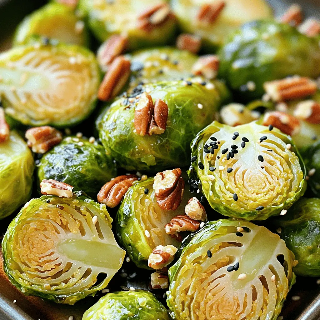 - 1 lb Brussels sprouts, trimmed and halved - 2 tablespoons miso paste (white or yellow) - 3 tablespoons pure maple syrup - 2 tablespoons extra-virgin olive oil - 1 tablespoon soy sauce (or tamari) - 1 cup pecans, roughly chopped - 1 teaspoon garlic powder - Salt and black pepper to taste - 1 teaspoon black sesame seeds (optional) Gather these ingredients to create a delicious dish. Fresh Brussels sprouts are key. Choose sprouts that are firm and bright green. The miso paste adds a savory touch. Maple syrup brings sweetness to balance the flavors. Olive oil and soy sauce enhance the glaze. Pecans provide a crunchy texture. Garlic powder adds depth. Season with salt and pepper for a perfect taste. If you want, sprinkle black sesame seeds for extra flair. Each ingredient plays a role in making your Brussels sprouts shine. - Set the oven temperature to 400°F (200°C). This step warms up the oven for even cooking. - Combine miso paste, maple syrup, olive oil, soy sauce, garlic powder, salt, and pepper. Mix well until it is smooth. This glaze brings rich flavors to the Brussels sprouts. - Toss the halved Brussels sprouts in the miso glaze. Ensure each sprout gets a good coat. This helps them roast nicely and soak up all that flavor. - Spread Brussels sprouts on a parchment-lined baking sheet. This method prevents sticking and helps with easy cleanup. Make sure they are in a single layer to roast evenly. - Sprinkle chopped pecans over the Brussels sprouts. This adds a lovely crunch and nutty flavor. The pecans will toast as they roast, enhancing their taste. - Bake for 20-25 minutes, stirring halfway through. This ensures even cooking and browning. You want the Brussels sprouts to be tender and golden. - Let the Brussels sprouts cool before serving. This short cooling time helps the flavors set. - Optional: garnish with black sesame seeds. This adds a nice visual pop and a bit of extra flavor. For the best Brussels sprouts, you want fresh and firm ones. Look for sprouts that are bright green and small to medium-sized. Larger sprouts may be bitter. Check for any yellow leaves; these indicate age and should be avoided. Fresh sprouts should feel heavy for their size. Adjusting the glaze is key for great flavor. If you want it sweeter, add more maple syrup. For a saltier taste, increase the miso or soy sauce. Taste the glaze before coating the Brussels sprouts. This way, you can tweak it to fit your liking. Remember, balance is important! To ensure even roasting, spread the sprouts in a single layer. This helps them caramelize nicely. Stir them halfway through cooking to avoid burning. If you want extra crispness, let them roast a bit longer. Just keep an eye on them! The goal is tender sprouts with a golden crust. {{image_4}} Want to add some heat? You can sprinkle chili flakes or crushed red pepper on top. This small change makes a big difference. The spice balances the sweet maple and savory miso. Start with a pinch, then taste and add more if you like it spicy. If you don’t have pecans, don’t worry! You can swap them for walnuts or almonds. Walnuts give a rich flavor, while almonds add a nice crunch. Just chop them roughly as you would the pecans. Both options add different textures and tastes to the dish. Looking for a new flavor? You can add citrus zest like lemon or orange. The zest brightens the dish and adds freshness. You can also try different miso types. Red miso has a bolder flavor, while white or yellow is milder. Each choice changes the dish's profile, so feel free to experiment! To store your Miso Maple Brussels Sprouts with Pecans, place them in an airtight container. This keeps them fresh and flavorful. They can last up to four days in the fridge. Make sure to let them cool before sealing the container. This helps avoid excess moisture, which can make them soggy. For the best taste and texture, reheat leftovers in the oven. Preheat the oven to 350°F (175°C). Spread the Brussels sprouts on a baking sheet. Heat for about 10-15 minutes, until warm. This method helps keep them crispy. You can also use a skillet over medium heat for quick reheating. Stir occasionally to warm them evenly. Yes, you can freeze these Brussels sprouts! To do this, let them cool completely. Spread them out on a baking sheet and freeze for about an hour. Once frozen, transfer them to a freezer-safe bag. They can last up to three months in the freezer. When ready to eat, thaw overnight in the fridge before reheating. Yes, you can make Miso Maple Brussels Sprouts vegan. Here are a few tips to keep it plant-based: - Miso Paste: Most miso pastes are vegan. Just check the label. - Maple Syrup: Pure maple syrup is vegan. Always choose 100% pure. - Soy Sauce: Use tamari for a gluten-free vegan option. - Olive Oil: Extra-virgin olive oil is plant-based. You can use other oils too. These swaps keep the dish full of flavor while sticking to vegan diets! Brussels sprouts pair well with many dishes. Here are some great options: - Grains: Serve with quinoa or brown rice for a hearty meal. - Proteins: Try roasted chicken, grilled tofu, or baked salmon on the side. - Salads: A fresh green salad adds crunch and balance. - Starch: Mashed potatoes or sweet potatoes work nicely too. These pairings create a tasty and balanced meal! You can tell when Brussels sprouts are cooked by looking for a few signs: - Color: They should be a bright green with some golden brown edges. - Tenderness: A fork should easily pierce through the sprouts. - Caramelization: Look for a nice, crispy outer layer from roasting. These indicators help ensure you get perfectly roasted Brussels sprouts every time! This blog post shared a tasty recipe for Miso Maple Brussels sprouts. You learned about the key ingredients, like Brussels sprouts, miso paste, and maple syrup. I offered step-by-step instructions to help you create this dish. You also discovered tips for selecting fresh sprouts and variations to add excitement. In closing, these Brussels sprouts are easy to make and full of flavor. They can fit into many meals and please different tastes. I hope you enjoy making and sharing this dish with others. Your cooking adventures can start now!