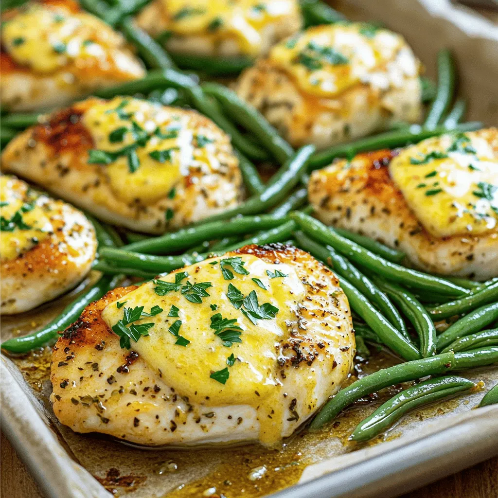 - 4 boneless, skinless chicken breasts - 1 pound fresh green beans, trimmed - 1/2 cup unsalted butter, melted - 5 cloves garlic, minced - 2 teaspoons dried Italian herb blend - 1 teaspoon sweet paprika - 1 teaspoon sea salt - 1/2 teaspoon black pepper - Juice of 1 lemon - Fresh parsley for garnish When I create this dish, I focus on using fresh and simple ingredients. The chicken breasts are the main event here. They soak up all the flavors from the garlic butter. The green beans add a nice crunch and color, too. The melted butter is key. It gives a rich taste to the chicken and green beans. I always use unsalted butter to control the saltiness. Fresh garlic brings a strong aroma and flavor. You can’t skip this step; it makes the dish shine. I like to add Italian herbs to bring depth. They work well with chicken and green beans. Sweet paprika adds a hint of sweetness and color. The sea salt and black pepper balance the dish, making every bite tasty. Don’t forget the lemon juice! It adds brightness and cuts through the richness of the butter. Finally, I use fresh parsley for a pop of color. It makes the dish look vibrant and fresh. Gather these ingredients, and you're ready to make a savory meal that everyone will love. 1. Preheat your oven and prepare the baking sheet Start by preheating your oven to 400°F (200°C). This ensures even cooking. Line a large baking sheet with parchment paper for easy cleanup. 2. Prepare the garlic butter sauce In a medium bowl, mix the melted butter, minced garlic, dried Italian herbs, sweet paprika, sea salt, black pepper, and lemon juice. Whisk until smooth. This sauce adds rich flavor to the chicken and green beans. 1. Positioning the chicken on the baking sheet Place the chicken breasts on one side of the baking sheet. Pour half of the garlic butter mixture over the chicken. Make sure each breast is well-coated for great taste. 2. Adding green beans and sauce On the other side of the sheet pan, arrange the trimmed green beans in a single layer. Drizzle the rest of the garlic butter mixture over the green beans. Toss them gently to coat them well. This will make the beans savory and delicious. 1. Baking time and temperature Bake the sheet pan in your preheated oven for about 25-30 minutes. Check that the chicken reaches an internal temperature of 165°F (75°C). The green beans should be fork-tender. 2. Resting time for chicken before serving After baking, remove the sheet pan from the oven. Let the chicken rest for about 5 minutes. This step helps the juices settle in the chicken, making it juicy and tender. To ensure even cooking, space the chicken and green beans apart. This helps hot air move freely. Check the chicken for doneness by using a meat thermometer. The internal temperature should reach 165°F (75°C). You can also cut into a piece of chicken. The meat should be white with no pink inside. Serving straight from the baking sheet gives a fun, rustic look. If you want a fancier feel, transfer everything to a large platter. For a bright touch, add lemon wedges on the side. A sprinkle of fresh parsley also adds color and flavor. {{image_4}} You can easily switch up the chicken in this recipe. Try using chicken thighs instead of breasts. Thighs are juicier and can add more flavor to your dish. They also stay tender during cooking, which is a big plus. You can also swap out the green beans. Bell peppers add a sweet crunch. Broccoli gives a nice color and holds up well in the oven. Feel free to mix and match your favorite veggies. Want some heat? Add red pepper flakes to the garlic butter sauce. This will give your dish a nice kick. You can also explore different herbs. Try using Herbes de Provence for a fragrant touch. This blend includes thyme, basil, and savory, all of which enhance the chicken's taste. Experimenting with these swaps and flavors allows you to tailor the dish to your liking. Enjoy creating your perfect sheet-pan meal! To keep your garlic butter chicken fresh, store leftovers in an airtight container. This helps lock in moisture and flavor. You should place the chicken and green beans together in the same container. They taste great when mixed. In the fridge, your leftovers will last for about three to four days. This gives you enough time to enjoy the meal again. If you don't think you'll eat it within that time, consider freezing it. When reheating your chicken and green beans, the best method is to use an oven. Preheat your oven to 350°F (175°C). Place the dish on a baking sheet and cover it with foil. This keeps the chicken moist and prevents it from drying out. Heat for about 15-20 minutes. You can also use a microwave if you're in a hurry. Place the food in a microwave-safe dish and cover it with a damp paper towel. This keeps the moisture in. Heat it in short bursts, about 1-2 minutes at a time, until hot. To maintain texture and flavor, avoid reheating more than once. This keeps your meal tasty and safe to eat! Can I make this recipe ahead of time? Yes, you can prep the chicken and green beans ahead of time. Just store them in the sauce and keep them in the fridge for up to 24 hours. When ready to cook, simply bake them straight from the fridge. What can I serve with Sheet-Pan Garlic Butter Chicken? This dish pairs well with rice or crusty bread. You can also serve a simple salad on the side for a fresh touch. What is the calorie count per serving? Each serving of this meal has about 400 calories. This can vary based on the size of your chicken breasts and the amount of butter used. Is this dish gluten-free? Yes, this dish is gluten-free. All the ingredients used are naturally free from gluten, making it a safe choice for those with gluten sensitivities. Can I use frozen green beans for this recipe? Yes, you can use frozen green beans. Just add a few extra minutes to the cooking time to ensure they heat through properly. How do I adapt this recipe for a smaller or larger group? For smaller servings, cut the recipe in half. For larger groups, simply double the ingredients. Just be sure not to overcrowd the pan, as this can affect cooking time. This blog post covered a delicious sheet-pan garlic butter chicken recipe. We discussed essential ingredients, like chicken, green beans, and butter. You learned step-by-step instructions for preparing and baking the meal. I shared cooking and presentation tips, plus ideas for variations and storage. In summary, this dish is tasty and easy to make. You can customize it to fit your taste. Enjoy cooking and sharing this meal with others!