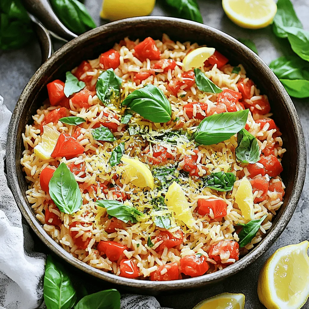 To make a tasty Tomato Basil Rice Skillet, gather these key items: - 1 cup long-grain rice - 2 cups vegetable broth - 1 can (14 oz) diced tomatoes, with juices - 1 tablespoon olive oil - 1 small onion, finely chopped - 2 cloves garlic, minced - 1 teaspoon dried oregano - Salt and pepper to taste - ½ cup fresh basil leaves, chopped - Zest of 1 lemon These ingredients create a bright and flavorful dish. The rice absorbs the broth and tomato juices well. Each bite offers a mix of herbs and a hint of lemon. You can enhance this dish with a few optional ingredients: - ½ cup grated Parmesan cheese - A pinch of red pepper flakes for heat - Extra vegetables, like bell peppers or zucchini Adding Parmesan cheese can make the dish creamier. Red pepper flakes offer a nice kick if you enjoy spice. When choosing fresh basil, look for vibrant green leaves without brown spots. The leaves should smell fragrant. For tomatoes, choose ones that feel firm and heavy for their size. Ripe tomatoes should also have a sweet aroma. These tips ensure your dish bursts with fresh flavor. Start by warming the olive oil in a large skillet over medium heat. Once hot, add the finely chopped onion. Sauté the onion for about 3-4 minutes. You want it soft and translucent. Stir occasionally to avoid burning. Next, add the minced garlic and dried oregano. Sauté for one more minute. The garlic should smell great but not brown. This step builds a strong base of flavor for your dish. Pour the uncooked long-grain rice into the skillet. Stir it well to coat it with the oil and onion mix. This toasting step adds a nice, nutty flavor to the rice. Toast the rice for about 2 minutes. Stir frequently to keep it from sticking. You want it to be lightly toasted, which will make your dish taste even better. Now it’s time to add the vegetable broth and diced tomatoes with their juices. Season the mixture with salt and pepper to your taste. Increase the heat to bring the mixture to a gentle boil. Once it boils, reduce the heat to low. Cover the skillet with a lid. Let it simmer for 15-20 minutes. Check it occasionally to ensure it’s not sticking. When the rice is tender and the liquid absorbs, it’s ready. After cooking, stir in the fresh basil, lemon zest, and Parmesan cheese if you like. Mix gently to combine all the flavors. Use a fork to fluff the rice carefully. This helps distribute the basil evenly. Enjoy your flavorful and quick meal! To cook rice perfectly, use the right water-to-rice ratio. For this recipe, I use 2 cups of broth for every 1 cup of rice. Always rinse the rice under cold water before cooking. This removes excess starch and helps the rice stay fluffy. When cooking, bring the mix to a gentle boil and then cover it. Lower the heat and let it simmer. This keeps the steam in and cooks the rice evenly. After cooking, let it sit covered for a few minutes before fluffing it with a fork. This resting time makes a big difference. Herbs and spices are key for great flavor. In this dish, I add dried oregano with the onion and garlic. It gives a warm, earthy taste. Fresh basil adds a bright, refreshing note. Don’t be shy with the basil; use a generous half cup. If you want more depth, consider adding a pinch of red pepper flakes for heat or a squeeze of lemon juice for brightness. Experiment with your favorite herbs to make it your own. Presentation is important. I like to serve the rice directly in the skillet. It looks rustic and inviting. Before serving, sprinkle extra basil on top for color. A light dusting of Parmesan cheese adds a nice touch. You can also add lemon wedges on the side. This gives a fresh pop when squeezed over the dish. Make it fun and appealing to the eyes! {{image_4}} You can add protein to your Tomato Basil Rice Skillet. Chicken, shrimp, or tofu work great. For chicken, use diced breast or thighs. Cook it until golden before adding the onion. For shrimp, toss them in right after the garlic. They only need a few minutes until pink. If you choose tofu, use firm tofu and sauté it until crispy. Each option adds flavor and makes this dish more filling. This dish is vegetarian-friendly already. To make it vegan, simply leave out the Parmesan cheese. You can also add more veggies like bell peppers, zucchini, or spinach. These ingredients add color and nutrition. Use vegetable broth to keep it vegan. You can also add chickpeas for extra protein. This way, you keep it healthy and hearty. Rice is great, but you can switch it up! Quinoa is a tasty choice. It cooks fast and adds a nutty flavor. Barley is another option, bringing a chewy texture. For a gluten-free meal, use cauliflower rice. It cooks quickly and absorbs flavors well. Each grain gives a unique twist to your Tomato Basil Rice Skillet. To keep your Tomato Basil Rice Skillet fresh, let it cool first. Then, place it in an airtight container. Make sure to seal it well. You can store it in the fridge for up to three days. If you want to enjoy it later, freezing is a great option. Just follow the freezing steps below for the best results. When you’re ready to enjoy your leftovers, you can reheat them on the stove. Add a splash of vegetable broth or water to keep it moist. Heat over medium-low heat, stirring often until warm. You can also use the microwave. Place the rice in a microwave-safe dish and cover it. Heat in short bursts, stirring in between. This will help it heat evenly. For freezing, pack the cooled rice into airtight freezer bags. Make sure to remove as much air as possible before sealing. Label the bags with the date. You can freeze it for up to three months. When you’re ready to eat it, thaw it overnight in the fridge. Reheat it as mentioned above for the best flavor. Enjoy your meal! Yes, you can use brown rice. It takes longer to cook. Use about 2 ½ cups of vegetable broth for better moisture. Brown rice adds a nutty flavor. Just remember to check the rice often as it cooks. If you want a substitute for Parmesan cheese, try nutritional yeast. It gives a cheesy flavor but is dairy-free. You can also use pecorino cheese or a vegan cheese blend. These options work well and keep the dish tasty. To add spice, consider adding red pepper flakes. A pinch will give a nice kick. You can also use diced jalapeños or a dash of hot sauce. These additions will enhance the flavor without overwhelming the dish. In this post, we explored how to make a tasty Tomato Basil Rice Skillet. We covered essential and optional ingredients, guiding you on selecting fresh basil and tomatoes. The step-by-step instructions ensured you know how to prepare, toast, and simmer the dish perfectly. With helpful tips for cooking rice and adding flavor, you'll impress anyone with your dish. Don’t forget the variations with proteins and grains, plus smart storage ideas for leftovers. Enjoy creating and sharing this delicious meal that’s sure to please!