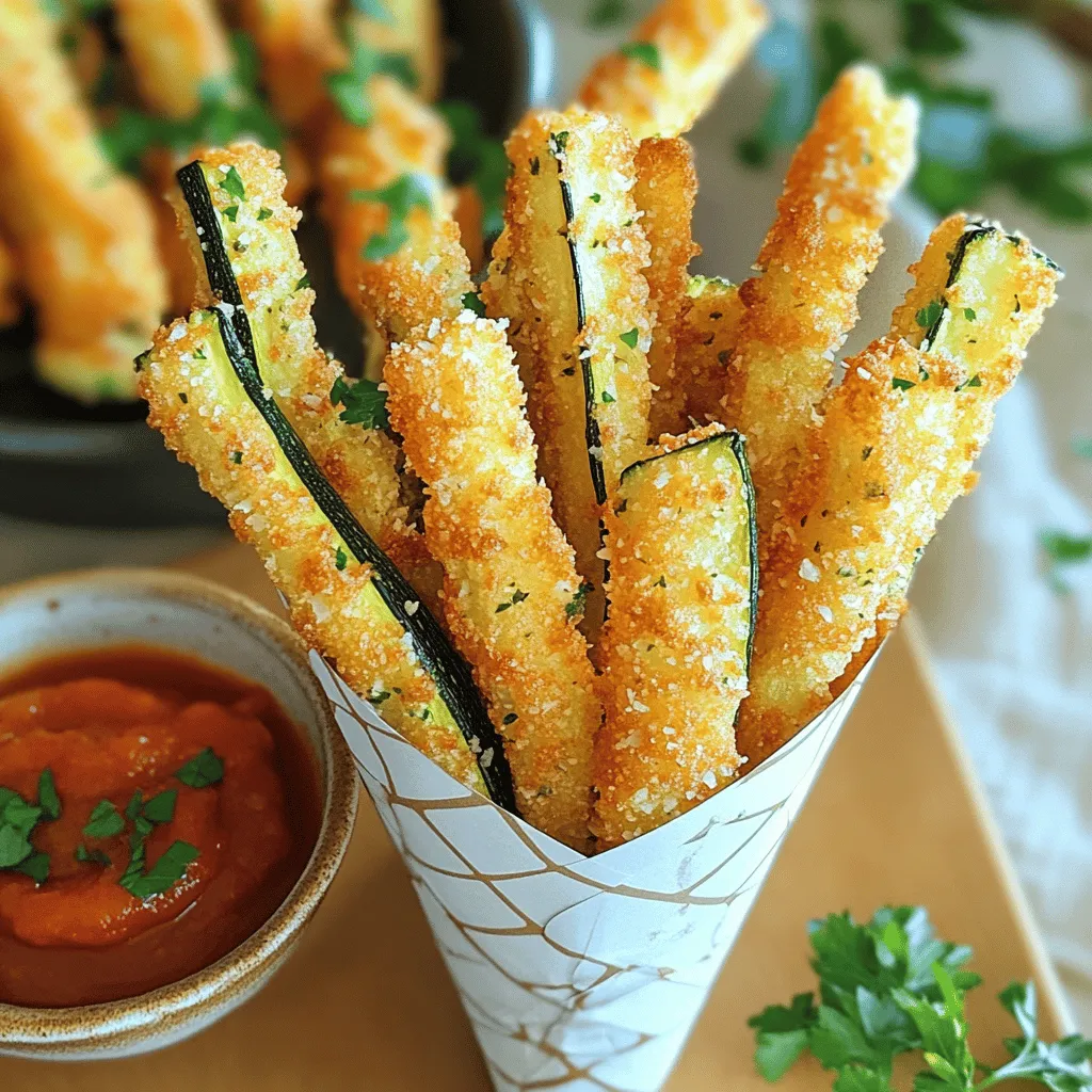 - 2 medium zucchinis, cut into 1/4-inch thick sticks - 1 cup panko breadcrumbs - 1/2 cup freshly grated Parmesan cheese - 1 teaspoon garlic powder - 1 teaspoon Italian seasoning - 2 large eggs - Salt and pepper, to taste - Olive oil spray Zucchini is the star of this dish. It adds a fresh taste and a nice crunch. Choose firm zucchinis for the best results. Panko breadcrumbs create an extra crispy coating. They are lighter than regular breadcrumbs. Freshly grated Parmesan cheese gives a rich flavor and enhances the crispiness. Garlic powder and Italian seasoning add savory notes. Use fresh herbs if you want a bolder taste. - 1 cup = 240 ml - 1/2 cup = 120 ml - 1 teaspoon = 5 ml - 2 large eggs = about 100 grams Knowing these conversions can help if you want to adjust the recipe’s size. Always remember to keep the ratios consistent for the best outcome. First, preheat your oven to 425°F (220°C). This step is key for crispy fries. Line a baking sheet with parchment paper. This will save you time on cleanup later. In a shallow bowl, combine the panko breadcrumbs, grated Parmesan cheese, garlic powder, and Italian seasoning. Add a pinch of salt and pepper for flavor. Mix everything well. You want all the dry ingredients to blend nicely. In another bowl, crack the two eggs and whisk them together until smooth. Take each zucchini stick and dip it into the egg. Let the extra egg drip off. Next, place the stick in the breadcrumb mix and press gently. This helps the coating stick. Lay the coated sticks on the baking sheet in one layer. Make sure they don’t touch. Lightly spray the coated zucchini fries with olive oil. This makes them nice and crispy. Place the baking sheet in the oven and bake for 20-25 minutes. Flip the fries halfway through for even crisping. They should turn golden brown when done. Once baked, let them cool for a few minutes before serving. Enjoy your crispy Parmesan zucchini fries! To make your zucchini fries super crispy, use panko breadcrumbs. They add a great crunch. Lightly spray the fries with olive oil before baking. This helps them brown nicely. Flip them halfway through baking to get even crispiness. Bake at 425°F for a perfect golden finish. Choose firm zucchinis for the best results. Cut them into 1/4-inch thick sticks. This size helps them cook evenly and get crispy. Make sure to pat the zucchini dry with a paper towel. This step removes excess moisture that can make them soggy. If your fries are thicker, add a few extra minutes to the cooking time. For thinner fries, check them a bit earlier. Each oven may cook differently, so keep an eye on them. They are done when they are golden brown and crispy. Enjoy your tasty snack! {{image_4}} You can spice up your crispy zucchini fries with various seasonings. Instead of Italian seasoning, try Cajun spice for a kick. You can also use smoked paprika for a smoky flavor. For a herby taste, mix in some dried oregano or thyme. If you like a bit of heat, add a pinch of cayenne pepper. Experimenting with different spices makes each batch unique! While Parmesan is delicious, you can use other cheeses too. Try grated mozzarella for a gooey texture. You can also use cheddar for a sharper flavor. For a twist, mix in some crumbled feta or goat cheese. Each cheese gives a different taste and texture, making the fries fun and tasty. The oven is great, but you can also make these zucchini fries in an air fryer. This method cooks them faster and gives them a nice crunch. Set your air fryer to 400°F (200°C) and cook the fries for about 10-12 minutes. Shake the basket halfway for even cooking. You can also pan-fry them in a skillet with a little oil for a crispy outside. Each method has its charm and will delight your taste buds! To keep your crispy zucchini fries fresh, let them cool first. Then, place them in an airtight container. They stay good in the fridge for up to three days. Make sure to layer them with paper towels. This absorbs extra moisture and keeps them crisp. To reheat, I suggest using an oven. Preheat it to 375°F (190°C). Spread the zucchini fries on a baking sheet. Bake for about 10 minutes. This helps restore their crunch. Avoid the microwave, as it can make them soggy. If you want to freeze the zucchini fries, do it before baking. Coat them as you would for baking, then spread them in a single layer on a baking sheet. Freeze for a few hours until solid. Transfer them to a freezer bag. They can stay frozen for up to three months. When ready to cook, bake them straight from the freezer. Just add a few extra minutes to the baking time. Yes, you can use regular breadcrumbs. They will work in this recipe. However, panko gives a lighter, crispier texture. If you want that crunch, stick with panko. Zucchini fries taste great with several sauces. Here are some popular options: - Marinara sauce - Ranch dressing - Garlic aioli - Spicy ketchup Try them all to find your favorite! To make this recipe gluten-free, swap out regular panko for gluten-free panko. Ensure all other ingredients are gluten-free as well, like the eggs and Parmesan. This way, you can enjoy the fries without worry! Yes, you can prep the zucchini fries ahead of time. After coating them, store them in the fridge for a few hours. Baking them fresh gives the best crunch. If you need to store them longer, freeze the unbaked fries. Just bake them when you're ready! This blog post covered everything you need for a perfect zucchini fry recipe. We went through the ingredients, step-by-step instructions, and tips for crispiness. You learned about variations and how to store leftovers too. Remember, zucchini fries can be fun and easy to make. Try different seasonings or cooking methods to find your favorite. Enjoy your cooking and share these tips with friends for a delicious treat!