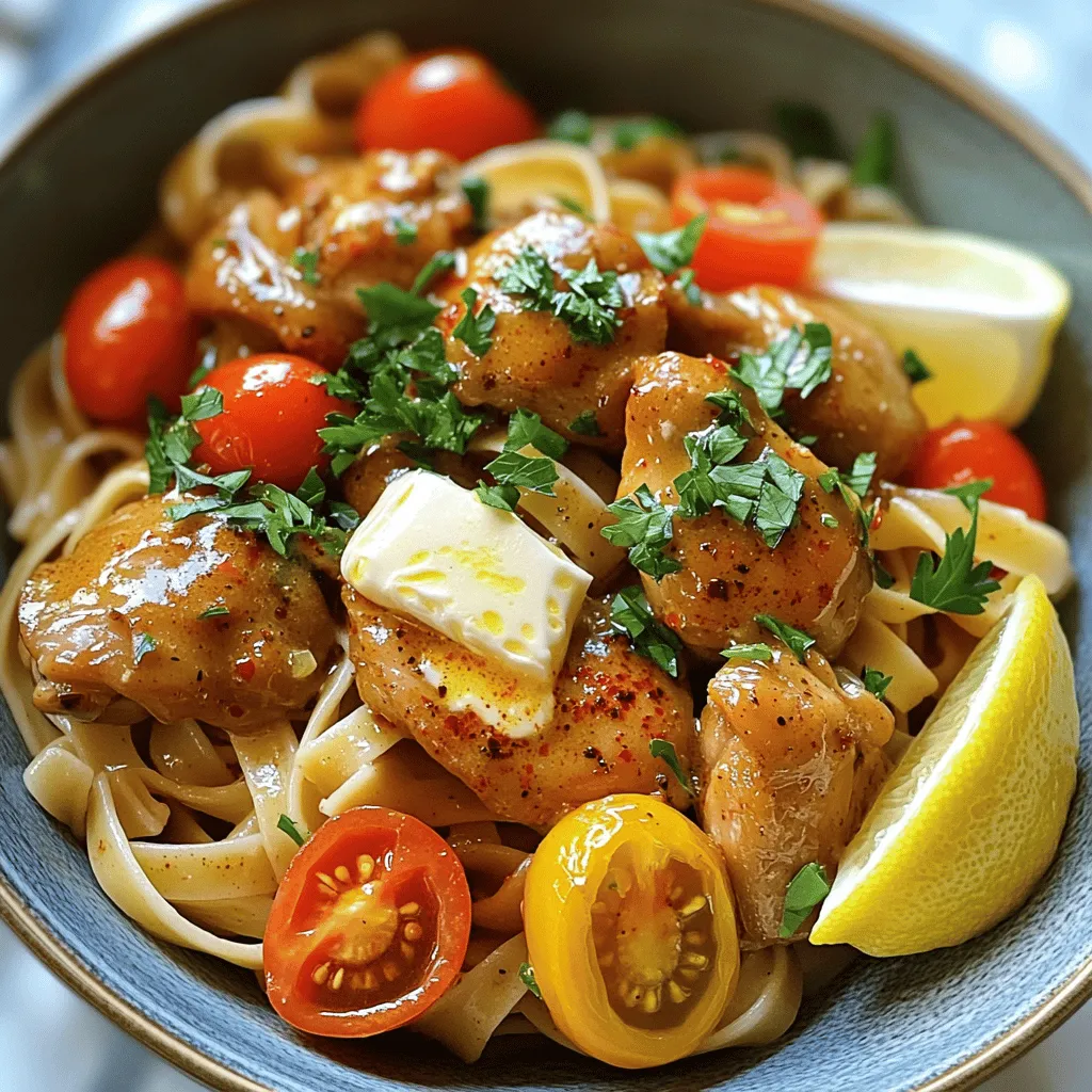 - 1 lb boneless, skinless chicken thighs - 8 oz linguine pasta - 1/2 cup unsalted butter The main ingredients create a rich base for our Cowboy Butter Chicken Linguine. Chicken thighs give the dish a juicy bite. I choose linguine pasta for its flat shape, which holds sauce well. Unsalted butter adds creaminess and depth to the flavor. - 1 teaspoon smoked paprika - 1 teaspoon chili powder - 1 teaspoon dried oregano Spices bring life to this dish. Smoked paprika gives a warm, smoky taste. Chili powder adds a hint of heat without overpowering the dish. Dried oregano adds earthiness and pairs well with chicken. - 4 cloves garlic - 1/2 cup cherry tomatoes - 1/4 cup fresh parsley - 1/4 cup lemon juice Fresh ingredients brighten up the meal. Garlic adds a strong, savory note. Cherry tomatoes burst with sweetness, adding color and flavor. Fresh parsley brings a pop of green and freshness. Lemon juice balances the richness with a zesty kick. To cook linguine al dente, bring a large pot of salted water to a boil. Add the linguine and cook according to the package instructions. It usually takes about 8-10 minutes. The pasta should be firm but not hard. When the pasta is ready, reserve about 1/2 cup of the pasta water. This starchy water helps adjust the sauce later. Then, drain the rest of the water and set the pasta aside. In a large skillet, melt 1/2 cup of unsalted butter over medium heat. Watch it closely until it bubbles gently. Next, add 4 minced garlic cloves to the skillet. Sauté for about 1-2 minutes. Be careful not to let the garlic brown. Browned garlic can taste bitter. After the garlic, add 1 teaspoon each of smoked paprika, chili powder, and dried oregano. Stir for another minute to let the spices bloom. This step infuses the butter with rich flavors. Now, increase the heat to medium-high. Add 1 pound of bite-sized chicken thighs to the skillet. Season the chicken well with salt and pepper. Cook the chicken for about 6-8 minutes. Stir occasionally until it turns golden brown and is fully cooked through. Make sure it reaches an internal temperature of 165°F (75°C). Once the chicken is cooked, pour in 1/2 cup of chicken broth and 1/4 cup of fresh lemon juice. Use a wooden spoon to scrape any tasty bits from the skillet. Let the mixture simmer gently for 2-3 minutes. This helps meld all the flavors together. Then, carefully fold in the halved cherry tomatoes and the cooked linguine. Toss everything well to mix. If your dish seems too thick, add a little reserved pasta water at a time until you reach your desired consistency. Finish by stirring in 1/4 cup of freshly chopped parsley. If you like heat, sprinkle in some red pepper flakes. Taste and adjust the seasoning if needed. - Avoiding bitter garlic: Cook the garlic until it's fragrant. This takes about 1-2 minutes. If it turns brown, it will taste bitter. Always keep an eye on it! - Achieving the perfect sauce consistency: Start with the starchy pasta water. Add it little by little to the sauce. This helps you get the right thickness for your dish. - Adjusting seasoning to taste: Always taste your dish before serving. Add more salt, pepper, or lemon juice if needed. This helps balance the flavors. - Suggestions for additional spices: Try adding cayenne pepper for heat or Italian herbs for more flavor. Experiment to find your favorite mix! - Serving suggestions for a visually appealing dish: Use warm bowls to serve. This keeps the dish hot and inviting. - Garnishing with parsley and lemon: Top the dish with fresh parsley. A lemon wedge on the side adds color and brightness. It makes the meal look fresh and delicious! {{image_4}} Alternatives to chicken thighs You can use chicken breasts instead. They are leaner but still tasty. If you want a different protein, try shrimp or tofu. Both options add unique flavors. Using different pasta types Linguine works well, but you can swap it for spaghetti or fettuccine. If you want a lighter meal, try zucchini noodles or whole wheat pasta for a healthier twist. Gluten-free options For a gluten-free version, choose gluten-free pasta. There are many brands that taste great. This makes the dish safe for those with gluten allergies. Vegetarian variations You can create a vegetarian dish by omitting the chicken. Instead, use chickpeas or mushrooms for protein. These ingredients add texture and flavor, making it still delicious. Adding different vegetables You can mix in veggies like spinach, bell peppers, or broccoli. These add color and nutrients. Plus, they make the dish more filling and exciting. Incorporating various herbs Try using basil or thyme instead of parsley. Each herb brings its own taste. Experiment to find your favorite combo that makes the dish shine. To keep your cowboy butter chicken linguine fresh, store it properly. First, let it cool completely. Then, place it in an airtight container. You can keep it in the fridge for up to 3 days. Make sure to label the container with the date. If you want to freeze it, use a freezer-safe container. You can freeze the dish for up to 3 months. When freezing, avoid adding fresh parsley or tomatoes. These ingredients do not freeze well and can affect texture. To reheat your cowboy butter chicken linguine, the best method is using a skillet. Add a splash of water or chicken broth to the pan. Heat over medium-low until warmed through. Stir often to avoid burning. You can also use the microwave. Place the dish in a microwave-safe bowl. Cover it with a damp paper towel and heat in short bursts. Stir between intervals to keep the texture nice. This helps maintain the flavor and keeps the chicken moist. Can I use chicken breast instead of thighs? Yes, you can use chicken breast. It will cook faster than thighs. Just cut it into bite-sized pieces. Cook it for about 5-7 minutes. This will help keep it juicy. How can I make this dish spicier? Add red pepper flakes for heat. You can also include fresh chopped jalapeños. Another option is to use spicy chili powder. Adjust the amount to your taste. What if I don’t have smoked paprika? If you lack smoked paprika, use regular paprika instead. It won't have the same smoky flavor but will still work. You can also add a dash of liquid smoke for a hint of smokiness. Can I substitute lemon juice with vinegar? Yes, you can use vinegar. Use white vinegar or apple cider vinegar. Start with half the amount and taste as you go. This will balance the flavors without overpowering the dish. How long does it take to prepare? The prep time is about 10 minutes. Cooking the dish takes around 20 minutes. In total, you will spend about 30 minutes. What if I have leftover chicken? If you have leftover chicken, use it in this dish! Just warm it in the sauce. This will save time and add great flavor. You can also use it in salads or sandwiches. In this post, we explored how to make a delicious cowboy butter chicken linguine. We covered the key ingredients, from chicken thighs to fresh garlic. The step-by-step guide showed how to cook pasta and chicken perfectly. I shared helpful tips for flavor and presentation. You can also try variations to suit your taste. Store leftovers properly to enjoy later. With these insights, you can create a satisfying meal that everyone will love. Enjoy cooking and experimenting with this recipe!