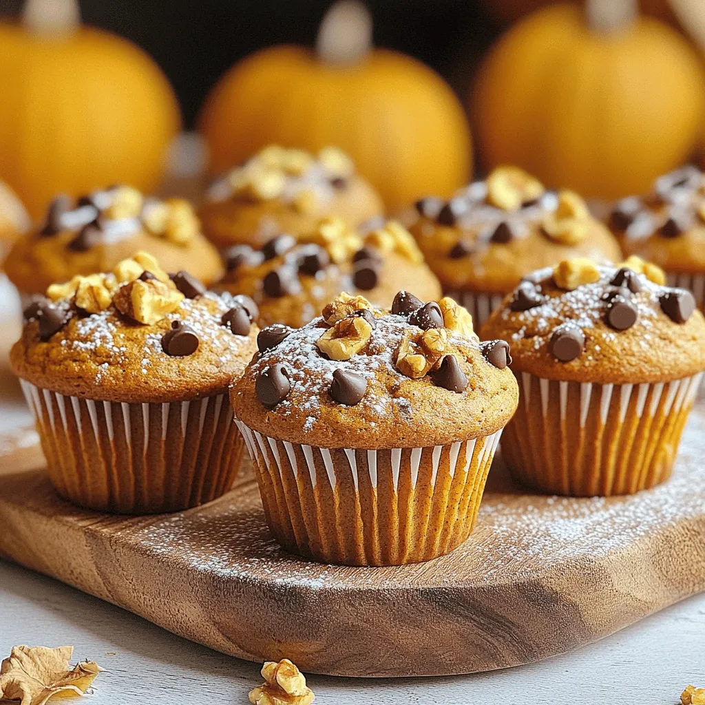 - 1 cup pumpkin puree - 1/2 cup granulated sugar - 1/2 cup brown sugar, packed - 1/3 cup vegetable oil - 2 large eggs - 1 teaspoon pure vanilla extract - 2 cups all-purpose flour - 1 teaspoon baking soda - 1/2 teaspoon baking powder - 1 teaspoon ground cinnamon - 1/2 teaspoon ground nutmeg - 1/4 teaspoon ground ginger - 1/4 teaspoon salt - 1/2 cup chopped walnuts or pecans (optional) - 1/2 cup chocolate chips (optional) This recipe shines with pumpkin puree. It gives the muffins a moist texture. The sugars add sweetness. I use both granulated and brown sugars for depth of flavor. The brown sugar has notes of caramel that really make these muffins special. Vegetable oil keeps the muffins tender. I like to add eggs for structure and moisture. The vanilla extract enhances the flavor. The dry ingredients include all-purpose flour, baking soda, and baking powder. These help the muffins rise and become fluffy. Next, I add spices: cinnamon, nutmeg, and ginger. They provide warmth and comfort. The cinnamon will make your kitchen smell amazing. You can also mix in nuts or chocolate chips. I love walnuts for crunch. Chocolate chips add sweetness. Choose your favorite mix-ins to make these muffins your own! First, set your oven to 350°F (175°C). This temperature helps the muffins bake evenly. Next, prepare your muffin tin. You can line it with paper liners or grease each cup with cooking spray. This step makes it easier to take the muffins out once they are done. Now, grab a large mixing bowl. Add 1 cup of pumpkin puree, 1/2 cup of granulated sugar, and 1/2 cup of brown sugar. Pour in 1/3 cup of vegetable oil, then crack in 2 large eggs. Finally, add 1 teaspoon of pure vanilla extract. Use a whisk to mix everything until it’s smooth. Make sure there are no lumps left in the mixture. In a separate bowl, prepare the dry ingredients. Whisk together 2 cups of all-purpose flour, 1 teaspoon of baking soda, and 1/2 teaspoon of baking powder. Add 1 teaspoon of ground cinnamon, 1/2 teaspoon of ground nutmeg, and 1/4 teaspoon of ground ginger. Don't forget to add 1/4 teaspoon of salt. Mix these well to ensure even flavor. Gradually add the dry mixture to the wet mixture. Stir gently with a spatula until just combined. Be careful not to overmix, or your muffins will be dense. Now it’s time to fill the muffin cups. Use a spoon to fill each cup about two-thirds full. This allows the muffins to rise nicely while baking. Place the muffin tin in the oven and bake for 18-20 minutes. To check if they are ready, insert a toothpick into the center of a muffin. If it comes out clean, they are done. If you see a few crumbs, that’s okay too! Once baked, let the muffins cool for about 5 minutes in the pan. Then, transfer them to a wire rack. This helps them cool completely and lets the flavors develop. Enjoy your delicious pumpkin cinnamon muffins! To make the best pumpkin cinnamon muffins, avoid overmixing the batter. Overmixing can make your muffins tough and dense. Mix just until the dry ingredients blend with the wet ones. A few lumps are okay! Next, fill your muffin cups about two-thirds full. This gives the muffins room to rise and become fluffy. If you fill them too high, they can spill over while baking. Keep it neat for a lovely shape. When your muffins are done, arrange them on a nice platter. Place them in a circle or in rows for a pretty look. You want your muffins to shine! For extra flavor, consider toppings. A light dusting of powdered sugar adds sweetness. For a rich treat, use cream cheese frosting on top. It makes the muffins feel special and tastes amazing! {{image_4}} You can make simple swaps to make these muffins healthier. One great option is using whole wheat flour instead of all-purpose flour. Whole wheat flour adds fiber and nutrients. It also brings a nutty flavor that pairs well with pumpkin. For sweetness, consider using natural sweeteners like honey or maple syrup. These can replace granulated sugar. They add a unique taste while lowering refined sugar intake. You can also try using less sugar overall. The pumpkin adds natural sweetness, so you may not need as much. Adding dried fruits can bring new tastes to your muffins. Try mixing in raisins, cranberries, or chopped apricots. Each fruit adds a burst of flavor and extra nutrition. You can also play with spices. For instance, try adding cardamom or allspice. They can enhance the warm flavors of cinnamon and nutmeg. If you're a chocolate lover, create a pumpkin chocolate chip version! Just fold in some chocolate chips into the batter. The rich chocolate contrasts nicely with the pumpkin flavor, making each bite delightful. To keep your pumpkin cinnamon muffins fresh at room temperature, store them in an airtight container. This helps prevent drying out. Place a paper towel at the bottom of the container. It will soak up any excess moisture. You can keep them this way for up to three days. If you want them warm, just pop them in the microwave for a few seconds before serving. Freezing muffins is an excellent way to enjoy them later. First, let the muffins cool completely. Then, wrap each muffin in plastic wrap. This prevents freezer burn and locks in flavor. After wrapping, place them in a freezer-safe bag or container. You can freeze them for up to three months. When you want to eat one, take it out and let it thaw at room temperature. You can also heat it in the microwave for a quick treat. Yes, you can use fresh pumpkin! Just cook and puree it first. Cut a pumpkin in half, remove the seeds, and roast it until soft. After cooling, scoop out the flesh and blend it until smooth. Use this fresh puree in place of canned pumpkin. It may have a different texture and taste, but it will be delicious! To check if your muffins are done, insert a toothpick into the center of a muffin. If it comes out clean or with a few crumbs, they are ready. If the toothpick has wet batter on it, keep baking for a few more minutes. You want them golden brown on top and springy to the touch. You can use several egg substitutes for vegan muffins. Some options include: - 1/4 cup unsweetened applesauce for each egg - 1/4 cup mashed banana - 1 tablespoon ground flaxseed mixed with 2.5 tablespoons water (let sit for 5 minutes) These options will keep your muffins moist and tasty without eggs! You learned how to make tasty pumpkin muffins step by step. We covered the ingredients, from pumpkin puree to spices, and how to mix them right. I shared tips to ensure your muffins come out fluffy and delicious. Remember, there are many fun ways to change the recipe for your taste. With this guide, you can bake, store, and enjoy muffins at home. Get ready to impress your friends and family with these great treats! Happy baking!