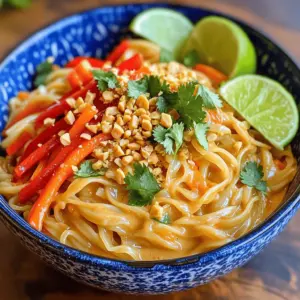 For Spicy Thai Peanut Noodles, you will need these key items: - 8 oz rice noodles - 1/2 cup creamy peanut butter - 3 tablespoons soy sauce - 2 tablespoons honey or maple syrup - 1 tablespoon lime juice (freshly squeezed for best flavor) - 1 tablespoon sesame oil (plus a little extra for sautéing) - 1 clove garlic, minced - 1 teaspoon fresh ginger, grated - 1 red bell pepper, thinly sliced - 1 medium carrot, julienned - 2 green onions, chopped (both white and green parts) - 1/4 cup fresh cilantro, chopped - Crushed peanuts and lime wedges for garnish If you have allergies, consider these substitutes: - Use gluten-free soy sauce instead of regular. - Swap honey with agave syrup for a vegan option. You can enhance the flavor of your dish with these extras: - Add crushed red pepper for more heat. - Toss in snow peas for extra crunch. For garnishes, consider these ideas: - Sliced cucumbers add a fresh bite. - Bean sprouts provide a nice crunch and freshness. To cook the rice noodles, start with a large pot of water. Bring it to a vigorous boil. Add 8 oz of rice noodles. Follow the package instructions, usually about 5-7 minutes. The noodles should be al dente, not mushy. When they finish cooking, drain them. Rinse under cold water to stop cooking. This helps maintain the perfect texture. Set the noodles aside in a big bowl. For the peanut sauce, grab a mixing bowl. Combine 1/2 cup of creamy peanut butter, 3 tablespoons of soy sauce, and 2 tablespoons of honey or maple syrup. Add in 1 tablespoon of fresh lime juice, 1 tablespoon of sesame oil, 1 clove of minced garlic, and 1 teaspoon of grated ginger. Whisk until smooth. If the sauce is too thick, add warm water a little at a time. Keep mixing until it's just right for you. To sauté the vegetables, heat a drizzle of sesame oil in a large skillet. Use medium-high heat for this. Once the oil is hot, add the sliced red bell pepper and julienned carrot. Stir-fry them for about 3-4 minutes. You want them to be cooked but still crunchy. This keeps the flavor fresh and bright. Now it's time to combine everything. Add the cooked rice noodles to the skillet with the veggies. Carefully pour the peanut sauce over the noodles and vegetables. Use tongs or a spatula to gently toss everything. Make sure the noodles and vegetables are evenly coated with the sauce. This step is key for great flavor in every bite. Finally, remove the skillet from heat. Fold in the chopped green onions and cilantro. Mixing them in adds freshness to the dish. You can also try other herbs like basil or mint for a unique twist. I love to pair Spicy Thai Peanut Noodles with protein. Grilled chicken adds great flavor. Tofu is also a tasty option for a vegetarian dish. You can serve it with a side of steamed broccoli or snap peas. These veggies add color and crunch. A fresh salad with lime dressing makes a perfect side as well. For vegetarians, this dish is already friendly. You can easily make it vegan by using maple syrup instead of honey. If you need a gluten-free option, use gluten-free soy sauce. Each serving has about 450 calories, 15 grams of protein, and healthy fats from the peanut butter. This meal is balanced and satisfying. One common mistake is cooking the noodles too long. Follow the package instructions for the best texture. Rinse them under cold water to stop cooking. Another mistake is making the sauce too thick. If this happens, add a bit of warm water until it’s smooth. Lastly, don’t overcook the vegetables. They should stay bright and crunchy for the best taste. {{image_4}} You can change the taste of your Spicy Thai Peanut Noodles easily. Try adding chili paste for heat. You can also mix in coconut milk for a creamy twist. If you want protein, consider shrimp, chicken, or tofu. They all add great flavor and texture. Each protein option changes the dish slightly, so pick what you love. Adding more veggies can make this dish even better. Snap peas and broccoli work well with the noodles. You can also use seasonal vegetables like zucchini or bell peppers. Using fresh produce not only adds color but boosts nutrition. Feel free to mix and match based on what you find at the market. If you want to switch things up, try other noodle types. Whole wheat noodles offer a nutty flavor and more fiber. Zucchini noodles are a great low-carb option that adds crunch. Each alternative changes the dish's taste and texture. Experiment to see which you like best! To keep your Spicy Thai Peanut Noodles fresh, store them in airtight containers. Glass or plastic containers with tight lids work best. Ensure the noodles cool before sealing. This helps prevent moisture buildup. If you plan to freeze them, use freezer-safe bags. Squeeze out as much air as possible to avoid freezer burn. You can reheat your noodles in two easy ways: microwave or stovetop. For the microwave, place the noodles in a bowl, cover them with a damp paper towel, and heat for 1-2 minutes. Stir halfway through. For stovetop, add a splash of water or broth to a pan and heat over low heat. Stir gently to avoid mushy noodles. In the fridge, your leftovers last about 3-4 days. If frozen, they can stay good for up to 3 months. Always check for any signs of spoilage before eating. If it looks off or has a strange smell, it’s best to throw it away. To make Spicy Thai Peanut Noodles, start with quality rice noodles. Cook them just until al dente. Rinse them under cold water to stop cooking. For the sauce, mix creamy peanut butter with soy sauce, honey, lime juice, sesame oil, garlic, and ginger. Whisk until smooth. Sauté sliced red bell pepper and julienned carrot for a few minutes. Toss the noodles with the sauce and veggies. Add fresh herbs last. This method ensures flavor and texture. Yes, you can make this recipe ahead. Cook the noodles and sauce separately. Store them in airtight containers in the fridge. You can keep them for about three days. When ready to eat, just reheat the noodles and sauce together. This keeps flavors fresh and vibrant. To spice up your peanut sauce, add crushed red pepper or sriracha. Start with a small amount and taste as you go. You can also add chili paste for a deeper flavor. The goal is to balance heat with the creamy peanut flavor. Yes! If you need a substitute, try almond butter or sunflower seed butter. Both give a nutty taste similar to peanut butter. Just make sure the substitute is smooth for the best sauce texture. Spicy Thai Peanut Noodles pair well with fresh spring rolls or a crisp cucumber salad. For drinks, serve iced tea or a light beer. These choices enhance the meal and offer a nice contrast to the rich noodles. Spicy Thai Peanut Noodles offer a world of flavor and texture. We covered key ingredients and easy steps to prepare them. You learned about cooking noodles, making sauce, and sautéing veggies. Don’t forget the tips for serving and storing leftovers. Experiment with flavors and customize to your taste. Enjoy cooking and discovering this delicious dish! Your kitchen will be the perfect place for delicious meals and fun.
