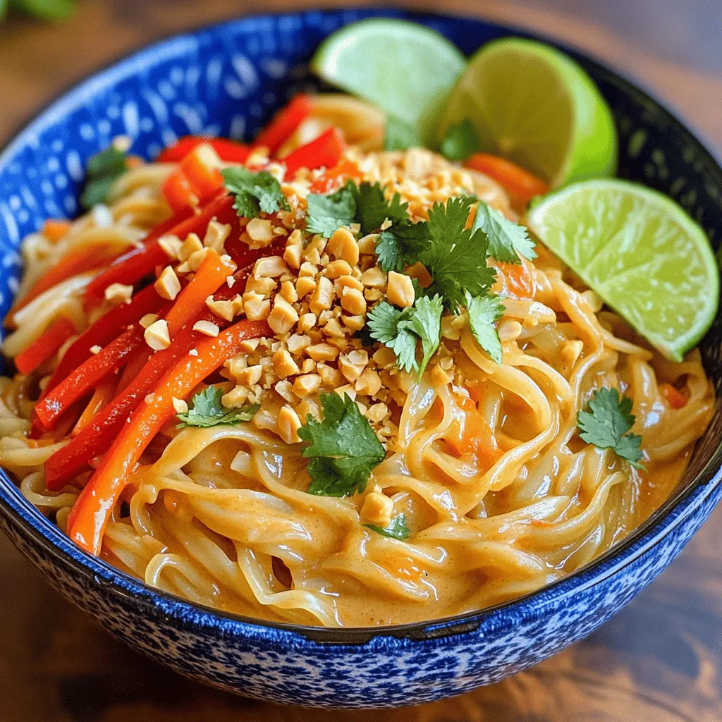 For Spicy Thai Peanut Noodles, you will need these key items: - 8 oz rice noodles - 1/2 cup creamy peanut butter - 3 tablespoons soy sauce - 2 tablespoons honey or maple syrup - 1 tablespoon lime juice (freshly squeezed for best flavor) - 1 tablespoon sesame oil (plus a little extra for sautéing) - 1 clove garlic, minced - 1 teaspoon fresh ginger, grated - 1 red bell pepper, thinly sliced - 1 medium carrot, julienned - 2 green onions, chopped (both white and green parts) - 1/4 cup fresh cilantro, chopped - Crushed peanuts and lime wedges for garnish If you have allergies, consider these substitutes: - Use gluten-free soy sauce instead of regular. - Swap honey with agave syrup for a vegan option. You can enhance the flavor of your dish with these extras: - Add crushed red pepper for more heat. - Toss in snow peas for extra crunch. For garnishes, consider these ideas: - Sliced cucumbers add a fresh bite. - Bean sprouts provide a nice crunch and freshness. To cook the rice noodles, start with a large pot of water. Bring it to a vigorous boil. Add 8 oz of rice noodles. Follow the package instructions, usually about 5-7 minutes. The noodles should be al dente, not mushy. When they finish cooking, drain them. Rinse under cold water to stop cooking. This helps maintain the perfect texture. Set the noodles aside in a big bowl. For the peanut sauce, grab a mixing bowl. Combine 1/2 cup of creamy peanut butter, 3 tablespoons of soy sauce, and 2 tablespoons of honey or maple syrup. Add in 1 tablespoon of fresh lime juice, 1 tablespoon of sesame oil, 1 clove of minced garlic, and 1 teaspoon of grated ginger. Whisk until smooth. If the sauce is too thick, add warm water a little at a time. Keep mixing until it's just right for you. To sauté the vegetables, heat a drizzle of sesame oil in a large skillet. Use medium-high heat for this. Once the oil is hot, add the sliced red bell pepper and julienned carrot. Stir-fry them for about 3-4 minutes. You want them to be cooked but still crunchy. This keeps the flavor fresh and bright. Now it's time to combine everything. Add the cooked rice noodles to the skillet with the veggies. Carefully pour the peanut sauce over the noodles and vegetables. Use tongs or a spatula to gently toss everything. Make sure the noodles and vegetables are evenly coated with the sauce. This step is key for great flavor in every bite. Finally, remove the skillet from heat. Fold in the chopped green onions and cilantro. Mixing them in adds freshness to the dish. You can also try other herbs like basil or mint for a unique twist. I love to pair Spicy Thai Peanut Noodles with protein. Grilled chicken adds great flavor. Tofu is also a tasty option for a vegetarian dish. You can serve it with a side of steamed broccoli or snap peas. These veggies add color and crunch. A fresh salad with lime dressing makes a perfect side as well. For vegetarians, this dish is already friendly. You can easily make it vegan by using maple syrup instead of honey. If you need a gluten-free option, use gluten-free soy sauce. Each serving has about 450 calories, 15 grams of protein, and healthy fats from the peanut butter. This meal is balanced and satisfying. One common mistake is cooking the noodles too long. Follow the package instructions for the best texture. Rinse them under cold water to stop cooking. Another mistake is making the sauce too thick. If this happens, add a bit of warm water until it’s smooth. Lastly, don’t overcook the vegetables. They should stay bright and crunchy for the best taste. {{image_4}} You can change the taste of your Spicy Thai Peanut Noodles easily. Try adding chili paste for heat. You can also mix in coconut milk for a creamy twist. If you want protein, consider shrimp, chicken, or tofu. They all add great flavor and texture. Each protein option changes the dish slightly, so pick what you love. Adding more veggies can make this dish even better. Snap peas and broccoli work well with the noodles. You can also use seasonal vegetables like zucchini or bell peppers. Using fresh produce not only adds color but boosts nutrition. Feel free to mix and match based on what you find at the market. If you want to switch things up, try other noodle types. Whole wheat noodles offer a nutty flavor and more fiber. Zucchini noodles are a great low-carb option that adds crunch. Each alternative changes the dish's taste and texture. Experiment to see which you like best! To keep your Spicy Thai Peanut Noodles fresh, store them in airtight containers. Glass or plastic containers with tight lids work best. Ensure the noodles cool before sealing. This helps prevent moisture buildup. If you plan to freeze them, use freezer-safe bags. Squeeze out as much air as possible to avoid freezer burn. You can reheat your noodles in two easy ways: microwave or stovetop. For the microwave, place the noodles in a bowl, cover them with a damp paper towel, and heat for 1-2 minutes. Stir halfway through. For stovetop, add a splash of water or broth to a pan and heat over low heat. Stir gently to avoid mushy noodles. In the fridge, your leftovers last about 3-4 days. If frozen, they can stay good for up to 3 months. Always check for any signs of spoilage before eating. If it looks off or has a strange smell, it’s best to throw it away. To make Spicy Thai Peanut Noodles, start with quality rice noodles. Cook them just until al dente. Rinse them under cold water to stop cooking. For the sauce, mix creamy peanut butter with soy sauce, honey, lime juice, sesame oil, garlic, and ginger. Whisk until smooth. Sauté sliced red bell pepper and julienned carrot for a few minutes. Toss the noodles with the sauce and veggies. Add fresh herbs last. This method ensures flavor and texture. Yes, you can make this recipe ahead. Cook the noodles and sauce separately. Store them in airtight containers in the fridge. You can keep them for about three days. When ready to eat, just reheat the noodles and sauce together. This keeps flavors fresh and vibrant. To spice up your peanut sauce, add crushed red pepper or sriracha. Start with a small amount and taste as you go. You can also add chili paste for a deeper flavor. The goal is to balance heat with the creamy peanut flavor. Yes! If you need a substitute, try almond butter or sunflower seed butter. Both give a nutty taste similar to peanut butter. Just make sure the substitute is smooth for the best sauce texture. Spicy Thai Peanut Noodles pair well with fresh spring rolls or a crisp cucumber salad. For drinks, serve iced tea or a light beer. These choices enhance the meal and offer a nice contrast to the rich noodles. Spicy Thai Peanut Noodles offer a world of flavor and texture. We covered key ingredients and easy steps to prepare them. You learned about cooking noodles, making sauce, and sautéing veggies. Don’t forget the tips for serving and storing leftovers. Experiment with flavors and customize to your taste. Enjoy cooking and discovering this delicious dish! Your kitchen will be the perfect place for delicious meals and fun.