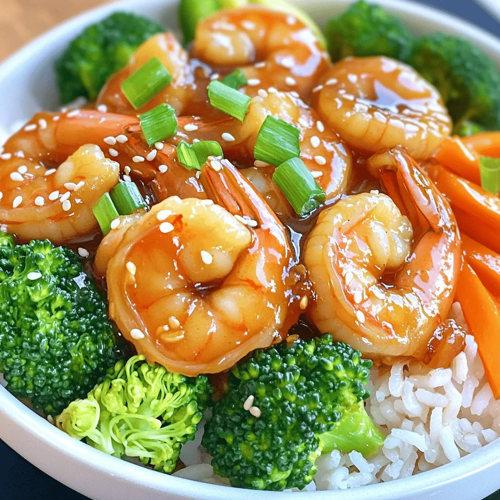 - Shrimp - 1 pound large shrimp, peeled and deveined - Sauces and Seasonings - 2 tablespoons honey - 3 tablespoons soy sauce (or tamari for a gluten-free option) - 2 cloves garlic, minced - 1 tablespoon fresh ginger, grated - 2 tablespoons olive oil - Salt and pepper to taste - Vegetables and Rice - 1 cup jasmine rice - 2 cups water or chicken broth - 1 cup broccoli florets - 1 carrot, thinly sliced - 2 green onions, sliced - 1 tablespoon sesame seeds (optional) When preparing Minute Honey Garlic Shrimp Bowls, gather these fresh ingredients. The shrimp is the star of the dish. Use large, peeled, and deveined shrimp for the best texture. The honey and soy sauce create a sweet and savory sauce. Garlic and ginger add depth and aroma, making the dish delightful. Next, jasmine rice serves as a base. It cooks fluffy and pairs well with the shrimp and vegetables. For the veggies, I choose broccoli and carrots for their vibrant color and crunch. Green onions add a fresh touch, and sesame seeds offer a nice finish. These ingredients come together quickly, making this dish perfect for busy weeknights. You’ll enjoy the balance of flavors and textures in every bite. To start, grab a medium saucepan. Pour in 2 cups of water or chicken broth. Heat this over high heat until it boils. Once boiling, add 1 cup of jasmine rice. Stir it gently. Lower the heat, cover the pot, and let it simmer for about 15 minutes. Check the rice. It should be fluffy and the liquid fully absorbed. After cooking, turn off the heat and keep it covered to stay warm. In a small bowl, mix together the honey, soy sauce, minced garlic, and grated ginger. Use a whisk for a smooth blend. This sauce packs a punch of flavor. Set it aside for a bit. Letting it sit helps the flavors meld together. Now, take a large skillet and heat 2 tablespoons of olive oil over medium-high heat. When the oil is hot, add the pound of large shrimp. Spread them out in a single layer. Cook for 1 to 2 minutes without stirring. Watch for the shrimp to turn a bright pink color on one side. Next, toss in the broccoli florets and sliced carrot. Stir-fry this mixture for about 2 to 3 minutes. You want the veggies to stay bright and tender. Pour the honey garlic sauce over the shrimp and vegetables in your skillet. Stir everything gently to coat all the ingredients evenly. Cook for another 1 to 2 minutes. The shrimp should be opaque and cooked through. Now, fluff your cooked rice with a fork. Divide it among four bowls. Top each bowl with the honey garlic shrimp and the vibrant vegetables. For a nice touch, add sliced green onions and sesame seeds on top. Enjoy your colorful and tasty meal! To cook shrimp just right, start with fresh or thawed shrimp. Make sure they are peeled and deveined. This step saves time and keeps the taste clean. I like to cook shrimp in a hot skillet. This gives them a nice sear. Cook them for 1-2 minutes on one side before flipping. You want them bright pink and opaque. Overcooking can make shrimp tough, so keep an eye on them! Using fresh ingredients makes a big difference. Fresh garlic and ginger add a great punch. Always mince the garlic finely and grate the ginger for the best flavor. You can also try adding fresh herbs like cilantro or basil. They can brighten up the dish. For a kick, consider adding red pepper flakes. It’s an easy way to customize the heat level! Presentation can elevate your meal. Use colorful bowls to make the dish pop. Start by fluffing the rice and placing it evenly in bowls. Then, add the honey garlic shrimp on top. Make sure to include the bright veggies too! Green onions and sesame seeds add color and crunch. For an extra touch, serve lime wedges on the side for a zesty burst. This makes your dish look as good as it tastes! {{image_4}} You can easily make this meal gluten-free. Replace soy sauce with tamari. Tamari is a great gluten-free option. It still gives that savory taste. Check the label to ensure it is gluten-free. This small swap keeps the dish tasty and safe for all. Feel free to change the veggies in this recipe. Use bell peppers for a sweet crunch. Snap peas add snap and color. Zucchini can give a nice texture. Carrots and broccoli are classic, but variety keeps things fresh. Mix and match to find what you love. If you like heat, add red pepper flakes. Just a pinch will do wonders. You can also use sriracha in the sauce for a kick. Another option is to stir in some chili paste when cooking the shrimp. Adjust the spice to fit your taste buds. Enjoy experimenting with flavors! To store your leftover Minute Honey Garlic Shrimp Bowls, place them in an airtight container. Make sure to let the dish cool down first. Keep the container in the fridge. You can enjoy the leftovers for up to three days. This method keeps the shrimp juicy and the rice fluffy. When you are ready to eat the leftovers, you can use either the microwave or the stove. For the microwave, place the shrimp and rice in a bowl. Cover it with a damp paper towel to trap moisture. Heat on high for about 1-2 minutes. For the stove, warm them in a pan on low heat. Stir gently until heated through. This way, you avoid overcooking the shrimp. If you want to save the shrimp bowls for later, freezing is a great option. First, let the dish cool completely. Then, place it in a freezer-safe container. You can also use freezer bags. Make sure to remove as much air as possible. Label the bags with the date. The dish can last up to three months in the freezer. When you are ready to eat, thaw it in the fridge overnight before reheating. Leftovers of honey garlic shrimp can last up to three days in the fridge. Store them in an airtight container. To keep it fresh, let it cool before sealing. Make sure to reheat well before eating again. If shrimp smells off or changes color, throw it away. Yes, you can use frozen shrimp for this recipe. Just remember to thaw them first. You can do this by placing them in the fridge overnight or running them under cold water for about 10 minutes. Using thawed shrimp helps them cook evenly and stay tender. Honey garlic shrimp bowls pair well with various sides. Here are some tasty options: - Steamed rice or quinoa - Fresh salad with a light dressing - Garlic bread for a crunchy side - Sautéed green beans or snap peas - A refreshing cucumber salad Feel free to mix and match these sides to create a full meal! In this blog post, we covered the key ingredients for honey garlic shrimp, from shrimp to sauces and veggies. I shared step-by-step instructions to cook rice, make the sauce, and combine it all. Tips on perfecting shrimp and presentation helped enhance your dish. We also discussed variations to fit your needs and storage info for leftovers. Enjoy making this easy and tasty dish! You can impress your family and friends with your skills.