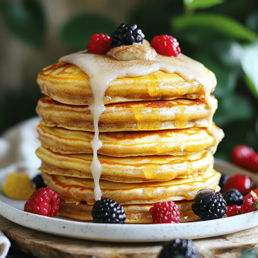 - 1 cup all-purpose flour - 1 tablespoon granulated sugar - 1 tablespoon baking powder - 1/2 teaspoon fine salt - 1 cup whole milk - 1 large egg - 2 tablespoons unsalted butter, melted - 1 teaspoon pure vanilla extract - 2 tablespoons packed brown sugar - 1 tablespoon ground cinnamon - 2 tablespoons unsalted butter, melted - 2 ounces cream cheese, softened - 1/2 cup powdered sugar - 2 tablespoons milk - 1/2 teaspoon pure vanilla extract When making fluffy cinnamon roll pancakes, the right ingredients are key. You start with dry ingredients like all-purpose flour, granulated sugar, baking powder, and fine salt. These create the base of your pancake. Next, you mix in your wet ingredients. This includes whole milk, a large egg, melted unsalted butter, and pure vanilla extract. These ingredients bring flavor and moisture to your pancakes. The cinnamon swirl is where the magic happens. You need brown sugar, ground cinnamon, and melted unsalted butter. This mixture adds that sweet, spicy flavor that makes these pancakes special. Finally, the cream cheese glaze ties everything together. Use softened cream cheese, powdered sugar, milk, and pure vanilla extract. This glaze adds a creamy, sweet finish, making each bite irresistible. By carefully measuring and mixing these ingredients, you lay the foundation for a delicious breakfast treat. Enjoy the process, and get ready for a tasty outcome! - In a medium bowl, whisk together: - 1 cup all-purpose flour - 1 tablespoon granulated sugar - 1 tablespoon baking powder - 1/2 teaspoon fine salt - In a separate bowl, combine: - 1 cup whole milk - 1 large egg - 2 tablespoons unsalted butter, melted - 1 teaspoon pure vanilla extract - Gradually pour the wet mixture into the dry ingredients. Stir gently. Mix just until combined. It’s okay if the batter is a bit lumpy. Avoid over-mixing to keep the pancakes fluffy. - In a small bowl, mix together: - 2 tablespoons packed brown sugar - 1 tablespoon ground cinnamon - 2 tablespoons unsalted butter, melted - Blend these ingredients until you form a smooth paste. This will create the sweet swirl in your pancakes. - Preheat your skillet or griddle over medium heat. Lightly grease it with cooking spray or butter to prevent sticking. - For each pancake, pour about 1/4 cup of batter onto the skillet. Take 1 teaspoon of the cinnamon swirl mixture and drop it into the center of the pancake. Repeat this for each pancake. - Cook the pancakes for about 2-3 minutes. Look for bubbles on the surface and firm edges. Carefully flip them and cook for another 1-2 minutes. The pancakes should be golden brown and cooked through. - In a small bowl, whisk together until smooth: - 2 ounces cream cheese, softened - 1/2 cup powdered sugar - 2 tablespoons milk - 1/2 teaspoon pure vanilla extract - This glaze adds a creamy, sweet finish to your pancakes. Drizzle generously over the stack for a delightful treat. To get fluffy pancakes, keep a few things in mind: - Avoid over-mixing: When you combine wet and dry ingredients, stir gently. Lumpy batter is fine. Over-mixing makes the pancakes tough. - Monitor cooking temperature: Use medium heat. Too high can burn the outsides before the insides cook. Boost the taste of your pancakes with these tips: - Add vanilla extract: This small step adds a warm, sweet touch. It enhances the overall flavor. - Use fresh ingredients: Fresh milk, eggs, and butter make a big difference. They bring out the best taste in your pancakes. Make your pancakes look as good as they taste: - Stacking pancakes: Stack them high for a delicious visual. It makes the dish more appealing on any plate. - Garnishing options: Sprinkle cinnamon or add fresh berries. Nuts also add texture and color. A drizzle of cream cheese glaze makes them shine! {{image_4}} You can make these pancakes even better by adding fruits or nuts. Blueberries or bananas work great. Just fold them into the batter before you cook. The sweet fruits give a burst of flavor. You can also add chopped pecans or walnuts for crunch. Nuts add a nice texture and a nutty taste that pairs well with cinnamon. If you need a gluten-free option, you can easily adapt the recipe. Substitute the all-purpose flour with gluten-free flour. Many brands offer great blends that work well. You might need to adjust the liquid measurements slightly. This helps keep the pancakes fluffy and moist. For a dairy-free version, use plant-based milk like almond or oat milk. These options keep the flavor rich and creamy. You can also swap the cream cheese in the glaze with vegan cream cheese. This makes the dish friendly for those avoiding dairy while still tasting delicious. To keep your leftover pancakes fresh, follow these tips: - Refrigeration tips: Place the pancakes in an airtight container. You can also layer them with parchment paper to avoid sticking. They will stay good for up to 3 days in the fridge. - Freezing instructions: For longer storage, freeze pancakes. Place them in a single layer on a baking sheet. Once frozen, transfer them to a freezer bag. They can last up to 2 months. When you are ready to enjoy your pancakes again, here’s how to reheat them: - Best methods to reheat: Use a microwave for quick reheating. Place pancakes on a plate and cover them with a damp paper towel. Heat for about 30 seconds or until warm. You can also reheat them in a skillet over low heat. Flip them for even warmth. - Tips for maintaining texture: To keep pancakes fluffy, avoid reheating them too long. If you use the oven, preheat it to 350°F and wrap pancakes in foil. Heat for about 10 minutes. This helps retain moisture and keeps them soft. Yes, you can make the batter ahead. Store it in the fridge for up to 24 hours. Just give it a gentle stir before cooking. This saves time on busy mornings. Look for bubbles on the surface. The edges should look firm and slightly dry. When you flip them, they should be golden brown. Cook for about 1-2 minutes after flipping. You can use Greek yogurt for a tangy taste. Mascarpone cheese also works well. For a dairy-free option, try a vegan cream cheese or cashew cream. Yes! You can use mashed bananas or unsweetened applesauce as substitutes. A flax egg (1 tablespoon of ground flaxseed mixed with 2.5 tablespoons of water) also works well. You now know how to make delicious cinnamon roll pancakes. We covered the key ingredients, from dry and wet to the swirl and glaze. I shared simple steps to create fluffy pancakes and tips for perfect results. You can even customize them with fruits or nuts. Remember to store extras properly for later enjoyment. Whether you’re feeding a crowd or just yourself, these pancakes are sure to impress. Get ready to enjoy a warm, sweet treat that brightens your day!