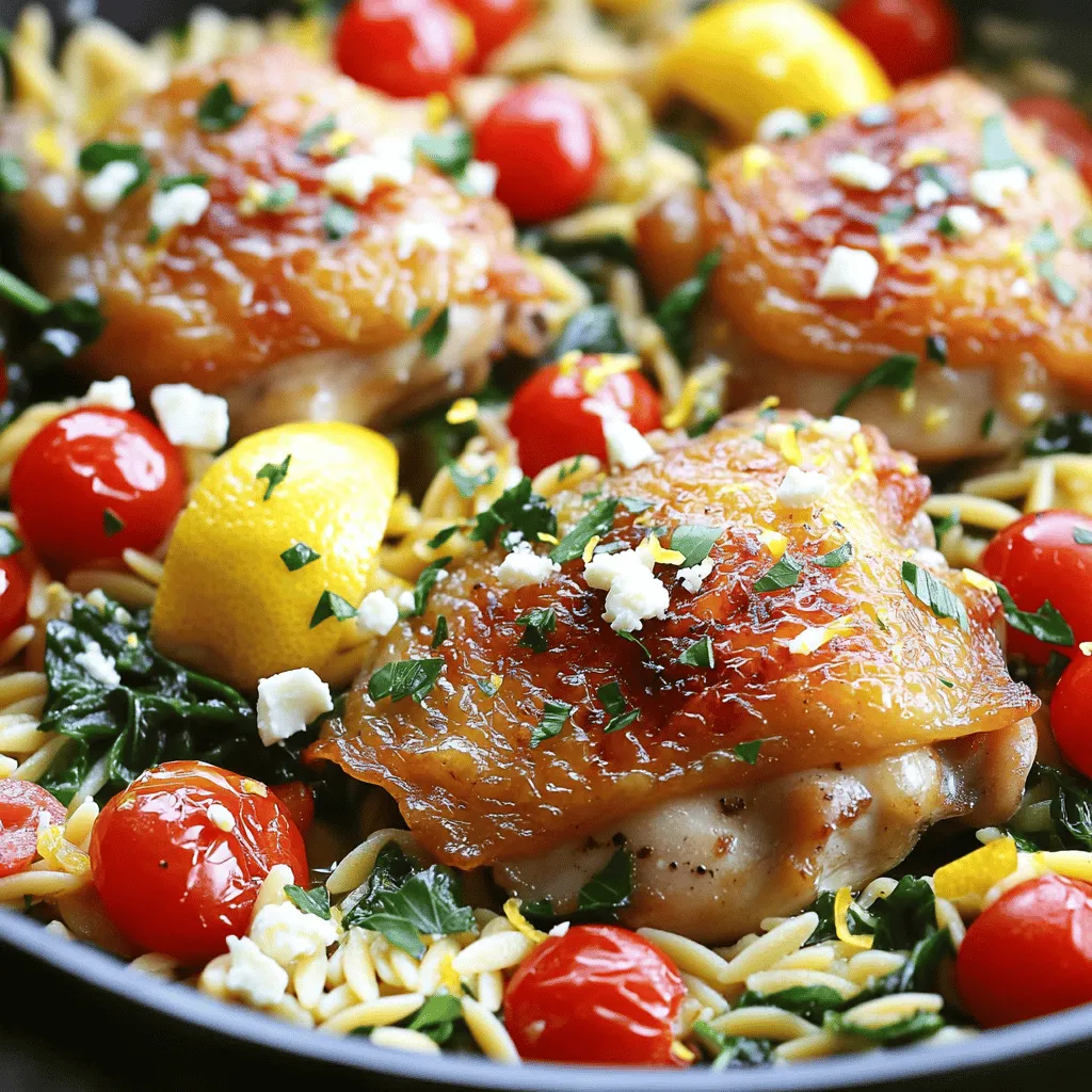To make One-Pan Greek Lemon Chicken Orzo, gather these items: - 1 lb boneless, skinless chicken thighs, cut into bite-sized pieces - 1 cup orzo pasta - 2 cups chicken broth - 1 medium onion, finely chopped - 3 cloves garlic, minced - 1 cup cherry tomatoes, halved - 1 red bell pepper, diced - 1 cup fresh spinach, roughly chopped - Juice and zest of 1 large lemon - 2 teaspoons dried oregano - 1 teaspoon paprika - 3 tablespoons olive oil - Salt and black pepper to taste - Fresh parsley, finely chopped (for garnish) - Crumbled feta cheese (optional, for serving) Each ingredient adds flavor and health benefits: - Chicken: Provides protein, which helps build muscle. It keeps you full longer. - Orzo: A type of pasta that offers carbohydrates for energy. - Spinach: Packed with vitamins A and C, it supports your immune system. - Tomatoes: Rich in antioxidants, they help fight disease. - Olive Oil: Contains healthy fats that are good for your heart. - Lemon: High in vitamin C, it aids digestion and boosts immunity. If you have dietary needs, here are some swaps: - Chicken: Use tofu or chickpeas for a vegetarian option. - Orzo: Substitute with quinoa or brown rice for a gluten-free meal. - Spinach: Kale or Swiss chard can work well in place of spinach. - Feta Cheese: Use dairy-free cheese or omit it for a vegan dish. Start by gathering your ingredients. You will need chicken thighs, orzo, chicken broth, onion, garlic, cherry tomatoes, red bell pepper, spinach, lemon, oregano, paprika, olive oil, salt, black pepper, parsley, and feta. Chop the onion and garlic finely. Halve the cherry tomatoes and dice the red bell pepper. Roughly chop the spinach. Cut the lemon in half for juice and zest. 1. Heat three tablespoons of olive oil in a large skillet over medium heat. Wait until the oil shimmers. 2. Add the chopped onion. Sauté it for 3 to 4 minutes until it looks soft and clear. 3. Stir in the minced garlic for about one minute. Watch it closely to avoid burning. 4. Turn the heat up to medium-high and add the chicken pieces. Season them with salt, pepper, oregano, and paprika. Cook for 5 to 7 minutes until browned. 5. Toss in the halved cherry tomatoes and diced red bell pepper. Cook for 2 to 3 minutes until they soften. 6. Add the orzo, chicken broth, lemon juice, and lemon zest. Mix well to ensure the orzo is covered with liquid. 7. Bring it to a gentle boil. Lower the heat and cover the pan. Let it simmer for 10 to 12 minutes. Stir occasionally to prevent sticking. 8. When the orzo is al dente, fold in the spinach. Let it wilt for 1 to 2 minutes while stirring. Taste and adjust seasoning if needed. 9. Remove the pan from heat and let it sit for a few minutes before serving. - Use a large skillet for even cooking. - Stir the orzo during simmering to avoid clumping. - Check for doneness by tasting the orzo. - If the orzo absorbs too much liquid, add a splash of broth to loosen it up. - Always let the dish sit after cooking. This helps the flavors blend. To make your One-Pan Greek Lemon Chicken Orzo even tastier, use fresh herbs. Fresh parsley or basil adds a bright taste. A squeeze of lemon juice just before serving boosts the dish's zing. Don't skip the lemon zest; it gives a fragrant aroma that enhances every bite. Try marinating the chicken in olive oil, lemon juice, and herbs for an hour before cooking. This adds depth and makes the chicken juicy. One-pan cooking is simple and efficient. Start by prepping all your ingredients first. This saves time and makes cooking smooth. Use a large skillet or sauté pan to give your chicken space to brown. Make sure the pan is hot before adding oil. This helps seal in moisture. Stir occasionally to prevent sticking. If you notice the orzo sticking, add a splash of broth or water. This keeps everything creamy and delicious. Watch out for overcooking the chicken. It should be browned but not dry. Cook it just until it’s no longer pink. When adding the orzo, make sure it’s fully submerged in liquid. If not, it can burn on the bottom. Stir gently to mix everything, but don’t overdo it. Finally, let it rest for a couple of minutes after cooking. This helps the flavors settle and makes for a better meal. {{image_4}} You can make this dish even tastier with more veggies. Consider adding: - Zucchini, sliced - Eggplant, diced - Artichoke hearts - Kalamata olives - Fresh basil or dill These additions bring fresh flavors and colors. Plus, they boost nutrition too! You can mix and match based on what you have. If you want a change from chicken, try these options: - Shrimp for a seafood twist - Firm tofu for a vegetarian meal - Turkey for a leaner protein source Each swap offers a unique taste. Just adjust cooking times for different proteins to ensure they cook well. This dish fits many occasions. For a cozy family dinner, serve it warm with a salad. If you host a party, use small bowls for easy serving. Top with extra feta for a fancy touch! Want a meal prep idea? Pack it in containers for quick lunches. You can enjoy it hot or cold. To store your One-Pan Greek Lemon Chicken Orzo, let it cool first. Then, place it in an airtight container. This keeps the flavors fresh and prevents drying out. You can store it in the fridge for up to three days. Make sure to label the container with the date you made it. This way, you won’t forget! When you're ready to enjoy leftovers, reheat them gently. You can use the microwave or a stovetop. If using a microwave, place the orzo in a bowl and cover it. Heat in short bursts, stirring in between. This helps the heat spread evenly. If you use the stovetop, add a splash of chicken broth or water. Stir over medium heat until warm. This keeps the orzo moist. Freezing is a great option for long-term storage. Portion out the orzo into smaller containers or freezer bags. Make sure to remove as much air as possible. Label each bag with the date. You can freeze it for up to three months. When you want to eat it, thaw it in the fridge overnight. Then, reheat as mentioned above. This keeps the flavors intact and delicious! Yes, you can make this dish ahead. Cook the chicken and orzo as usual. Let it cool to room temperature. Then, store it in an airtight container in the fridge. This meal stays fresh for about three days. When you are ready to eat, heat it on the stove. Add a splash of chicken broth to keep it moist. If you don’t have orzo, use other small pasta types. Options include ditalini, couscous, or even quinoa. Each choice will give a unique twist. Remember to adjust cooking times based on the pasta you choose. Quinoa may take longer to cook, so plan accordingly. This recipe is not gluten-free due to the orzo. To make it gluten-free, swap orzo for gluten-free pasta. For a low-carb option, consider using cauliflower rice instead. It cooks quickly and absorbs flavors well. Adjust the broth and seasonings to enhance taste. This article covered key ingredients, preparation steps, and tips for cooking orzo. You learned how to enhance flavor and avoid common mistakes. Variations offer something for everyone, while storage tips help keep leftovers fresh. Remember, cooking should be fun and easy. Take these ideas and make this dish your own. Enjoy your cooking journey!
