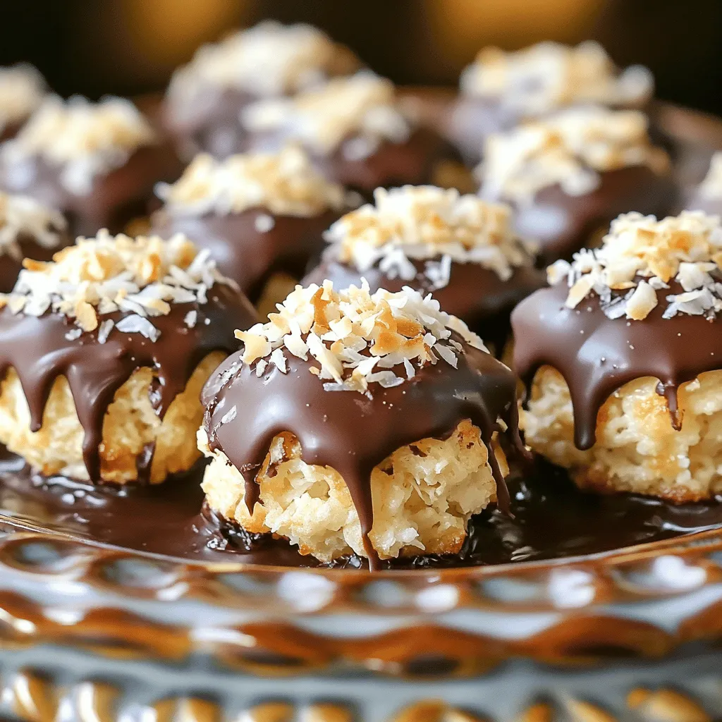- 2 cups unsweetened shredded coconut - 1/2 cup sweetened condensed milk - 1/4 cup unsweetened cocoa powder - 1 teaspoon vanilla extract - 1/4 teaspoon sea salt - 1/2 cup dark chocolate chips - 1 tablespoon coconut oil To make Chocolate Coconut Macaroon Bites, you need simple ingredients. First, gather 2 cups of unsweetened shredded coconut. This gives the bites their chewy texture. Next, you’ll need 1/2 cup of sweetened condensed milk. This adds sweetness and helps bind everything together. You will also need 1/4 cup of unsweetened cocoa powder for that rich chocolate flavor. Don’t forget the 1 teaspoon of vanilla extract. It adds a lovely aroma to the bites. Then, add a pinch of 1/4 teaspoon sea salt to enhance the flavors. For the chocolate coating, prepare 1/2 cup of dark chocolate chips. They melt into a smooth, delicious layer. Finally, include 1 tablespoon of coconut oil to help the chocolate melt evenly. With these ingredients ready, you can create a tasty and easy dessert. Each bite will be a sweet treat that melts in your mouth. 1. Preheat the oven to 325°F (160°C). 2. Line a baking sheet with parchment paper. In a large bowl, mix together: - 2 cups unsweetened shredded coconut - 1/2 cup sweetened condensed milk - 1/4 cup unsweetened cocoa powder - 1 teaspoon vanilla extract - 1/4 teaspoon sea salt Stir until all the coconut is coated. Make sure the mixture is well blended. Using your hands or a small scoop, shape the mixture into bite-sized balls. Aim for about 1 inch in diameter. Place the balls on the lined baking sheet, leaving space between them. Bake for 15-18 minutes. Look for a golden brown color on top. Once baked, let them cool on the sheet to firm up. In a microwave-safe bowl, combine: - 1/2 cup dark chocolate chips - 1 tablespoon coconut oil Heat in 30-second bursts, stirring after each time. Stop when the chocolate is smooth and melted. Once the bites are cool, dip each one into the melted chocolate. Let any extra chocolate drip back into the bowl. Place the dipped bites back on the parchment-lined sheet. Chill in the refrigerator for about 15 minutes to let the chocolate set. Chilling your macaroon bites helps them hold their shape. After you bake them, let them cool on the baking sheet. Then, place them in the fridge for about 15 minutes. This makes them firmer and easier to dip in chocolate. When rolling the bites, keep your hands slightly wet. This prevents the mixture from sticking to your hands. Aim for 1-inch balls. They should be uniform for even baking. For melting chocolate, use a microwave-safe bowl. Start with 30 seconds on high. After that, stir and heat for another 30 seconds. Keep doing this until the chocolate is smooth. Be careful not to overheat it; burnt chocolate tastes bad. You can also melt chocolate on the stove. Use a double boiler if you have one. Put water in a pot and let it simmer. Place a heat-safe bowl on top. Stir the chocolate until it melts. This method allows for better control over the heat. To arrange your bites, use a pretty plate. Place them in a circle or in rows. This makes them look nice and inviting. For extra flair, sprinkle shredded coconut on top. You can also drizzle more melted chocolate over the bites. This adds a nice touch and makes them look gourmet. Enjoy the process as much as the treats! {{image_4}} You can easily change the flavor of these bites. Adding nuts or dried fruits is a great option. Chopped almonds or walnuts add crunch. Dried cherries or apricots can add a sweet twist. You can also try different types of chocolate. White chocolate can give a creamy taste. Milk chocolate offers a sweeter flavor. Dark chocolate gives a rich and bold contrast. Experiment with what you like best! If you need gluten-free options, these macaroon bites are perfect. The main ingredients are naturally gluten-free. Just check your cocoa powder and chocolate chips. For a sugar-free alternative, use sugar-free sweetened condensed milk. You can also try a sugar substitute like Stevia. These tweaks make the bites fit your diet while still tasting great. Pair your macaroon bites with drinks for a perfect treat. Coffee or tea works well, adding warmth to the bites. For a fun twist, serve them with coconut milk. They are also great for events or parties. Place them on a beautiful plate for a fancy look. You can even sprinkle extra coconut on top for decoration. Your guests will love them! To keep your chocolate coconut macaroon bites fresh, use an airtight container. Glass or plastic containers work well. Make sure the bites are cool before sealing. Place parchment paper between layers to avoid sticking. Store them in a cool, dry place. At room temperature, these bites last about four days. If you want them to last longer, freezing is a great option. To freeze, place them in a single layer on a baking sheet. Once frozen, transfer them to a freezer bag. They stay good for up to two months in the freezer. Just thaw them in the fridge before serving. You can use coconut cream or a mix of milk and sugar. If you want a healthier option, try maple syrup or agave. Keep in mind, these substitutes may alter the taste and texture. Yes! To make these bites vegan, substitute sweetened condensed milk with coconut cream or a plant-based option. Use dairy-free chocolate chips for dipping. This keeps the recipe tasty and cruelty-free. Look for a golden brown color on the tops. They should feel firm to the touch. If they’re soft, give them more time. Usually, 15 to 18 minutes in the oven is just right. You can find these bites at bakeries or specialty stores. Many grocery stores also carry them. If you're in a pinch, check online for local shops that deliver. Yes, you can make these bites ahead of time. Store them in an airtight container. They stay fresh for about a week at room temperature. For longer storage, freeze them. Just thaw before serving. This blog post breaks down how to make delicious chocolate coconut macaroon bites. You learned about key ingredients, like shredded coconut and dark chocolate, and how to prepare and bake them. I shared tips to help you create the perfect treats, including storage tips for leftovers. You can customize these bites with different flavors and dietary options. Enjoy making these treats, sharing them, or storing them for later. With this guide, you have everything you need to create bite-sized joy for any occasion.