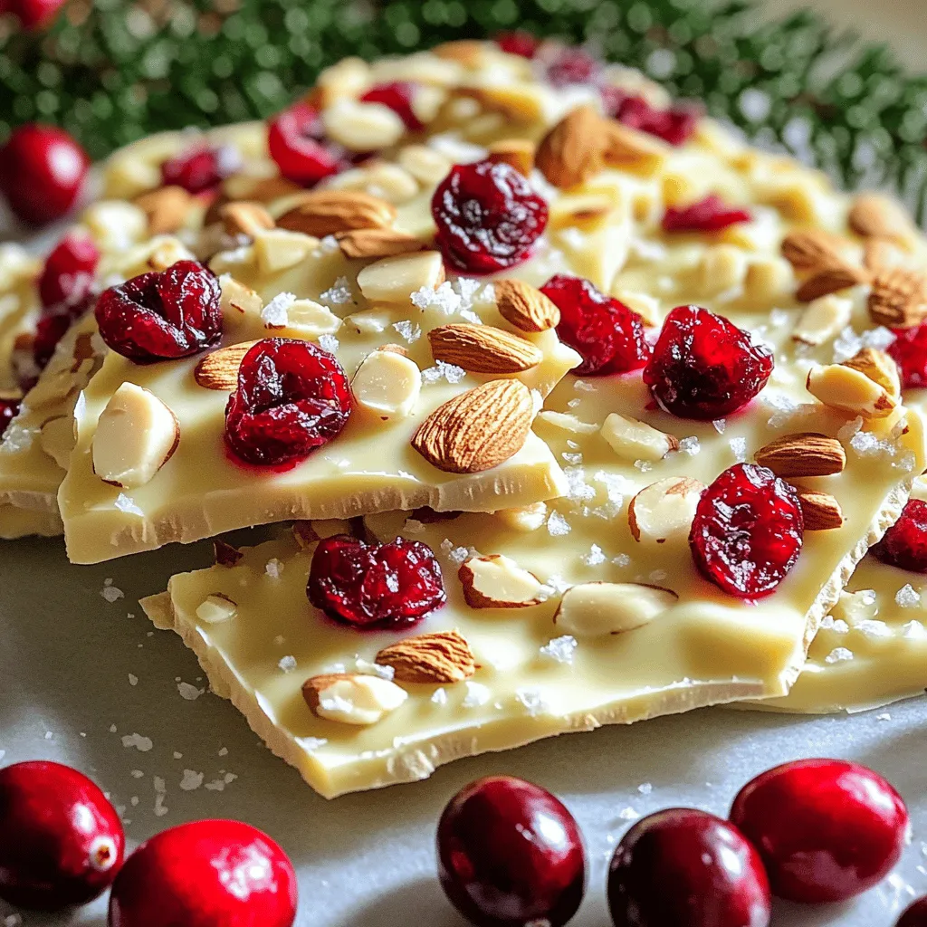 To make this tasty treat, gather the following ingredients: - 12 oz white chocolate chips - 1 cup dried cranberries - 1 cup roasted unsalted almonds, roughly chopped - 1/2 cup sliced almonds, for topping - 1/4 teaspoon sea salt - 1 teaspoon vanilla extract - Optional: 1/4 cup chia seeds for added texture You can make this bark your own! Here are some great add-ins: - Toasted coconut flakes for a tropical twist - Mini marshmallows for a fun touch - Dried cherries or apricots for more fruity flavor - Different nuts like walnuts or pecans You will need a few simple tools: - An 8x8 inch baking dish - Parchment paper for easy removal - A microwave-safe bowl for melting chocolate - A spatula for mixing and spreading - A cutting board for slicing the bark These ingredients and tools will help you create a delicious No-Bake White Chocolate Cranberry Bark. Enjoy cooking! Start by getting your baking dish ready. Line an 8x8 inch dish with parchment paper. Make sure to leave some overhang on the edges. This overhang helps you lift out the bark later. It makes things easy and keeps the bark intact. Next, melt the white chocolate chips. Use a microwave-safe bowl for this. Heat the chocolate in 30-second bursts. Stir it well after each burst. Do this until the chocolate is smooth and fully melted. Watch closely to avoid burning it. Now, add the vanilla extract and sea salt to the melted chocolate. Stir well to mix them in. Then, gently fold in the dried cranberries and chopped roasted almonds. If you want, you can also add chia seeds for some extra texture. Mix everything until it is well-coated in the chocolate. Pour the chocolate mixture into your lined baking dish. Use a spatula to spread it out evenly. Make it nice and smooth. Then, sprinkle the sliced almonds on top. This gives it a beautiful finish. Place the dish in the refrigerator. Let it chill for 1-2 hours until it hardens completely. Once the bark is set, lift it out using the parchment paper overhang. Place it on a cutting board. You can slice it into squares or break it into pieces. Both ways work well. If you have leftovers, store them in an airtight container in the fridge to keep them fresh. To melt chocolate safely, use a microwave. Place white chocolate chips in a bowl. Heat them in 30-second bursts. Stir well after each interval. This keeps the heat even. Stop when the chocolate is smooth and creamy. If you see any lumps, keep stirring. They will melt away from the heat. Always watch carefully to avoid burning. When adding dried cranberries and nuts, do it gently. Pour them into the melted chocolate. Use a spatula to fold them in slowly. This makes sure each piece gets coated well. If you want to add chia seeds, toss them in at the same time. Mix everything until it looks uniform. Don't stir too hard, or you'll break the nuts. For a stunning display, use a pretty platter. After cutting the bark, arrange the pieces neatly. Sprinkle extra cranberries and sliced almonds on top. This adds color and makes it look fancy. You can also wrap pieces in clear bags for gifts. Everyone will love the bright look of your bark! {{image_4}} You can change the nuts and fruits in this bark. If you want a crunch, use pistachios or walnuts. For a sweeter touch, try adding dried cherries or apricots. Each nut or fruit brings its own taste, making your bark special. You can mix and match to find your favorite flavor. If you prefer dark or milk chocolate, feel free to swap out the white chocolate. Dark chocolate adds a rich flavor, while milk chocolate gives a creamier taste. The process stays the same. Just melt your chosen chocolate and mix in the other ingredients. This change makes it easy to customize for everyone’s taste. To make this bark vegan, use dairy-free chocolate chips. Just like the white chocolate, melt them in the microwave. You can also skip the vanilla extract if you want. This way, the bark stays tasty and fit for a vegan diet. Don’t forget to check the labels on your ingredients. Some may contain dairy, so always choose vegan-friendly options. To keep your No-Bake White Chocolate Cranberry Bark fresh, store it in an airtight container. Place parchment paper between layers if you stack pieces. This prevents sticking, making it easy to grab a piece later. Always keep the container in the fridge for the best taste. This treat can stay fresh for up to two weeks when stored properly. Check for any signs of moisture or a change in texture. If you notice any, it's best to toss it. To keep the bark tasting great, only cut what you plan to eat at once. You can freeze the bark for longer storage. Cut it into pieces and wrap each piece tightly in plastic wrap. Then, place the wrapped pieces in a freezer-safe bag. This way, the bark can last up to three months in the freezer. To enjoy, just thaw it in the fridge overnight. Yes, you can use dark or milk chocolate. Each type will change the taste. Dark chocolate adds a rich flavor. Milk chocolate is sweeter and creamier. Just make sure to adjust the melting time. The bark needs about 1 to 2 hours to set in the fridge. This allows it to harden fully. You can check it after an hour. If it feels firm to the touch, it’s ready. Absolutely! You can swap dried cranberries for other dried fruits. Try raisins or apricots for a twist. You can also use any nuts you like. Just keep the measurements similar for best results. The chocolate is ready when it’s smooth and shiny. Stir it well after each 30-second heating. If you see lumps, keep heating in small bursts. Avoid overheating to prevent burning. To make your no-bake white chocolate cranberry bark, gather your ingredients and equipment. Follow the easy steps to melt, mix, and set your bark. Don't forget the tips for perfect chocolate melting and pretty presentation. You can try fun variations to make this treat your own. Store it right to keep it fresh. Enjoy this delicious snack anytime!