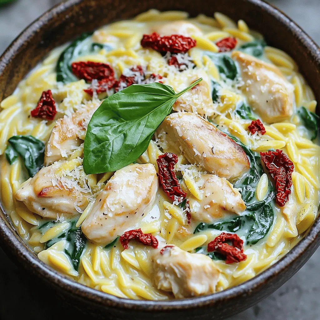 - 1 lb boneless, skinless chicken breasts - 1 tablespoon olive oil - 1 small onion, diced - 3 cloves garlic, minced - 1 cup sun-dried tomatoes, chopped - 1 teaspoon Italian seasoning - 4 cups chicken broth - 1 cup orzo pasta - 4 cups fresh spinach - 1 cup heavy cream or coconut milk - ½ cup grated Parmesan cheese or nutritional yeast - Salt and pepper to taste - Fresh basil leaves for garnish Gather these ingredients to create a rich, creamy dish. The chicken provides a good base. The sun-dried tomatoes add depth and a slight sweetness. Fresh spinach gives color and nutrients. The creamy components make the dish smooth and comforting. You can choose heavy cream or coconut milk based on your diet. Grated Parmesan cheese adds a nice salty flavor. Don't forget the basil for a fresh finish! - Preheat the Instant Pot and heat oil: Start by setting your Instant Pot to sauté mode. Add one tablespoon of olive oil and let it heat up. - Sauté the onions until tender: Dice one small onion and add it to the pot. Cook for 3-4 minutes until it turns soft and clear. - Add garlic and sauté briefly: Mince three cloves of garlic, then add them to the pot. Sauté for about 30 seconds. You want it fragrant but not burnt. - Brown the chicken pieces in the pot: Cut one pound of boneless, skinless chicken into small pieces. Add them to the pot and cook for 5-7 minutes. Make sure they get a nice brown color. - Season with salt and pepper: Sprinkle some salt and pepper over the chicken. This helps to enhance the flavor. - Mix in sun-dried tomatoes and seasoning: Chop one cup of sun-dried tomatoes. Add them to the pot along with one teaspoon of Italian seasoning. Stir until everything is well mixed. - Pour in chicken broth and orzo pasta: Carefully add four cups of chicken broth to the pot. Then, add one cup of orzo pasta. Stir to ensure the orzo is submerged in the liquid. - Secure the lid and set for high pressure: Close the lid of the Instant Pot. Turn the valve to sealing. Set it to cook on high pressure for 6 minutes. - Perform quick release after cooking: Once the time is up, carefully turn the valve to venting. Let the steam escape fully before opening the lid. - Add spinach and cream, stir until combined: Take four cups of fresh spinach and fold it into the dish. Then, pour in one cup of heavy cream (or coconut milk). Stir until everything is creamy. - Adjust seasoning and let thicken: Taste the dish and add more salt or pepper if needed. Let it sit for a few minutes to thicken and mix flavors. To get the best flavor in your dish, brown the chicken evenly. This step adds depth to the taste. Don't skip the quick release after cooking. This method keeps the orzo creamy and prevents it from becoming mushy. You can make this dish more exciting by trying different herbs. Thyme and oregano work well to boost the flavor. A splash of lemon juice adds brightness and makes the dish pop. It balances the richness of the cream. Always follow your Instant Pot's instructions for safety. This keeps your cooking safe and successful. Use the sauté function to enhance flavors before pressure cooking. It helps build a rich base for your creamy orzo. {{image_4}} You can swap the chicken for shrimp or tofu. This option is great for vegetarians. Shrimp cooks quickly and adds a nice flavor. Tofu absorbs the sauce well, making it tasty. You can also use turkey or other types of poultry. This gives you more ways to enjoy this dish. Looking for a dairy-free option? Use coconut milk instead of heavy cream. Nutritional yeast can replace Parmesan cheese. This keeps the creamy taste while being dairy-free. You can also make a low-carb version. Just swap orzo with zucchini noodles for a fresh twist. Want to add more veggies? Try mushrooms, bell peppers, or peas. These add color and nutrition to the dish. You can also boost the health factor with greens like kale. They blend well and enhance the creamy sauce. Adding veggies makes your meal more filling and fun! You can refrigerate leftovers in airtight containers for up to 3 days. This keeps the flavors fresh. If you want to store the dish longer, freeze it for up to 3 months. Just make sure to use freezer-safe containers. To reheat, use the microwave in short intervals. Check often to avoid overheating. You can also heat it on the stove. Adding a splash of broth while reheating helps keep the dish moist. Avoid freezing cream-based dishes until you are ready to eat. This helps maintain texture and flavor. Enjoy leftovers promptly for the best taste and texture. The sooner you eat them, the better they will be! Yes, you can make this dish ahead of time. Just prepare it and store in the fridge or freezer. This makes it easy to enjoy later. If you don't have orzo, try using quinoa or rice. Both options work well and still give you that comforting texture. To add some heat, sprinkle in crushed red pepper flakes or toss in diced jalapeños. Adjust the amount to your taste. You can use fresh tomatoes if you prefer. Just remember to adjust the cooking time and liquid to match. Absolutely! This dish is perfect for meal prep. Simply store it in portions for easy weekday meals. This guide covered how to make a tasty Instant Pot Creamy Tuscan Chicken Orzo. You learned about key ingredients like chicken, orzo, and creamy components. We explored step-by-step cooking tips and variations for your taste. Remember, you can mix in different proteins or veggies for fun twists. Storing leftovers correctly helps keep the flavor fresh. Enjoy experimenting with this versatile dish. It’s simple, satisfying, and sure to please!