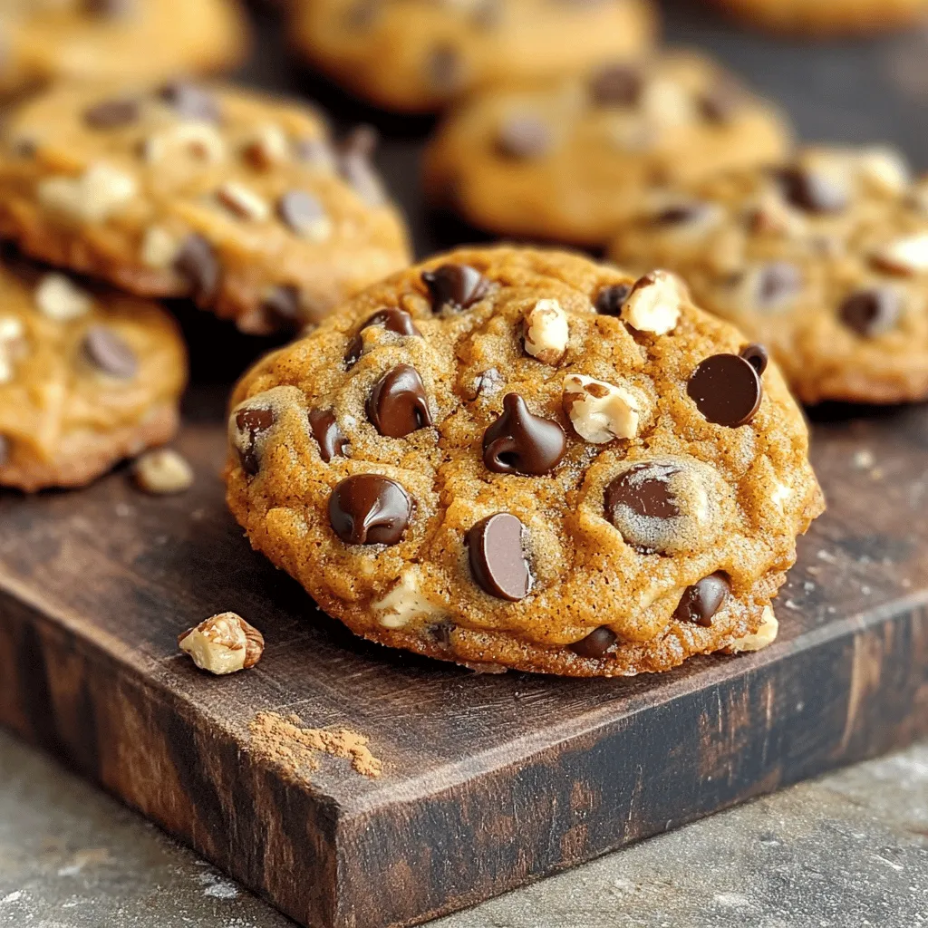 To make chewy pumpkin chocolate chip cookies, gather these ingredients: - 1 cup canned pumpkin puree - 1/2 cup unsalted butter, softened - 1 cup packed brown sugar - 1/2 cup granulated sugar - 1 large egg - 1 teaspoon vanilla extract - 2 cups all-purpose flour, sifted - 1 teaspoon baking soda - 1 teaspoon baking powder - 1 teaspoon ground cinnamon - 1/2 teaspoon ground nutmeg - 1/4 teaspoon ground ginger - 1/4 teaspoon sea salt - 1 cup semi-sweet chocolate chips - 1/2 cup chopped walnuts (optional) Each measurement is important for the right texture. The pumpkin gives moisture, while the sugars add sweetness. The butter helps create a soft center. The flour gives structure, and the spices add warmth. Use a kitchen scale for precise measuring if you want. This can help you avoid mistakes. If you don’t have an ingredient, here are some swaps: - Use coconut oil instead of butter for a dairy-free option. - Swap brown sugar with coconut sugar for a lower glycemic index. - If you don’t like walnuts, try pecans or leave them out. - For gluten-free, use a gluten-free flour blend. - You can also replace pumpkin puree with applesauce if needed. These swaps keep the cookie tasty while fitting your needs. 1. Start by preheating your oven to 350°F (175°C). This helps cookies bake evenly. 2. Line a baking sheet with parchment paper. This keeps cookies from sticking. 3. In a large bowl, cream together the softened butter, brown sugar, and granulated sugar. Use a hand mixer or whisk until fluffy, about 2-3 minutes. 4. Add the pumpkin puree, egg, and vanilla extract to the bowl. Mix until smooth and blended. 5. In another bowl, whisk together the sifted flour, baking soda, baking powder, ground cinnamon, ground nutmeg, ground ginger, and sea salt. This ensures even spice and rise in cookies. 6. Gradually mix the dry ingredients into the pumpkin mixture. Use a spatula and stir gently. Avoid overmixing to keep cookies chewy. 7. Fold in the chocolate chips and walnuts (if you want). Make sure they’re well mixed in. 8. Use a tablespoon or cookie scoop to drop mounds of dough onto the baking sheet. Leave 2 inches between each cookie. 9. Bake for 12-15 minutes. The edges should be lightly golden. The centers can look soft; they will firm up as they cool. 10. Once baked, let the cookies cool on the baking sheet for 5 minutes. 11. Transfer them to a wire rack to cool completely. 12. For a fun touch, sprinkle a little extra cinnamon or powdered sugar on top. 13. Serve the cookies on a nice plate with milk or your favorite warm drink. Enjoy! To get chewy cookies, use the right ingredients. Start with canned pumpkin puree. It adds moisture and flavor. Use softened butter, not melted. This helps keep the cookies thick. Make sure to mix the dough until just combined. Overmixing can make them tough. Use brown sugar for sweetness and moisture. It helps create that soft, chewy bite. Preheat your oven to 350°F (175°C). This ensures even baking. Line your baking sheet with parchment paper. This keeps cookies from sticking and helps them bake evenly. Space the cookie dough mounds about 2 inches apart. This allows them to spread without merging. Bake for 12-15 minutes. Look for lightly golden edges and soft centers. They will firm up as they cool. One common mistake is overmixing the dough. This leads to dense cookies. Another mistake is using cold ingredients. Always use room temperature butter and egg. Measure your flour correctly. Too much flour can make cookies dry. Don’t skip the cooling time. Let them cool on the baking sheet for 5 minutes. This helps them set properly before moving to a wire rack. {{image_4}} You can boost the flavor of these cookies in fun ways. Add a splash of maple syrup for warmth. Try using dark chocolate chips for a richer taste. You can also mix in some white chocolate chips for a sweet twist. If you love spices, add a pinch of cloves or allspice. These small changes make a big difference and can create a new favorite cookie. Want to make these cookies gluten-free? Simply swap all-purpose flour for a gluten-free blend. Many brands offer blends that work well in baking. Look for ones that include xanthan gum for better texture. This way, those with gluten sensitivities can enjoy these tasty treats too. It’s simple and keeps the cookies soft and chewy. You can personalize your cookies with fun add-ins. Try adding dried cranberries or raisins for a fruity touch. If you want some crunch, mix in more nuts like pecans or almonds. You can even use sunflower seeds for a nut-free option. Feel free to experiment with flavors and textures. This makes your cookies unique every time you bake them! To keep your chewy pumpkin chocolate chip cookies fresh, place them in an airtight container. This will help maintain their soft texture. I recommend storing cookies at room temperature. They stay good for up to five days. If you add walnuts, the cookies might lose some crispness, but they will still taste great. You can freeze these cookies for later enjoyment! First, let them cool completely. Then, place them in a single layer on a baking sheet. Freeze them for about an hour. Once frozen, transfer the cookies to a freezer bag or container. They can last up to three months in the freezer. When you're ready to eat, just thaw them at room temperature. To enjoy your cookies warm, preheat your oven to 350°F (175°C). Place the cookies on a baking sheet and reheat for about 5-7 minutes. This will revive their chewy texture. You can also use a microwave. Heat each cookie for about 10-15 seconds. Enjoy them fresh and warm! Yes, you can use fresh pumpkin. Fresh pumpkin gives a great taste. To use it, roast or boil the pumpkin first. Then, mash it until it is smooth. Make sure to drain any excess water. This helps keep your cookies from being too wet. You can make these cookies healthier by using less sugar. Try reducing the brown and white sugars by half. You can also swap half of the butter for applesauce. This change keeps the cookies moist and lowers fat. Use whole wheat flour instead of all-purpose flour for added fiber. To soften butter fast, cut it into small cubes. Place the cubes in a bowl. Let it sit at room temperature for about 10 minutes. You can also microwave it for 5-10 seconds on low power. Keep an eye on it to avoid melting. Soft butter mixes better and makes your cookies fluffier. In this blog post, we covered how to make delicious cookies. We discussed the key ingredients and their measurements, as well as substitutes you can use. I shared step-by-step baking instructions with tips for cooling and serving. You learned how to create a chewy texture and avoid mistakes. We explored different flavor variations, storage tips, and answered common questions. Remember, baking is fun! Use this guide to bake the best cookies. Enjoy sharing your tasty treats with friends and family.
