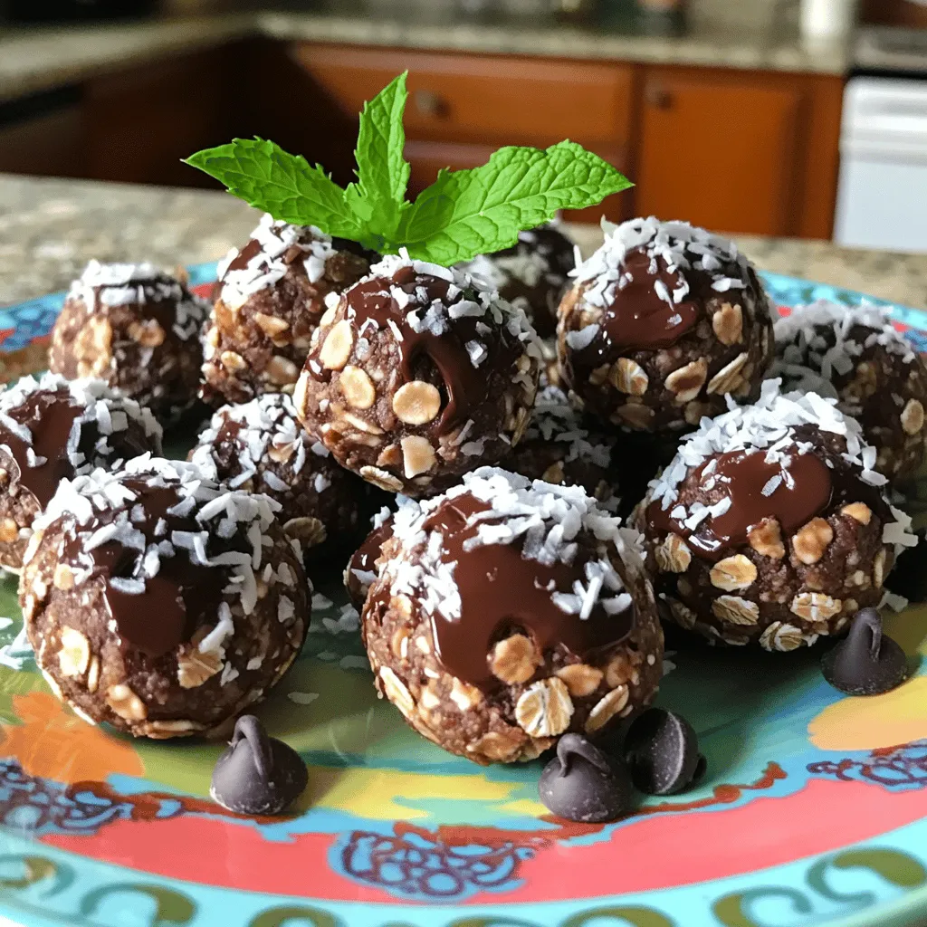 - 1 cup rolled oats - ½ cup almond butter (or peanut butter) - ¼ cup honey or maple syrup - ¼ cup unsweetened cocoa powder - 1 teaspoon vanilla extract - ¼ teaspoon peppermint extract - ½ cup dark chocolate chips (or dairy-free chips) - ¼ cup unsweetened shredded coconut - Pinch of sea salt When I make No-Bake Peppermint Chocolate Energy Bites, I love using rolled oats. They add texture and fiber. Almond butter is my go-to, but peanut butter works too. Honey is sweet and sticky, while maple syrup gives a unique flavor. Unsweetened cocoa powder brings rich chocolate taste without extra sugar. Vanilla extract adds warmth, and peppermint extract gives that holiday feel. Dark chocolate chips are a must for indulgence. If you're dairy-free, just swap in dairy-free chips. Shredded coconut adds a nice chew and a tropical twist. A pinch of sea salt balances everything out, making each bite taste amazing. - Alternatives for almond butter: You can use cashew butter or sunflower seed butter. - Sweetener options: Honey is thicker, while maple syrup is lighter. Both taste great. - Cocoa powder variations: Try Dutch-processed cocoa for a smoother flavor, or use carob powder for a caffeine-free option. These swaps let you personalize your energy bites. If you're allergic to nuts, choose sunflower seed butter. Use agave syrup if you want a vegan option. Each change keeps the bites yummy and fun to eat. Start by gathering all your ingredients. In a large mixing bowl, add: - 1 cup rolled oats - ½ cup almond butter (or peanut butter) - ¼ cup honey or maple syrup - ¼ cup unsweetened cocoa powder - 1 teaspoon vanilla extract - ¼ teaspoon peppermint extract Mix the dry and wet ingredients well. Use a spatula or wooden spoon to blend them together. You want a sticky mixture that holds together. If it feels dry or crumbly, add a bit more almond butter or syrup. This will help you achieve the right consistency. Now it’s time to shape your energy bites. Take about a tablespoon of the mixture and roll it into a ball. Keep your hands damp to prevent sticking. Aim for uniform sizes for even bites. Place each ball on a baking sheet lined with parchment paper. This step helps keep them from sticking. Chilling is key for the right texture. Transfer the baking sheet to the fridge and let the bites chill for at least 30 minutes. This time allows them to firm up. You’ll know they are ready when they feel solid to the touch. Once chilled, your no-bake peppermint chocolate energy bites are ready to enjoy! To make these energy bites your own, feel free to tweak the ingredients. You can swap almond butter for peanut butter or sunflower seed butter. If you want a sweeter taste, add more honey or maple syrup. Mixing well is key. Use a strong spatula and keep stirring until everything sticks together. If the mix feels too dry, stir in a bit more almond butter or syrup. This will help you get the right texture for rolling. Serving these energy bites can be fun! Arrange them on a bright plate, and sprinkle extra shredded coconut on top. For a gift, place them in a cute jar. Tie a ribbon around it for a nice touch. You can also layer them in a box with parchment paper in between. This makes them look pretty and keeps them from sticking together. These energy bites are tasty and good for you! Rolled oats give you fiber, which helps with digestion. Almond butter adds protein and healthy fats. The dark chocolate chips offer antioxidants. The peppermint gives a fresh flavor and can help with digestion, too. These bites are perfect for a quick snack or a boost after a workout. They fill you up and keep you going! {{image_4}} You can easily change the flavor of your No-Bake Peppermint Chocolate Energy Bites. Try adding spices like cinnamon or nutmeg for warmth. You can also add a splash of lemon or orange zest for a bright note. If you want to use different nuts or seeds, almond butter works well, but peanut butter is great too. You might also consider using sunflower seed butter for a nut-free option. These energy bites can fit many diets. To make them vegan, just use maple syrup instead of honey. For a gluten-free treat, make sure your oats are certified gluten-free. If you need nut-free alternatives, use sunflower seed butter. You can also try pumpkin seed butter. These swaps keep the bites tasty while meeting your needs. You can bring seasonal flair to your energy bites. In fall, add pumpkin spice for a cozy touch. In summer, mix in dried fruits like cranberries or apricots for freshness. For holiday fun, decorate your bites with festive sprinkles or crushed candy canes. This adds color and cheer to your treats, making them perfect for any gathering. To keep your No-Bake Peppermint Chocolate Energy Bites fresh, store them in the fridge. Place them in an airtight container to prevent drying out. I prefer using a glass jar or a sturdy plastic container. These options keep flavors intact and help avoid spills. These energy bites last about one week in the fridge. They may stay fresh longer if stored well. Check for any signs of spoilage. If you see mold or notice an off smell, it's time to toss them. Always trust your senses when it comes to food safety. You can freeze these energy bites for up to three months. To freeze, arrange them in a single layer on a baking sheet. Once they are solid, transfer them to a freezer-safe bag. This method prevents them from sticking together. When you're ready to enjoy, thaw them in the fridge overnight. This keeps the texture nice and firm. Enjoy your treats anytime! Can I use quick oats instead of rolled oats? Yes, you can use quick oats. They will work, but the texture may be softer. Rolled oats offer a chewier bite, which I prefer. What can I replace almond butter with? You can swap almond butter for peanut butter. Sunflower seed butter is also a good nut-free option. Each will add a unique flavor. How can I make these energy bites less sweet? To reduce sweetness, cut back on honey or maple syrup. You can also add more cocoa powder for a rich taste without added sugar. Can I make them without chocolate chips? Yes, you can skip chocolate chips. Try adding dried fruit or nuts instead. This change will still give your bites great texture. Are these suitable for kids' snacks? Absolutely! These energy bites are perfect for kids. They are healthy, tasty, and easy to grab on the go. Just make sure to watch for any nut allergies. These no-bake peppermint chocolate energy bites are simple to make and customize. You can swap ingredients to fit your taste. Don’t forget the chilling time; it helps them set well. These bites offer great nutrition and are good for snacks or post-workout. Store them properly to enjoy them longer. I hope you try these delicious treats and share them with family or friends. Make them your own by adding your favorite flavors!