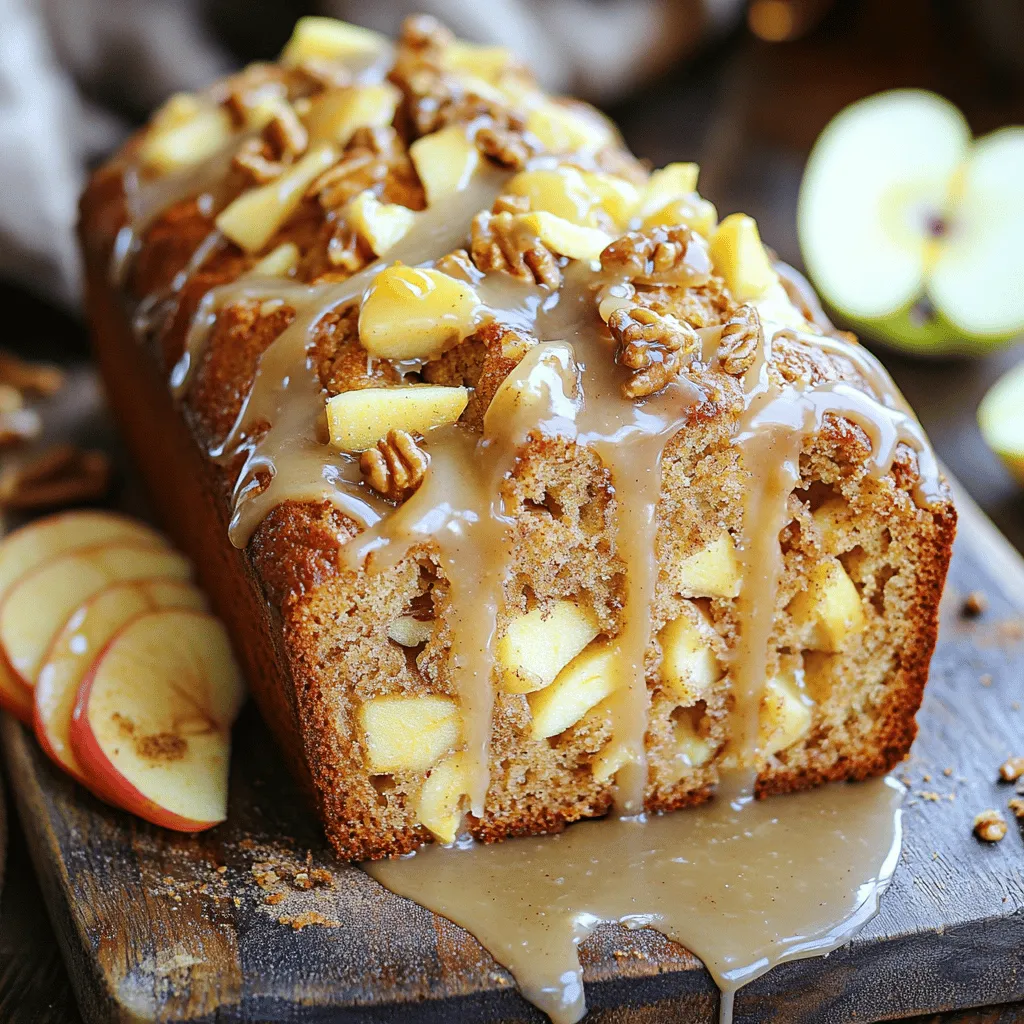- Dry Ingredients - 2 cups all-purpose flour - 1 teaspoon baking powder - 1/2 teaspoon baking soda - 1 teaspoon ground cinnamon - 1/2 teaspoon salt - 1/2 cup granulated sugar - 1/4 cup brown sugar, packed tightly - Wet Ingredients - 1/2 cup unsalted butter, melted and slightly cooled - 1 large egg, at room temperature - 1 teaspoon vanilla extract - 1 cup apples, peeled and diced (about 2 medium apples) - Optional Add-ins - 1/4 cup walnuts or pecans, finely chopped Gathering your ingredients is the first step in making this tasty treat. You want to measure everything out before you start. This way, you can focus on mixing and baking. Make sure your apples are fresh and ripe for the best flavor. If you like nuts, walnuts or pecans add a nice crunch. They also give a great contrast to the soft bread. Now, let’s get those ingredients ready! Preheating the Oven Start by preheating your oven to 350°F (175°C). This step is key for even baking. Greasing the Loaf Pan Next, take a 9x5 inch loaf pan. Grease it well with non-stick spray or butter. This helps your bread come out easily after baking. Whisking Together Key Ingredients In a medium bowl, add 2 cups of all-purpose flour, 1 teaspoon of baking powder, 1/2 teaspoon of baking soda, 1 teaspoon of ground cinnamon, and 1/2 teaspoon of salt. Whisk everything together until well mixed. This ensures the flavors will blend well in your bread. Mixing Sugars and Butter In a large bowl, mix together 1/2 cup of granulated sugar, 1/4 cup of brown sugar, and 1/2 cup of melted butter. Use a whisk or wooden spoon until it’s smooth and creamy. Adding Egg and Vanilla Now, add 1 large room-temperature egg and 1 teaspoon of vanilla extract to the sugar mixture. Whisk until it’s fully blended and smooth. Gently Folding Dry Ingredients into Wet Gradually add the dry mixture into the wet mixture. Gently fold them together with a spatula until just combined. Be careful not to overmix, as this can make the bread dense. Incorporating Apples and Nuts Carefully fold in 1 cup of diced apples and 1/4 cup of chopped walnuts or pecans if you like. Make sure they are evenly mixed throughout the batter. Pouring Batter into Pan Pour the batter into your greased loaf pan. Use a spatula to smooth the top. This helps it bake evenly. Optimal Baking Time and Checking Doneness Place the loaf pan in the oven and bake for 50-60 minutes. To check if it’s done, insert a toothpick into the center. If it comes out clean or with a few moist crumbs, it’s ready. Cooling in the Pan vs. Wire Rack After baking, let the bread cool in the pan for about 10 minutes. Then, transfer it to a wire rack to cool completely. This helps keep the bread from getting soggy. Preparing and Drizzling the Glaze While the bread cools, make the glaze. In a small bowl, whisk together 1 cup of powdered sugar, 2 tablespoons of milk, 1/2 teaspoon of vanilla extract, and 1/2 teaspoon of ground cinnamon. Adjust the milk for the right consistency. Once the bread is cool, drizzle the glaze over the top. Enjoy the sweet, shiny finish! How to Avoid Overmixing When you mix the batter, do it gently. Stir until you see no dry flour. Overmixing can create dense bread. Aim for a light and fluffy texture. This helps the bread rise nicely. Importance of Room Temperature Egg Using an egg at room temperature makes a big difference. It helps the batter blend better. Cold eggs can create lumps. To quickly warm an egg, place it in a bowl of warm water for a few minutes. This simple step improves your bread’s texture. Using Different Types of Apples You can mix up the flavor by using different apples. Granny Smith apples give a tart taste. Honeycrisp adds sweetness. Fuji apples are juicy and crisp. Each type adds its own unique twist. Try a blend for even more flavor! Peak Season for Apples Apples are best in the fall. This is when they are fresh and full of flavor. Look for them at local markets. Since they are in season, the taste will be better. Fresh apples make your bread even tastier. {{image_4}} Substituting Whole Wheat Flour You can swap all-purpose flour for whole wheat flour. This change will add fiber and a nutty taste. Start with a 1:1 ratio. The bread will be denser but still tasty. Using Different Nuts or Omitting Nuts If you don't like nuts, you can skip them. The bread will still be soft and sweet. If you want nuts, try almonds or hazelnuts. They add a nice crunch and flavor. Alternative Glaze Recipes You can make different glazes. Instead of vanilla, use orange juice for a fresh twist. For a chocolate glaze, mix cocoa powder with powdered sugar and milk. Spicing Up the Glaze Want to add a kick? Mix in a pinch of nutmeg or ginger. These spices will give the glaze a warm flavor. Best Pairings with Beverage Cinnamon apple bread pairs well with hot tea or coffee. The warm drinks enhance the sweet taste of the bread. You can also serve it with cold milk for a nice treat. Creative Ways to Serve Slice the bread and toast it for an extra crunch. Spread butter or cream cheese on top for added flavor. You can also serve it with a scoop of vanilla ice cream for a dessert. Room Temperature Storage Keep your cinnamon apple bread in a cool spot. Use a bread box or wrap it in plastic. This helps keep it soft for up to three days. If you see any mold, throw it away right away. Refrigeration Tips You can put the bread in the fridge. This keeps it fresh a bit longer, up to a week. Wrap it well in foil or plastic first. Just know, it might get a bit dry in the fridge. To enjoy it soft again, warm it in the microwave for 10 to 15 seconds. How to Properly Freeze To freeze your bread, let it cool completely. Wrap it tightly in plastic wrap, then in foil. This keeps out air and moisture. You can freeze it for up to three months. Make sure to label the date on the foil. Thawing Instructions When you're ready to eat, take it out of the freezer. Let it thaw in the fridge overnight. If you're short on time, you can leave it on the counter for 2 to 3 hours. Once thawed, enjoy it as is or warm it up for a cozy treat! For baking, I recommend using firmer apples. Granny Smith and Honeycrisp work well. They add a nice tartness and hold their shape when baked. You can also use Fuji or Braeburn for added sweetness. Yes, you can! Use a gluten-free all-purpose flour blend. Make sure it includes xanthan gum to help with texture. This will keep your bread soft and tender. To check if the bread is done, insert a toothpick into the center. If it comes out clean or with a few moist crumbs, it is ready. The bread should also spring back when you gently press the top. Absolutely! You can mix the glaze ahead of time. Store it in the fridge in a sealed container. Just whisk it again before using to ensure it is smooth. The bread lasts about 2 to 3 days at room temperature. Keep it in an airtight container to stay fresh. For longer storage, consider freezing it. This blog post covered how to make delicious cinnamon apple bread. We discussed key ingredients, step-by-step instructions, tips for success, and tasty variations. Baking bread can be fun and easy. Remember to choose the right apples and avoid overmixing for the best results. Try different nuts or glazes to make your bread unique. With proper storage, you can enjoy your bread for days. I hope you feel ready to bake and share your masterpiece with friends and family!