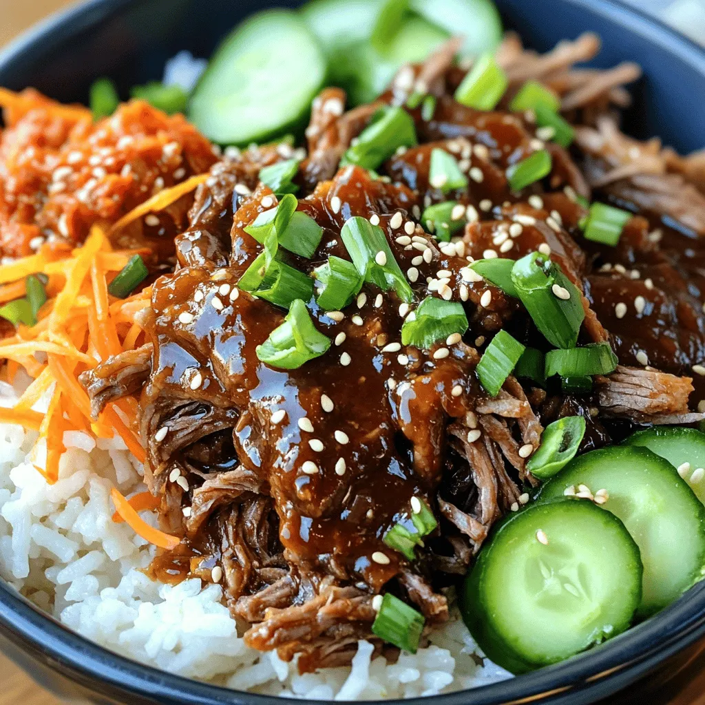 - 2 lbs beef chuck roast, trimmed and cut into 1-inch cubes - 1/2 cup low-sodium soy sauce - 1/2 cup brown sugar, packed - 1/4 cup sesame oil - 1/4 cup rice vinegar - 1 tablespoon minced garlic (about 3 cloves) - 1 tablespoon freshly grated ginger - 1 tablespoon sesame seeds (plus extra for garnish) - 2 green onions, chopped (for garnish) - 4 cups freshly cooked jasmine rice - 1 cup shredded carrots - 1 cup sliced cucumbers - Kimchi for serving You can swap beef chuck roast for flank steak. This cut cooks fast and is also tender. If you want a leaner option, try sirloin. For a gluten-free version, use tamari instead of soy sauce. Instead of jasmine rice, serve with brown rice or quinoa for a healthier twist. To start, gather your ingredients for the marinade. In a large mixing bowl, combine: - 1/2 cup low-sodium soy sauce - 1/2 cup brown sugar, packed - 1/4 cup sesame oil - 1/4 cup rice vinegar - 1 tablespoon minced garlic (about 3 cloves) - 1 tablespoon freshly grated ginger Whisk these ingredients together until the mixture is smooth. This marinade will give the beef a rich and sweet flavor. Next, take your beef chuck roast, which should be cut into 1-inch cubes. Place these cubes in your slow cooker. Pour the prepared marinade over the beef, making sure each piece is coated well. Then, sprinkle 1 tablespoon of sesame seeds over the top. Give it a gentle stir to mix everything together. Cover the slow cooker and set it to cook on low for 7-8 hours or high for 3-4 hours. You want the beef to become tender and easy to shred. After the cooking time, use two forks to shred the beef in the slow cooker. Mix it in the sauce to soak up all that yummy flavor. Now it’s time to assemble your bowls. Start with a scoop of freshly cooked jasmine rice. Place a generous amount of the shredded Korean BBQ beef on top. For a colorful touch, add chopped green onions, shredded carrots, and sliced cucumbers. These toppings add crunch and freshness. If you want to enhance your meal, serve the bowls with kimchi on the side. It pairs well with the flavors and adds a nice zing. Enjoy your delicious creation! To get tender beef, choose the right cut. Beef chuck roast works well. Cut it into 1-inch cubes for even cooking. Marinate the beef for at least one hour. This allows the flavors to soak in deeply. Cooking low and slow is key. Use your slow cooker on low for 7-8 hours. This breaks down tough fibers and makes the meat fork-tender. Shred the beef in the cooker after cooking. Mixing it with the sauce adds even more flavor. Store any leftovers in an airtight container. This keeps the beef fresh and tasty. Place it in the fridge if you plan to eat it within three days. For longer storage, freeze the beef. It can last up to three months in the freezer. Just make sure to label the container with the date. When ready to eat, thaw overnight in the fridge. Reheat gently on the stove or in the microwave. For the best flavor, serve the beef over warm jasmine rice. The rice soaks up the delicious sauce. Add fresh toppings like shredded carrots and cucumber slices. This adds crunch and color to your bowl. Consider serving with a side of kimchi. It brings a nice tang and spice that pairs well with the beef. Present the bowls on a wooden platter for a rustic look. A sprinkle of sesame seeds on top makes it look even better. Enjoy your Korean BBQ beef bowls! {{image_4}} You can switch the beef for other proteins. Chicken thighs work well. They stay juicy and soak up the flavors. Pork shoulder is another tasty choice. It becomes tender in the slow cooker too. If you like lamb, try it for a twist. Cube it like the beef. You can use firm tofu for a lighter option. Just ensure it has flavor from the marinade. To make a vegetarian bowl, you can use jackfruit. It shreds well and takes on flavors nicely. Another option is to use tempeh. It has a nutty taste and a firm texture. Marinate it just like the beef. Serve it over the jasmine rice with the usual toppings. You can add extra veggies like bell peppers or zucchini. For a heartier bowl, consider adding quinoa instead of rice. Enhancing flavors is easy! Add chili flakes for heat. You can also toss in some sliced bell peppers while cooking. They add color and crunch. A splash of lime juice before serving brightens the dish. Try adding crushed peanuts on top for a nutty crunch. If you love garlic, add roasted garlic cloves. They make a sweet, rich flavor. For a fun twist, mix in pineapple chunks for sweetness and acidity. Once you finish your Korean BBQ beef bowls, let them cool. Store leftovers in a sealed container. Keep them in the fridge for up to three days. Make sure to separate the beef from the rice and veggies. This helps keep everything fresh. If you want to save some for later, freezing is a great option. Place the beef in a freezer-safe bag. Remove as much air as you can before sealing. You can freeze the beef for up to three months. It’s best to freeze the rice and veggies separately to keep their texture. When stored properly, leftovers can last. In the fridge, they stay good for about three days. In the freezer, expect up to three months of tasty meals. Just remember to reheat the beef until it’s hot throughout. Enjoy those flavors again! Yes, you can use other cuts of beef. Cuts like brisket or flank steak work well. They may cook faster, so check the time. Choose cuts with some fat. Fat adds flavor and helps keep the meat juicy. To make it spicier, add red pepper flakes to the marinade. Start with one teaspoon. You can add more if you like heat. Another option is to add gochujang, a Korean chili paste. It gives depth and a nice kick. Yes, you can cook this recipe on the stove. Use a large pot and brown the beef first. Then add the marinade. Let it simmer on low heat for about two hours. Stir often to avoid burning. Check if the beef is tender before serving. This post provided a clear guide to making flavorful beef bowls. We discussed main and optional ingredients. You learned about easy cooking steps in the slow cooker. Tips for tender meat and storage kept things simple. Explore variations for proteins and flavors to suit your taste. Keep these tips in mind to enjoy your meals longer. With this knowledge, you can create delicious bowls every time with ease.