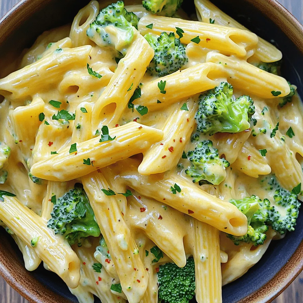 To make creamy broccoli cheddar pasta, gather these simple ingredients: - 8 oz (about 225g) pasta of choice (e.g., penne, fusilli) - 2 cups fresh broccoli florets - 1 cup sharp cheddar cheese, shredded - 1 cup heavy cream - 1/2 cup vegetable broth - 1/2 cup grated Parmesan cheese - 2 cloves garlic, minced - 1 tablespoon olive oil - Salt and pepper to taste - 1/4 teaspoon crushed red pepper flakes (optional) - Fresh parsley, chopped, for garnish You can swap some ingredients if needed. Here are a few ideas: - Use whole wheat or gluten-free pasta for a different option. - Swap heavy cream with half-and-half for a lighter sauce. - Try other cheeses like mozzarella or gouda if you prefer. - Vegetable broth can be replaced with chicken broth for more flavor. - For a vegan version, use plant-based cream and cheese alternatives. Choosing the right broccoli is key for this dish. Here are my best tips: - Look for firm, bright green florets. They should feel tight and not wilted. - Avoid yellowing or browning florets, as they indicate age. - Check the stems; they should be crisp and not soft. - Try to buy organic if possible, as they often taste better. - Store broccoli in the fridge and use it within a few days for the best flavor. Start by filling a large pot with water. Add a good amount of salt to the water. Bring the water to a boil. Once it is boiling, add 8 oz of your favorite pasta. Cook the pasta as the package says until it is al dente. With three minutes left, add 2 cups of fresh broccoli florets to the pot. When the pasta and broccoli are done, drain them. Set them aside, but save 1/2 cup of the pasta water for later. Use the same pot for the next step to keep the flavor. Heat 1 tablespoon of olive oil over medium heat. Add 2 cloves of minced garlic to the pot. Sauté the garlic for about one minute. Stir it often. You want it fragrant but not brown. Next, pour in 1/2 cup of vegetable broth and 1 cup of heavy cream. Bring this mixture to a gentle simmer. Stir it from time to time. Add the reserved pasta water slowly until you reach the creaminess you like. Now it’s time to add the cheese! Lower the heat and add 1 cup of shredded sharp cheddar cheese and 1/2 cup of grated Parmesan cheese. Stir continuously until both cheeses melt and the sauce is smooth. Taste your sauce and add salt, pepper, or 1/4 teaspoon of crushed red pepper flakes if you want a bit of heat. Finally, gently mix the cooked pasta and broccoli back into the sauce. Use tongs or a spatula to coat everything in that creamy goodness. Enjoy! To reach that perfect creaminess in your pasta, use heavy cream. This thick cream adds a rich texture. Also, add reserved pasta water gradually. This helps adjust the sauce’s thickness. If you want a lighter option, consider using half-and-half. Mixing it with a bit of cream can work well, too. One common mistake is overcooking the pasta. This can turn your dish mushy. Always cook until al dente. Another mistake is adding cheese too soon. Wait until your sauce simmers. This way, the cheese melts smoothly, making the sauce velvety. Lastly, don’t skip the salt when cooking pasta. It enhances the flavor of your dish. Serve your creamy pasta in deep bowls. This keeps it warm longer. For extra flair, add a few broccoli florets on top. A sprinkle of extra cheese can make it look fancy. Pair it with a side salad for a fresh touch. A crisp green salad balances the richness of the pasta. Enjoy your meal with friends or family for a cozy dinner! {{image_4}} You can easily add protein to your creamy broccoli cheddar pasta. Chicken or shrimp work well. For chicken, grill or sauté pieces until cooked. For shrimp, cook them in the pan until they turn pink. Add the cooked protein to the pasta right before serving. This makes your meal more filling and adds flavor. If you want a vegetarian twist, consider using beans or lentils. Chickpeas or white beans add protein and texture. You can also toss in firm tofu for a hearty bite. Just sauté the beans or tofu with garlic before mixing them into the pasta. This keeps the dish satisfying without meat. Cheese is key to this recipe. While sharp cheddar is classic, you can try other options. Gouda adds a smoky flavor, while mozzarella gives a stretchy texture. For a tangy kick, use goat cheese. Mix and match cheeses for a unique taste. Remember, the creaminess comes from both cheese and heavy cream, so feel free to experiment! To keep your creamy broccoli cheddar pasta fresh, store it in an airtight container. Make sure it cools down to room temperature first. This helps prevent moisture build-up. I recommend using a glass container for better storage. When you’re ready to enjoy leftovers, reheat gently. You can use the microwave or a skillet. If using a skillet, add a splash of vegetable broth or cream. This will help restore the creamy texture. Heat until warmed through, stirring often. Your creamy pasta lasts about 3 to 5 days in the fridge. Just remember to check for any signs of spoilage before eating. If it smells off or looks strange, best to toss it out. Yes, you can make this pasta in advance. Cook the pasta and broccoli, then prepare the cheese sauce. Combine them just before serving. This keeps the pasta fresh and creamy. Store it in the fridge for up to three days. When you reheat, add a splash of cream or broth to restore creaminess. This pasta pairs well with many sides. Here are some great options: - Garlic bread for a crunchy bite. - A fresh garden salad adds color and crunch. - Roasted chicken or shrimp for extra protein. - Steamed vegetables for more nutrients. These sides will make your meal more filling and balanced. You can easily make this dish healthier with a few simple swaps: - Use whole wheat pasta for extra fiber. - Substitute heavy cream with Greek yogurt or low-fat milk. - Add more vegetables like spinach or bell peppers. - Reduce cheese or choose a low-fat version. These changes can help boost nutrition without losing flavor. This guide covered everything you need for Creamy Broccoli Cheddar Pasta. From the full ingredient list to tips on selecting the freshest broccoli, I aimed to help you succeed. You learned step-by-step how to cook the dish and avoid common mistakes. We also explored tasty variations and smart storage tips. Enjoy making this dish your own, and remember, this pasta is not just comforting; it’s a way to add veggies to your meal. Happy cooking!