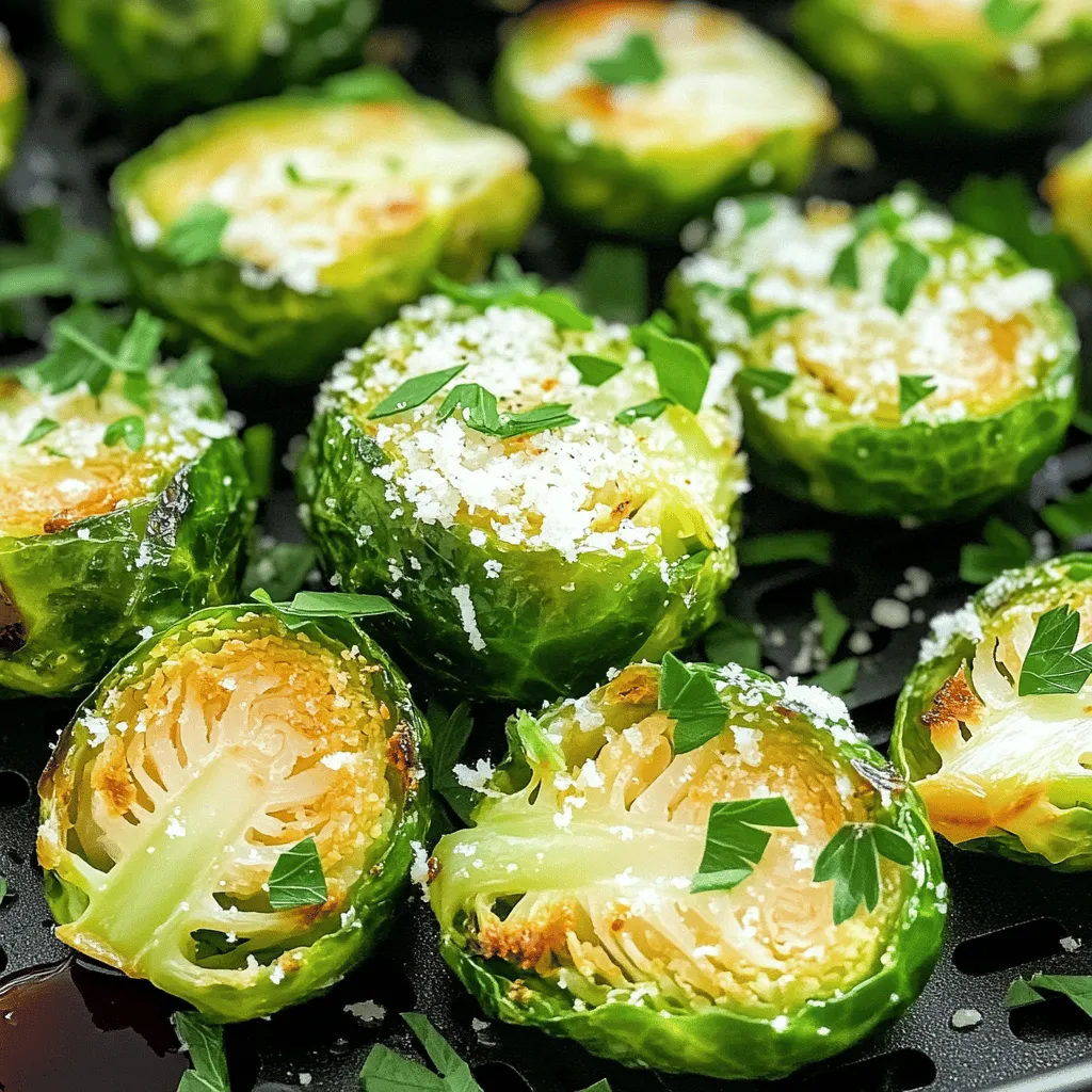 - 1 pound Brussels sprouts, trimmed and halved - 3 tablespoons extra virgin olive oil - 4 cloves garlic, finely minced - 1/2 cup freshly grated Parmesan cheese - 1 teaspoon garlic powder - 1 teaspoon onion powder - Salt and freshly ground black pepper, to taste - 1 tablespoon balsamic vinegar (optional, for drizzling) - Fresh parsley, finely chopped (for garnish) For this recipe, fresh Brussels sprouts shine. I love to pick sprouts that are small and firm. They give a sweet and nutty flavor when cooked right. Don't skip the garlic; it adds a bold taste. The olive oil helps everything crisp up. The Parmesan cheese brings a creamy depth. I always use freshly grated cheese. It melts better and tastes richer than pre-grated. For seasoning, I add garlic powder and onion powder. They boost the flavor without overpowering the sprouts. Don't forget salt and pepper! They enhance every bite. If you want extra flavor, drizzle some balsamic vinegar. It adds a sweet tang that pairs well with the savory cheese. Finally, fresh parsley makes a lovely garnish. It adds a pop of color and brightness to the dish. Keep these ingredients on hand for a quick and tasty side dish. First, preheat your air fryer to 375°F (190°C). This step is key for crispy sprouts. The hot air cooks them evenly, giving a nice crunch. Next, grab a large mixing bowl. Combine 1 pound of halved Brussels sprouts with 3 tablespoons of extra virgin olive oil. Add 4 minced garlic cloves, 1 teaspoon of garlic powder, 1 teaspoon of onion powder, and salt and pepper to taste. Toss everything together until the sprouts are well-coated. This mix makes each bite flavorful. Now, carefully transfer the seasoned Brussels sprouts into the air fryer basket. Spread them out in a single layer to ensure even cooking. Air fry for 10 minutes. After 10 minutes, take a moment to shake the basket. This step helps the sprouts cook evenly. Continue to cook for another 5 minutes, or until they look crispy and golden brown. Once done, remove the sprouts from the air fryer. Immediately toss them with 1/2 cup of freshly grated Parmesan cheese. The heat will melt the cheese, coating the sprouts beautifully. Serve these delightful bites hot and enjoy! To get that perfect crunch, coat the Brussels sprouts evenly with oil and seasonings. This helps each sprout cook well. If you skip this step, some may turn out dry. Use a large bowl to mix them well. Avoid overcrowding the air fryer basket. If you pile them high, they won't crisp up. Instead, cook them in batches. This ensures they get enough hot air around them. Want to spice things up? Try adding some red pepper flakes for heat. You can also mix in some smoked paprika for a deep flavor. If you're looking for a twist, use nutritional yeast instead of Parmesan. It gives a cheesy taste and is vegan-friendly. Pair these sprouts with grilled chicken or salmon for a great meal. They also go well with quinoa or rice for a filling side. For presentation, serve them in a colorful bowl. You can arrange them in a circle and drizzle balsamic vinegar on top. Add a few sprigs of parsley for a fresh touch. {{image_4}} You can easily change the flavor of your Brussels sprouts. Adding lemon zest brings a bright, fresh taste. Just a little zest can make a big difference! If you want some heat, sprinkle in red pepper flakes. This adds a nice kick to the dish. You can also swap out the Parmesan cheese. Try using feta for a tangy twist. Cheddar can add a richer flavor. These options let you customize your dish to fit your taste. If you need gluten-free options, you’re in luck! All the main ingredients are naturally gluten-free. Just make sure to check the labels on any seasonings. For vegan alternatives, replace Parmesan cheese with nutritional yeast. This gives a cheesy flavor without dairy. You can also use avocado oil instead of olive oil for a plant-based fat option. These swaps make the dish suitable for everyone. You can cook Brussels sprouts using different methods. If you don’t have an air fryer, you can roast them in the oven. Preheat the oven to 400°F (200°C). Spread the sprouts on a baking sheet and roast for 20-25 minutes. You can also use a stovetop method. Sauté the Brussels sprouts in a pan with oil and seasonings over medium heat. Cook until they are tender and golden. For a quicker method, try the Instant Pot. Add your sprouts and a cup of water. Cook on high pressure for just 3-4 minutes. Use a quick release to get them out fast. Each method offers unique flavors and textures. To store your leftover Air Fryer Garlic Parmesan Brussels Sprouts, let them cool first. Use an airtight container for best results. Place the sprouts in the container, separating layers with parchment paper. They stay fresh for up to three days in the fridge. This method helps keep them crispy and tasty. Reheating is easy and quick. For the best texture, use the air fryer. Preheat it to 350°F (175°C). Place the sprouts in the basket and heat for about 5 minutes. You can also use the oven. Set it to 350°F (175°C) and heat on a baking sheet for about 10 minutes. If you prefer the stovetop, heat a skillet over medium heat. Add a splash of olive oil and toss the sprouts for about 3-4 minutes. If you want to freeze your sprouts, start by cooling them completely. Spread them on a baking sheet in a single layer. Freeze for about 1-2 hours until firm. Then, transfer them to a freezer-safe bag. They can last up to three months. Keep in mind, frozen sprouts may lose some crunch when cooked again. But they will still taste great! To check if your Brussels sprouts are done, look for a few signs. They should be crispy and golden brown on the outside. The inside should feel tender when pierced with a fork. You can also taste one to see if it's cooked to your liking. If they are still firm, they may need more time in the air fryer. - Visual Cues: Look for a crispy exterior and golden color. - Texture Check: Pierce with a fork; it should feel tender. - Taste Test: Sample one to confirm doneness. Yes, you can use frozen Brussels sprouts! However, there are some pros and cons. Frozen sprouts may not be as crisp as fresh ones. They often come pre-cut, saving time. You will need to cook them longer to get a nice texture. - Pros: - Convenient and often cheaper. - No prep work needed. - Cons: - May lack crunch. - Longer cooking times are necessary. These Brussels sprouts pair well with many dishes. They make a great side for grilled chicken or fish. You can also serve them with rice or quinoa for a complete meal. For a fun twist, add them to a salad or pasta. - Meat Options: Grilled chicken, roasted salmon, or pork. - Grains: Quinoa, brown rice, or couscous. - Salads and Pasta: Toss them into salads or mix with pasta for added flavor. In this post, we explored how to make Air Fryer Garlic Parmesan Brussels Sprouts. You learned about the key ingredients and the step-by-step process for perfecting this dish. We discussed tips for texture, flavor enhancements, and serving ideas. You can even try variations or alternative cooking methods. Remember, storing and reheating leftovers doesn't have to be tricky. Enjoy experimenting with this tasty recipe, and let it elevate your meals. Happy cooking!