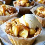 - Apples selection: Choose 4 medium apples, like Granny Smith or Honeycrisp. These apples add a nice tartness that balances the sweet crumble and caramel. - Sweeteners and flavorings: Use 1 tablespoon of fresh lemon juice to brighten the flavor. Add 1 teaspoon of ground cinnamon for warmth and 1/4 cup of packed brown sugar for sweetness. - Crumble ingredients: Combine 1 cup of all-purpose flour and 1/2 cup of old-fashioned oats. Mix in 1/3 cup of granulated sugar, 1/2 cup of melted unsalted butter, and 1/4 teaspoon of fine salt. This mixture creates a crunchy topping. - Salted caramel sauce: I recommend using a store-bought salted caramel sauce. It saves time and adds rich flavor. You can drizzle extra on top when serving! - Optional serving suggestion: A scoop of vanilla ice cream pairs wonderfully with the warm crumble cups. The creaminess complements the sweet and salty flavors. To start, I take four medium apples, like Granny Smith or Honeycrisp. I peel and dice them into small pieces. Next, I add one tablespoon of fresh lemon juice to the apples. This juice keeps them from browning. Then, I sprinkle in one teaspoon of ground cinnamon and 1/4 cup of packed brown sugar. I give it a good stir until the apples are well coated. After mixing, I set this apple mixture aside for about ten minutes. This marinating time helps enhance their flavor. For the crumble, I grab a separate bowl. In it, I mix together one cup of all-purpose flour, 1/2 cup of old-fashioned oats, and 1/3 cup of granulated sugar. Then, I pour in 1/2 cup of melted unsalted butter. I also add 1/4 teaspoon of fine salt. Using my fingers or a fork, I blend everything together. I keep mixing until the texture is crumbly. It should look like coarse crumbs. This step is key for a perfect crumble. Now it's time to layer everything in a muffin tin. First, I line the muffin tin with parchment paper liners. This helps prevent sticking. I take half of the crumble mixture and spoon it into each cup. I press it down firmly to create a solid base layer. Next, I generously spoon the marinated apple mixture over the crumble base. I make sure each cup gets a good amount of juicy apples. Finally, I sprinkle the remaining crumble mixture over the apples. I distribute it evenly for a delightful topping. I preheat my oven to 350°F (175°C). Once the oven is ready, I bake the cups for 25 to 30 minutes. I watch for the crumble tops to turn golden brown. I also look for the apples to be tender and bubbling slightly at the edges. These signs mean they are done. After baking, I carefully remove the muffin tin from the oven. I let the cups cool for about 10 minutes before serving. Just before serving, I drizzle each crumble cup with salted caramel sauce. This extra touch adds sweetness and makes them truly special. To avoid a soggy bottom in your crumble cups, use parchment liners. They help keep the cups from sticking. Press the crumble mixture firmly into the bottom of the muffin tin. This creates a strong base. For a crisp topping, use cold butter in your crumble mixture. It helps keep the topping flaky. Mix until you see coarse crumbs. Don't overmix; you want some texture. To boost flavor, try adding chopped nuts or spices. Walnuts or pecans add crunch. A pinch of nutmeg or ginger can bring warmth. When choosing apples, look for firm ones like Granny Smith or Honeycrisp. They hold their shape and offer a nice balance of sweet and tart. Fresh apples also add natural juice to your cups. Serve the crumble cups warm. Top each cup with a scoop of vanilla ice cream. The cold ice cream pairs perfectly with warm apples. For a beautiful presentation, drizzle extra salted caramel over the top. You can also sprinkle a little cinnamon for added flair. This makes a lovely treat for gatherings or cozy nights in. {{image_4}} You can change the fruit in your crumble cups. Try using pears, peaches, or even berries. Each fruit brings its own taste and texture. For a warm spice kick, add nutmeg or ginger to your apple mix. These spices add depth and warmth to each bite. If you're looking for a healthier choice, switch to whole wheat flour or a gluten-free flour blend. These options keep the crumble tasty while adding more fiber. You can also cut back on sugar. Reducing it helps keep the sweetness without overdoing it. Want to serve more people? Simply double the recipe! This way, you can enjoy the crumble cups at larger gatherings. For a fun treat, make mini versions. Use a mini muffin tin to create bite-sized delights. They are perfect for parties or snacks! To store leftover crumble cups, let them cool completely first. Place them in an airtight container. Store in the fridge for up to three days. This keeps them fresh and tasty. When you want to enjoy them again, reheat them in the oven. Set the oven to 350°F (175°C). Heat for about 10 minutes. This helps keep the crumble crisp and the apples warm. You can also freeze the crumble cups for later. To freeze, wrap each cup tightly in plastic wrap. Then, place them in a freezer-safe bag. This prevents freezer burn and keeps them fresh. For the best quality, eat them within three months. To thaw, move them to the fridge overnight. When ready, reheat them in the oven for the best taste and texture. Yes, you can prepare these cups in advance. Make the apple filling and crumble mixture a day earlier. Store them separately in airtight containers in the fridge. Before baking, assemble the cups and bake. This saves time and keeps your dessert fresh. If you don't have salted caramel sauce, you can make your own. Combine 1 cup of granulated sugar with 1/4 cup of water in a saucepan over medium heat. Cook until it turns a golden color. Remove from heat and add 1/2 cup of heavy cream and a pinch of salt. Stir until smooth. This gives you a sweet and salty sauce. These crumble cups stay fresh for about 3 to 4 days. Store them in the fridge in an airtight container. Reheat in the oven for best results, so they stay crisp. Absolutely! Use gluten-free flour instead of all-purpose flour. Oats should also be labeled gluten-free. This way, you can enjoy the crumble without gluten. For baking, I recommend Granny Smith or Honeycrisp apples. Granny Smith adds a nice tartness, while Honeycrisp offers a sweet flavor. Both hold their shape well and enhance the dish. In this post, we explored how to create delicious apple crumble cups. You learned about selecting the right apples, making the perfect crumble topping, and layering the ingredients. I shared tips for achieving the right texture and flavor, plus serving ideas to impress guests. Keep experimenting with flavors and storage options to find your unique twist. Enjoy baking these treats, and always feel free to customize for your taste!