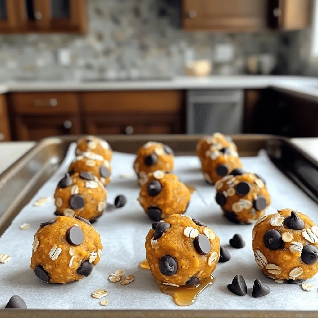 - 1 cup pure pumpkin puree - 1/2 cup almond butter or your favorite nut butter - 1/4 cup honey or maple syrup - 1/2 cup rolled oats - 1/2 cup vanilla protein powder - 1 teaspoon pumpkin pie spice - 1/2 teaspoon ground cinnamon - 1/3 cup dark chocolate chips - A pinch of salt These ingredients come together to make a tasty and healthy snack. Each one plays a key role in flavor and nutrition. Pumpkin puree gives a rich, smooth texture and adds vitamins. Almond butter adds healthy fats and protein. Honey or maple syrup sweetens the mix and keeps it moist. Rolled oats provide fiber, making these protein balls filling. Vanilla protein powder boosts the protein content, helping you feel full longer. Pumpkin pie spice and ground cinnamon add warm, cozy flavors. Dark chocolate chips bring in a sweet treat that balances the healthiness of the other ingredients. A touch of salt enhances all the flavors and makes them pop. - Calories per serving: About 120 - Macros: - Protein: 5g - Carbohydrates: 14g - Fats: 5g These protein balls are not just tasty; they are packed with nutrients. Each ball gives a good mix of protein and carbs. You get healthy fats too, making it a great snack for energy. They are rich in vitamins A and C from pumpkin. You also get minerals like magnesium from almond butter. This snack will keep you energized and satisfied! Start by taking a large mixing bowl. Combine 1 cup of pure pumpkin puree, 1/2 cup of almond butter, and 1/4 cup of honey or maple syrup. Use a spatula or whisk to mix until smooth. You want a creamy texture that brings warmth and sweetness together. Next, it’s time to add the dry ingredients. Stir in 1/2 cup of rolled oats, 1/2 cup of vanilla protein powder, 1 teaspoon of pumpkin pie spice, 1/2 teaspoon of ground cinnamon, and a pinch of salt. Mix well until every ingredient blends together. This will add texture and flavor to our protein balls. Gently fold in 1/3 cup of dark chocolate chips. Make sure they are evenly distributed throughout the mixture. This gives every bite a delightful chocolaty surprise. Now, scoop out portions of the mix with a tablespoon. Roll these portions into bite-sized balls using your palms. After rolling, place the protein balls on a baking sheet lined with parchment paper. Cover the bowl with a lid or plastic wrap and refrigerate for about 30 minutes. This helps firm up the mixture. Once chilled, serve your tasty energy snacks right away or store them in an airtight container in the fridge for up to a week. Enjoy the blend of pumpkin and chocolate! Adjusting sweetness To get the right sweetness, taste your mix. If you want it sweeter, add more honey or maple syrup. You can also reduce the sweetener if you prefer a less sweet ball. This balance helps the pumpkin shine through. Ensuring even mixing Make sure to mix well. Use a spatula to blend the pumpkin, almond butter, and sweetener first. Then, sprinkle in the dry ingredients. Stir until everything is combined. This way, every bite stays tasty. Serving suggestions with bowls or platters For a fun touch, serve the protein balls in a bright bowl or a wooden platter. This adds a nice pop of color to your table. You can also arrange them in a circle for a nice look. Garnishing ideas like chocolate chips or cinnamon To make your snack more appealing, sprinkle some extra chocolate chips on top. A light dusting of cinnamon also works. These little touches make your protein balls look fancy and inviting. Energy-boosting properties These protein balls pack a punch of energy. The pumpkin and oats provide fiber, which keeps you full. The protein powder adds muscle support. Enjoy them as a quick snack to power through your day. Ideal post-workout snack After a workout, your body needs fuel. These protein balls are perfect for that. They help you recover while satisfying your sweet tooth. Enjoy them to help your muscles and taste buds at the same time. {{image_4}} You can switch honey or maple syrup for agave nectar or stevia. Both options offer a lower glycemic index. Agave nectar has a mild flavor and blends well in the mix. Stevia provides great sweetness without calories. Test each option to find your favorite flavor balance. Almond butter is tasty, but you can use peanut butter or cashew butter instead. Peanut butter adds a rich, nutty flavor, while cashew butter gives a creamy texture. Each nut butter changes the taste and nutrition slightly. Try different ones to see which suits your palate. Mix in seeds, dried fruit, or coconut flakes for extra flavor and crunch. Chia seeds or flaxseeds boost nutrition and provide omega-3s. Dried cranberries or raisins add sweetness. Shredded coconut offers chewiness and a tropical twist. Get creative and customize your protein balls! I recommend storing your Pumpkin Chocolate Chip Protein Balls in airtight containers. This helps keep them fresh and tasty. Use containers that seal well to keep moisture out. You can stack the balls in layers with parchment paper in between to avoid sticking. In the refrigerator, these protein balls last for up to a week. If you want them to last longer, you can freeze them. In the freezer, they can stay good for about three months. Just remember to thaw them in the fridge overnight before eating. You can serve these protein balls cold or at room temperature. They taste great right out of the fridge. If you prefer them a bit warmer, let them sit out for a few minutes before enjoying. This will give you a softer texture. Yes, you can make these protein balls vegan. To do this, replace honey with maple syrup. For the protein powder, choose a plant-based option. Brands like pea protein or brown rice protein work great. These swaps keep the flavor and texture while making the recipe vegan-friendly. You can store these protein balls in an airtight container in the fridge. They will stay fresh for up to a week. If you want to keep them longer, freeze them. They can last for about three months in the freezer. Just remember to thaw them in the fridge before serving. Yes, you can use gluten-free oats in this recipe. Many brands offer oats that are certified gluten-free. This makes the protein balls safe for those with gluten sensitivities. Just ensure that all other ingredients you use are also gluten-free. If you don't have protein powder, you can still enjoy these protein balls. Try using ground nuts or seeds instead. Chia seeds or ground flaxseeds can add healthy fats and fiber. You can also add nut butter for extra protein and creaminess. In this blog post, we covered how to make tasty Pumpkin Chocolate Chip Protein Balls. We discussed the key ingredients, step-by-step instructions, and helpful tips for flavor and texture. You learned about variations and best storage practices. These bites offer energy and nutrition for any time of the day. With simple swaps, they can fit many diets. Enjoy making these snacks that are fun and good for you!