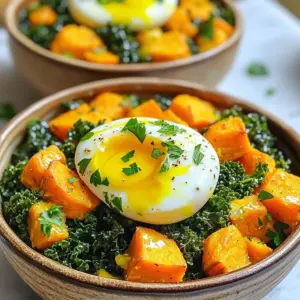 To make the Savory Sweet Potato & Kale Breakfast Hash, gather these simple ingredients: - 2 medium sweet potatoes, peeled and diced into ½-inch cubes - 2 tablespoons olive oil - 1 small onion, finely chopped - 2 cloves garlic, minced - 1 bell pepper (your choice of red or yellow), diced - 2 cups kale, tough stems removed and leaves chopped into bite-sized pieces - 4 large eggs - 1 teaspoon smoked paprika - ½ teaspoon ground cumin - Sea salt and freshly cracked black pepper to taste - Fresh herbs (parsley or cilantro), chopped, for garnish These ingredients create a colorful and tasty dish. Sweet potatoes add natural sweetness. Kale brings nutrients and a lovely green color. Eggs provide protein and richness. Each spice enhances the flavors, making this breakfast feel special. Using fresh herbs as a garnish adds a fresh touch. You can customize this hash by changing the bell pepper color or using different herbs. Enjoy the process of cooking! Each ingredient plays a part in making this dish delicious and satisfying. In a large skillet, heat the olive oil over medium heat. When the oil shimmers, add the diced sweet potatoes. Cook them for about 8-10 minutes. Stir occasionally until they are tender and light brown. This step is key to getting that perfect texture. Next, add the chopped onion and diced bell pepper to the skillet. Sauté these for another 5 minutes. You want the onion to turn soft and translucent. This adds a sweet flavor to the dish. Now, it’s time to boost the flavor. Stir in the minced garlic, smoked paprika, ground cumin, salt, and pepper. Cook everything for an additional minute. This allows the spices to toast and the garlic to release its aroma. Fold the chopped kale into the mixture. Stir well to combine all the ingredients. Cook for 3-4 minutes until the kale wilts. This adds a vibrant color and nutritious touch to your breakfast hash. Create four small wells in the mixture. Carefully crack an egg into each well. Cover the skillet with a lid and let it cook for about 5-7 minutes. Keep an eye on it until the eggs reach your desired doneness. Once the eggs are cooked, remove the skillet from heat. Garnish the dish with fresh herbs for a pop of flavor and color. Serve in individual bowls for a beautiful presentation. Enjoy this healthy start to your day! To make the best sweet potato and kale breakfast hash, you need to control the heat. Start with medium heat for even cooking. If the skillet is too hot, your sweet potatoes might burn. Cook them until tender and lightly brown, which takes about 8 to 10 minutes. When you add the eggs, you want them just right. Create small wells in the hash for the eggs. Cover the skillet with a lid. This keeps the heat in and cooks the eggs evenly. Check them after 5 minutes. If you like runny yolks, take them off the heat sooner. If you don’t have sweet potatoes, try butternut squash or regular potatoes. Both work great and add a different taste. For greens, spinach or Swiss chard can be good substitutes for kale. They wilt quickly and blend well with the other flavors. Feeling adventurous with spices? You can swap smoked paprika for regular paprika or use chili powder for heat. Experimenting with spices can change the flavor profile of your hash. Serving your hash in bowls adds a cozy touch. It makes each portion feel special. Drizzle a bit of extra olive oil on top for richness. You can also sprinkle fresh herbs like parsley or cilantro for color and flavor. For a creamy touch, add avocado slices on the side. They balance the dish's flavors and add healthy fats. This simple garnish makes your breakfast hash even more inviting and tasty. {{image_4}} You can add protein to your breakfast hash in a few tasty ways. If you love meat, try adding crispy bacon or savory sausage. Cook them in the skillet first to get that nice flavor. Then, add your sweet potatoes and veggies. If you prefer a vegetarian option, consider using black beans or chickpeas. They pack a protein punch and add great texture. Simply stir them in along with the kale. This keeps your dish filling and nutritious. Using different veggies can change your hash game. Try adding seasonal vegetables like zucchini, mushrooms, or spinach. Each one brings its own unique flavor. Mixing in a variety of ingredients also offers health benefits. Different colors mean different nutrients. Eating a rainbow of veggies helps keep you strong and healthy. Adjusting spice levels is easy for your hash. If you like more heat, add a pinch of cayenne or red pepper flakes. For a milder taste, skip the spicy stuff and focus on herbs. Toppings can elevate your dish too. Try adding avocado slices for creaminess, or a dollop of salsa for extra zest. Fresh herbs like cilantro or parsley can brighten the flavors as well. To keep your breakfast hash fresh, let it cool first. Transfer it to an airtight container. Make sure to seal it well to keep out air. You can refrigerate it for up to four days. If you want to store it longer, consider freezing it. When you reheat your hash, use a skillet or microwave. If using a skillet, heat over medium-low. Add a splash of olive oil to maintain moisture. Stir often to avoid burning. In the microwave, use a covered dish to trap steam. Heat in short bursts. This way, you keep the texture and flavor intact. You can freeze the sweet potato and kale mix. However, the eggs do not freeze well. For best results, freeze only the veggie mixture. Use a freezer-safe container. When you’re ready to eat, thaw it overnight in the fridge. Reheat it on the stove or microwave as mentioned above. A breakfast hash is a dish that mixes cooked ingredients in a skillet. It usually features potatoes, veggies, and eggs. You can change the ingredients based on your taste. Hashes can use different proteins, like bacon or sausage, or even stay meatless. Yes, you can make this dish vegan! Substitute eggs with tofu or chickpea scramble. These options add protein and keep the dish hearty. You can also use nutritional yeast for a cheesy flavor. The breakfast hash will stay fresh for about 3 to 4 days in the fridge. Store it in an airtight container to keep it safe. Reheat it on the stove or in the microwave before serving. Absolutely! You can swap sweet potatoes for regular potatoes or other root vegetables. Feel free to add different greens like spinach or Swiss chard. You can also change up the spices to match your mood. This dish pairs well with many sides. You can serve it with toast or fresh fruit. A light salad also works nicely to balance the meal. For a treat, consider avocado slices or hot sauce for extra flavor. This blog post showed you how to make a delicious breakfast hash. We covered ingredients like sweet potatoes, vegetables, and spices. I shared step-by-step instructions for sautéing and cooking the dish. We explored tips for cooking perfectly and ideas for variations. Remember, you can customize this recipe to fit your taste. Enjoy your cooking, and watch as it becomes a favorite at your table. Creating your own breakfast hash is fun and satisfying!