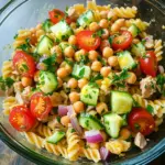 - 2 cups whole wheat pasta - 1 can (5 oz) tuna in water - 1 cup cherry tomatoes Whole wheat pasta gives the salad a healthy base. It adds fiber and keeps you full. Canned tuna is a great protein source. It is easy to use and tasty. Cherry tomatoes add a sweet burst of flavor. They also bring color and freshness to the dish. - 1 cup canned chickpeas - ½ cup diced cucumber - ¼ cup red onion Canned chickpeas add even more protein. They are soft and blend well with other flavors. Diced cucumber brings a nice crunch. It adds a refreshing taste, too. Red onion offers a bit of sharpness. Use it sparingly to avoid overpowering other ingredients. - 3 tablespoons extra virgin olive oil - 2 tablespoons fresh lemon juice - 1 teaspoon garlic powder - Salt and freshly cracked pepper Extra virgin olive oil gives the salad richness. It is a heart-healthy fat that enhances flavor. Fresh lemon juice brightens the dish. It adds a zesty touch that lifts all the flavors. Garlic powder is an easy way to add depth. A pinch of salt and pepper rounds out the taste. These simple ingredients create a dressing that complements the salad perfectly. Start by boiling water. Use a large pot and add 4-5 quarts of salted water. Bring it to a vigorous boil. Once boiling, add 2 cups of whole wheat pasta. Cook the pasta according to the package instructions. This usually takes about 8-10 minutes. You want it al dente, which means it should be firm to the bite. After cooking, drain the pasta in a colander. Rinse it under cold running water until cool. This stops the cooking process. In a large mixing bowl, add the drained tuna, halved cherry tomatoes, rinsed chickpeas, diced cucumber, finely chopped red onion, and fresh parsley. Use a gentle stirring technique to mix everything well. This ensures all flavors combine without breaking up the tuna too much. In a small bowl, combine 3 tablespoons of extra virgin olive oil, 2 tablespoons of fresh lemon juice, and 1 teaspoon of garlic powder. Add a generous pinch of salt and freshly cracked pepper. Whisk the mixture together until it is well blended. This step is key for emulsification, which means the oil and lemon juice will blend nicely. Now, add the cooled pasta to the bowl with the tuna and veggies. Drizzle the prepared dressing over the pasta. Gently toss all the ingredients together. Use a folding motion to coat the pasta and veggies with the dressing evenly. If you want more flavor, cover the bowl with plastic wrap. Chill it in the fridge for about 15-20 minutes. This lets the flavors meld beautifully, making each bite taste even better. - Optimizing boiling time: To cook your pasta just right, use a large pot. Bring 4-5 quarts of salted water to a rolling boil. Add the pasta and cook for 8-10 minutes. Check it often. You want it al dente, firm but not hard. - Rinsing pasta tips: After cooking, drain the pasta and rinse it under cold water. This stops it from cooking more. It also cools the pasta quickly, making it ready for your salad. - Choosing the right dressing balance: A good dressing is key. I use 3 tablespoons of olive oil and 2 tablespoons of lemon juice. This mix adds richness and brightness. Adjust the salt and pepper to your taste. - Importance of chilling the salad: Chilling the salad for 15-20 minutes allows the flavors to blend. It makes every bite tasty. If you have time, do this step! - Serving suggestions: Use clear bowls for your salad. This shows off the bright colors of the cherry tomatoes, cucumber, and parsley. It makes your dish look inviting. - Visual appeal enhancements: Top each serving with extra parsley and a few whole cherry tomatoes. This adds color and makes the dish pop. A beautiful plate makes food even more enjoyable! {{image_4}} You can switch up the protein in your salad. Try different types of fish like salmon or sardines. These options add unique flavors and textures. You can also add beans or legumes like black beans or kidney beans. They boost the protein and add fiber too. This makes your salad even more filling and nutritious. Seasonal veggies can really brighten your pasta salad. Think about adding bell peppers, zucchini, or even spinach. These vegetables add color and crunch. You can mix in roasted veggies for a deeper flavor. For more taste, try using herbs like basil or dill. They can change the whole vibe of your dish. Dressing makes a big difference in flavor. You can choose a creamy dressing or a tangy vinaigrette. For a creamy option, mix in Greek yogurt or avocado. Both add richness and creaminess. If you prefer vinaigrettes, try adding balsamic vinegar or apple cider vinegar. You can also experiment with spices like cumin or paprika. Fresh herbs like cilantro or chives can really enhance the taste. After making your tuna pasta salad, store any leftovers in an airtight container. This keeps the salad fresh and tasty. It’s best to eat it within 3 days. You can enjoy it cold straight from the fridge or let it sit at room temperature for a bit before eating. Can this salad be frozen? I do not recommend freezing this salad. The pasta and vegetables can lose their texture when thawed. If you want to save some for later, try freezing just the pasta. If you choose to do this, separate the pasta from the other ingredients. To refresh the pasta, simply boil it for a minute when you’re ready to use it again. Then mix it with fresh ingredients and dressing. This keeps your meal fresh and full of flavor. This salad stays fresh for about three days in the fridge. After that, the flavors can fade. The veggies might also lose their crunch. For the best taste, enjoy it within this time. Keep it in an airtight container to help it last longer. Yes, you can make this salad ahead of time. Prep it the night before for a quick meal. Just store it in the fridge. For the best flavor, mix the dressing separately. Add it right before you eat. This keeps the pasta and veggies fresh. To make this salad gluten-free, swap the whole wheat pasta for gluten-free pasta. Many brands offer great options that taste just as good. Check the labels to find ones made from rice or corn. This way, you can enjoy the salad without worry. Yes, you can use canned chicken instead of tuna. This change still gives you great protein. Chicken has a milder taste, so you might want to add more seasoning. It’s a nice option for those who prefer chicken over fish. This blog post covered how to make a delicious and healthy salad. We explored the main ingredients like whole wheat pasta, canned tuna, and fresh veggies. I shared tips on cooking and mixing the pasta with the salad. You learned how to prepare a tasty dressing and combine everything for great flavor. Feel free to try different proteins and veggies for personal flair. Store this dish safely for later enjoyment. Keep experimenting, and you’ll discover new favorites!