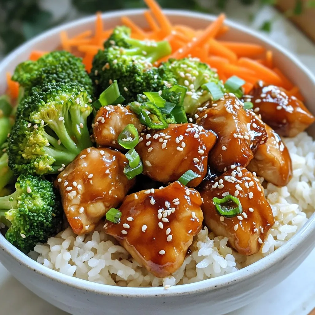 - 1 lb boneless, skinless chicken thighs, cut into bite-sized cubes - 1/4 cup soy sauce (or tamari for gluten-free option) - 1/4 cup honey - 2 tablespoons rice vinegar - 1 tablespoon sesame oil - 3 cloves garlic, finely minced - 1 inch piece of fresh ginger, grated - 2 cups jasmine rice, rinsed - 4 cups chicken broth (low sodium preferred) - 2 cups fresh broccoli florets - 1 medium carrot, thinly sliced - 1 green onion, finely chopped (for garnish) - Sesame seeds (for garnish) This dish shines with its simple yet bold flavors. First, the chicken provides a tender, juicy base. I love using boneless, skinless thighs. They hold moisture and soak up the marinade well. Next, let's talk about the marinade. It combines soy sauce, honey, rice vinegar, and sesame oil. This mix gives the chicken a sweet and savory kick. The minced garlic and grated ginger add a nice depth of flavor. Don't skip these—they're key! The rice is jasmine, which brings a light fragrance. Rinsing it is crucial. It removes excess starch, keeping the rice fluffy. You’ll need chicken broth for cooking the rice, giving it extra flavor. For veggies, I use fresh broccoli and carrots. They add crunch and color. You can also garnish with green onion and sesame seeds. These toppings add a lovely finish. They make each bowl pop with freshness and texture. To start, I prepare the marinade. In a medium bowl, I whisk together 1/4 cup soy sauce, 1/4 cup honey, 2 tablespoons rice vinegar, and 1 tablespoon sesame oil. I add 3 minced garlic cloves and a grated inch of fresh ginger. This blend gives the chicken a rich flavor. I cut 1 pound of boneless, skinless chicken thighs into bite-sized cubes. Then, I add the chicken to the marinade, making sure all pieces are coated. I cover the bowl with plastic wrap and let it sit in the fridge for at least 15 minutes. This time helps the chicken absorb all the flavors. While the chicken marinates, I prepare the jasmine rice. I place 2 cups of rice into a fine-mesh strainer and rinse it under cold water. I shake gently to remove extra starch. It is important to rinse until the water runs clear. This step makes the rice fluffier when cooked. Next, I move to the Instant Pot. I set it to the Sauté setting and wait for it to heat up. Once hot, I add the marinated chicken, reserving the marinade for later. I cook the chicken for about 4-5 minutes, stirring occasionally until it turns lightly brown. Then, I pour the reserved marinade over the chicken. I add the rinsed jasmine rice and 4 cups of low-sodium chicken broth. I stir everything together until well mixed. After that, I layer the vegetables. I place 2 cups of fresh broccoli florets and 1 thinly sliced carrot on top of the rice and chicken. I do not stir them in to keep the veggies fresh during cooking. Then, I close the lid, ensuring the valve is set to sealing. I select the Pressure Cook option and set the timer for 10 minutes. When the cooking time ends, I let the pressure release naturally for about 5 minutes. After that, I switch the valve to venting to release any remaining steam. I carefully open the lid and use a fork to fluff the rice. I mix the chicken and vegetables together. Finally, I serve the Teriyaki Chicken Rice Bowls hot in individual bowls. I garnish each serving with chopped green onions and sesame seeds. This adds flavor and a nice crunch. Enjoy your delicious meal! How do I adjust the cooking time for different rice types? If you choose brown rice, increase the cooking time to 22 minutes. White rice cooks faster, so stick to 10 minutes. Always rinse your rice well to remove excess starch. This helps achieve fluffy, perfect rice. What if I want to make larger or smaller servings? For larger servings, double the chicken and rice. Use 8 cups of chicken broth. For smaller servings, cut the recipe in half. Make sure to adjust the cooking time slightly if needed. What optional ingredients can I add for more taste? Try adding pineapple chunks or bell pepper for sweetness and crunch. You can also toss in a splash of orange juice for a bright zing. Fresh herbs like cilantro can add a fresh touch too. Are there alternatives for marination? If you want a different flavor, use teriyaki sauce instead of soy sauce. You can also marinate the chicken overnight for deeper flavor. This extra time makes the chicken even tastier. How can I prevent the burn notice? Always add enough liquid to the pot. The chicken broth helps avoid this issue. Stir the ingredients well before cooking. Layering the veggies on top can also help keep them from sticking. How do I ensure even cooking? Make sure to cut the chicken into even cubes. This helps everything cook at the same rate. Avoid stirring the veggies into the rice before cooking. Keeping them on top helps them stay crisp. {{image_4}} You can change up the veggies in your teriyaki chicken rice bowls. Seasonal vegetables work great. Fresh bell peppers, snap peas, or zucchini add a fun twist. If you want to save time, use frozen veggies. They are just as tasty and cook well in the Instant Pot. Add them on top of the rice and chicken for a quick meal. If you don’t have chicken, use other proteins. You can try turkey, pork, or shrimp as substitutes. Each brings its own flavor. For a vegetarian or vegan option, use firm tofu or tempeh. Cut them into cubes and marinate just like the chicken. They soak up the sauce and taste amazing in the bowls. Jasmine rice is a favorite, but you can switch it up. Brown rice adds more fiber and a nutty taste. Quinoa is another great option. It cooks fast and is packed with protein. Other grains like basmati or even cauliflower rice can work well. Each grain brings a unique texture to the dish. To store your Teriyaki Chicken Rice Bowls, let them cool. Then, place leftovers in airtight containers. This helps keep them fresh. I recommend using glass or BPA-free plastic containers. These containers are safe for your fridge and make reheating easy. You can freeze Teriyaki Chicken Rice Bowls for later. Just make sure they are cool before packing them. Use freezer-safe containers or heavy-duty freezer bags. Remove as much air as possible to avoid freezer burn. To reheat, simply thaw in the fridge overnight. Then, warm in the microwave or on the stovetop until hot. In the fridge, these bowls last about 3 to 4 days. If you freeze them, they can last up to 3 months. Always check for signs of spoilage before eating. Look for off smells, changes in color, or mold. If you see any of these signs, it's best to discard the food. Can I use frozen chicken? Yes, you can use frozen chicken. Just add extra cooking time. This method works well for cooking chicken safely. I recommend adding about 5 extra minutes to your cooking time. Make sure it reaches 165°F for safety. How do I know when the chicken is cooked? Check the internal temperature of the chicken. Use a meat thermometer to ensure it hits 165°F. The chicken should look white and juicy, not pink. This way, you can enjoy a safe and tasty meal. Can I meal prep this dish? Yes, meal prep is perfect for this dish! You can cook and store it in the fridge. It stays fresh for about 3 to 4 days. Just reheat before serving for best taste. What to serve with Teriyaki Chicken Rice Bowls? These rice bowls pair well with steamed vegetables or a side salad. You can also add pickled ginger for extra flavor. A sprinkle of sesame seeds adds a nice crunch, too. What if I don't have a sauté function? If your Instant Pot lacks a sauté function, use a pan on the stove. Sauté the chicken separately before adding it to the pot. This step builds flavor and helps with browning. Can I double the recipe in my Instant Pot? You can double the recipe, but watch the pot's capacity. Make sure you do not fill it over the max line. Adjust cooking time if needed; it may take longer to come to pressure. This post covered how to make tasty Teriyaki Chicken Rice Bowls in an Instant Pot. We discussed the ingredients, marinating chicken, and cooking rice. I shared tips for flavor, storage, and variations to fit your taste. Cooking can be fun and easy when you follow these steps. Enjoy experimenting with different ingredients and flavors. Your homemade Teriyaki Chicken Rice Bowls can be a hit at any meal!
