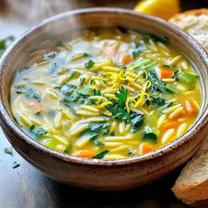 To make One Pot Lemon Garlic Orzo Soup, you will need the following ingredients: - 1 tablespoon olive oil - 1 medium onion, finely diced - 3 cloves garlic, minced - 2 medium carrots, diced - 2 celery stalks, diced - 6 cups vegetable broth - 1 cup orzo pasta - Juice and zest from 1 large lemon - 1 cup spinach (fresh or frozen) - 1 teaspoon dried thyme - 1 teaspoon dried oregano - Freshly ground salt and pepper to taste - Fresh parsley, chopped (for garnish) These ingredients come together to create a bright and hearty soup. The lemon juice adds a nice zing, while garlic and herbs bring depth to the flavor. You can find orzo pasta in most grocery stores, near the other pasta types. Spinach is flexible; fresh or frozen works great. This soup is not only simple to prepare but also very nourishing. Each ingredient serves a purpose, making every spoonful a delight. 1. First, warm the olive oil in a large pot over medium heat. Let it shimmer for a minute. 2. Next, add the diced onion. Sauté it for about 3 to 4 minutes. Look for a translucent and fragrant onion. 3. Then, mix in the minced garlic, diced carrots, and diced celery. Cook this mix for around 5 minutes. Stir often until the veggies soften and smell great. 4. Now, pour in the vegetable broth. Raise the heat to high and bring it to a boil. 5. When the broth boils, add the orzo pasta, lemon juice, lemon zest, dried thyme, and dried oregano. Lower the heat to a gentle simmer. Let it cook for 10 to 12 minutes. You want the orzo tender yet al dente. 6. After that, stir in the spinach. Cook for another 2 to 3 minutes until the spinach wilts and becomes bright. 7. Now, season the soup with salt and freshly cracked black pepper. Adjust it based on your taste. 8. Finally, remove the pot from heat. Let the soup rest for a few minutes. This resting time helps the flavors develop and meld together nicely. To boost the taste, remember to season well. A pinch of salt can make a huge difference. If you want more zing, add a splash of lemon juice. Letting the soup rest after cooking improves the flavors even more. It allows the ingredients to blend beautifully. Enjoy the rich and zesty taste of your One Pot Lemon Garlic Orzo Soup! To get the best flavor in your One Pot Lemon Garlic Orzo Soup, start with fresh ingredients. Fresh garlic and herbs brighten the soup. Use a good quality vegetable broth for depth. Olive oil adds richness and helps balance the flavors. To ensure the orzo is cooked perfectly, keep an eye on the time. Orzo cooks quickly, usually in about 10-12 minutes. Stir the pot gently to prevent sticking. Test the orzo for doneness. It should be tender yet still firm when bitten. For an appealing plate, serve the soup in deep bowls. Top each bowl with freshly chopped parsley. Add a sprinkle of lemon zest for color and aroma. Pair the soup with slices of crusty bread for dipping. This adds texture and complements the soup nicely. One common mistake is overcooking the orzo. If you cook it too long, it becomes mushy. Always check the orzo a minute or two before the suggested time. Measuring ingredients incorrectly can also ruin your soup. Use measuring cups for liquids and spoons for spices. This ensures a balanced taste and consistent results in every batch. {{image_4}} You can change up the veggies in this soup. Try adding: - Zucchini, diced - Bell peppers, chopped - Peas, fresh or frozen If you want more protein, consider adding: - Cooked chicken, shredded - Canned chickpeas, rinsed - Tofu, cubed These swaps keep the soup tasty and fun. Boost the flavor with fresh herbs and spices. I suggest: - Basil for a sweet touch - Rosemary for a woodsy flavor - A pinch of red pepper flakes for heat You can also play with citrus. Try: - Lime juice for a twist - Orange zest for sweetness - Grapefruit juice for a unique kick These ideas will make your soup even more exciting. To make this soup vegan or vegetarian, simply check the broth. Use vegetable broth for a plant-based option. If you need it gluten-free, swap the orzo for: - Gluten-free pasta - Quinoa for a nutty flavor - Rice, which will work well too These changes keep the soup both friendly and delicious for everyone. To store your One Pot Lemon Garlic Orzo Soup, let it cool first. Then, pour it into airtight containers. Make sure to leave some space at the top for expansion. You can use glass or plastic containers. Both work well for keeping your soup fresh. You can freeze this soup for later use. First, let it cool completely. Then, fill freezer-safe bags or containers with the soup. Try to remove as much air as you can. This helps prevent freezer burn. To reheat, thaw it overnight in the fridge. Heat it in a pot over low heat until warm. Stir occasionally to help it heat evenly. In the fridge, your leftovers last about 3 to 4 days. Always check for signs of spoilage. If the soup smells off or looks cloudy, it’s best to toss it. If you freeze it, it can last for about 3 months. Just remember to check for ice crystals or freezer burn when you take it out. Orzo is a type of pasta that looks like rice. It is small and oval-shaped. You often find orzo in soups, salads, and casseroles. It cooks quickly and absorbs flavors well. I love using orzo for its light texture and ability to soak up broth. It makes soups hearty without being too heavy. Yes, you can use chicken broth. It will add a rich flavor to your soup. If you use chicken broth, adjust the salt. Chicken broth is usually saltier than vegetable broth. Taste the soup before adding more salt. This way, you control the flavor balance. To make this soup ahead, cook it as usual. Let it cool completely before storing. Use an airtight container for the fridge. The soup lasts up to three days in the fridge. When ready to eat, reheat on the stove. Add a splash of water to help it warm evenly. You can add proteins like chicken or beans. Cooked chicken works well if you want a heartier meal. Simply shred it and stir it in before serving. For a vegetarian option, add canned beans like chickpeas or cannellini beans. This adds protein and fiber, making the soup even more filling. This blog post covered the key components of a delicious One Pot Lemon Garlic Orzo Soup. We explored the ingredients and shared step-by-step instructions for easy preparation. You learned cooking tips, serving suggestions, and common mistakes to avoid. We also discussed variations to suit different diets and tastes. In summary, this soup is simple and flexible. Use your favorite ingredients to make it your own. Flavorful meals can be made quickly and enjoyed by everyone. Happy cooking!