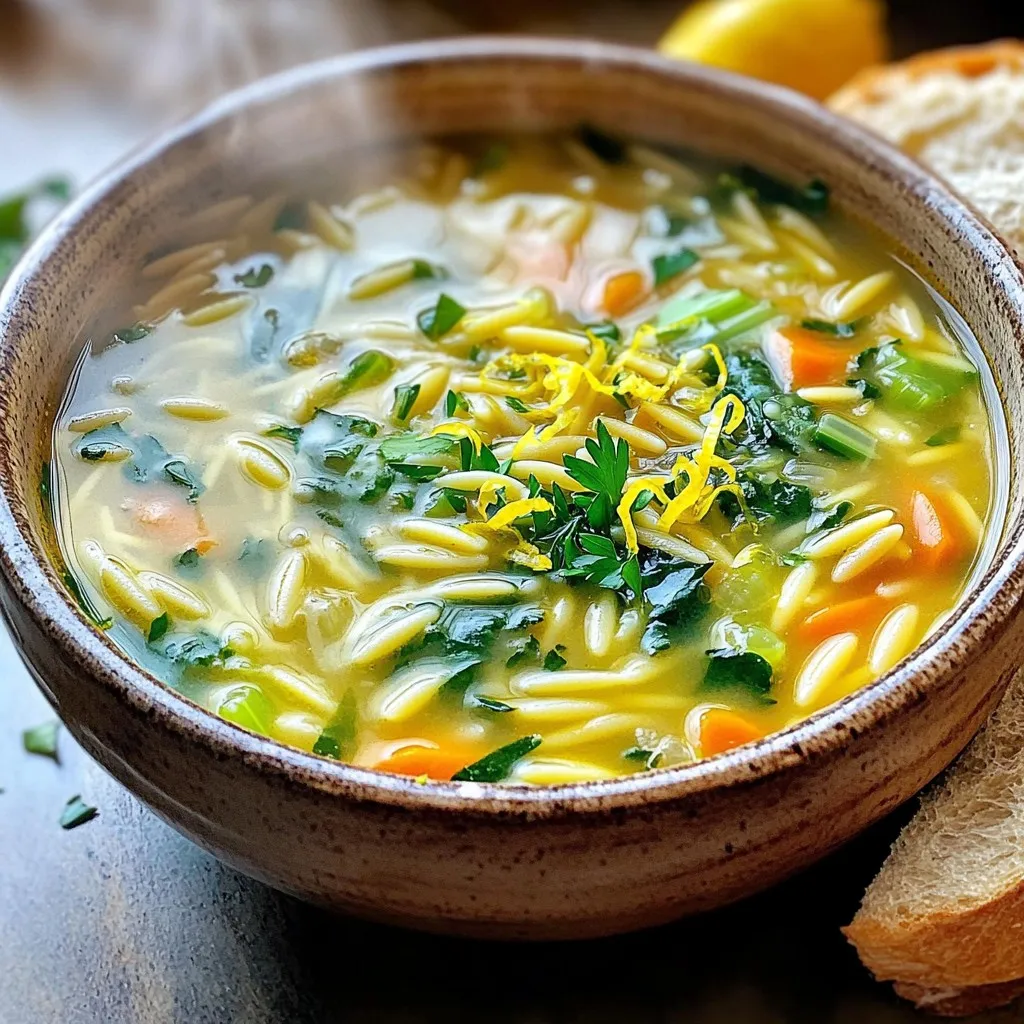 To make One Pot Lemon Garlic Orzo Soup, you will need the following ingredients: - 1 tablespoon olive oil - 1 medium onion, finely diced - 3 cloves garlic, minced - 2 medium carrots, diced - 2 celery stalks, diced - 6 cups vegetable broth - 1 cup orzo pasta - Juice and zest from 1 large lemon - 1 cup spinach (fresh or frozen) - 1 teaspoon dried thyme - 1 teaspoon dried oregano - Freshly ground salt and pepper to taste - Fresh parsley, chopped (for garnish) These ingredients come together to create a bright and hearty soup. The lemon juice adds a nice zing, while garlic and herbs bring depth to the flavor. You can find orzo pasta in most grocery stores, near the other pasta types. Spinach is flexible; fresh or frozen works great. This soup is not only simple to prepare but also very nourishing. Each ingredient serves a purpose, making every spoonful a delight. 1. First, warm the olive oil in a large pot over medium heat. Let it shimmer for a minute. 2. Next, add the diced onion. Sauté it for about 3 to 4 minutes. Look for a translucent and fragrant onion. 3. Then, mix in the minced garlic, diced carrots, and diced celery. Cook this mix for around 5 minutes. Stir often until the veggies soften and smell great. 4. Now, pour in the vegetable broth. Raise the heat to high and bring it to a boil. 5. When the broth boils, add the orzo pasta, lemon juice, lemon zest, dried thyme, and dried oregano. Lower the heat to a gentle simmer. Let it cook for 10 to 12 minutes. You want the orzo tender yet al dente. 6. After that, stir in the spinach. Cook for another 2 to 3 minutes until the spinach wilts and becomes bright. 7. Now, season the soup with salt and freshly cracked black pepper. Adjust it based on your taste. 8. Finally, remove the pot from heat. Let the soup rest for a few minutes. This resting time helps the flavors develop and meld together nicely. To boost the taste, remember to season well. A pinch of salt can make a huge difference. If you want more zing, add a splash of lemon juice. Letting the soup rest after cooking improves the flavors even more. It allows the ingredients to blend beautifully. Enjoy the rich and zesty taste of your One Pot Lemon Garlic Orzo Soup! To get the best flavor in your One Pot Lemon Garlic Orzo Soup, start with fresh ingredients. Fresh garlic and herbs brighten the soup. Use a good quality vegetable broth for depth. Olive oil adds richness and helps balance the flavors. To ensure the orzo is cooked perfectly, keep an eye on the time. Orzo cooks quickly, usually in about 10-12 minutes. Stir the pot gently to prevent sticking. Test the orzo for doneness. It should be tender yet still firm when bitten. For an appealing plate, serve the soup in deep bowls. Top each bowl with freshly chopped parsley. Add a sprinkle of lemon zest for color and aroma. Pair the soup with slices of crusty bread for dipping. This adds texture and complements the soup nicely. One common mistake is overcooking the orzo. If you cook it too long, it becomes mushy. Always check the orzo a minute or two before the suggested time. Measuring ingredients incorrectly can also ruin your soup. Use measuring cups for liquids and spoons for spices. This ensures a balanced taste and consistent results in every batch. {{image_4}} You can change up the veggies in this soup. Try adding: - Zucchini, diced - Bell peppers, chopped - Peas, fresh or frozen If you want more protein, consider adding: - Cooked chicken, shredded - Canned chickpeas, rinsed - Tofu, cubed These swaps keep the soup tasty and fun. Boost the flavor with fresh herbs and spices. I suggest: - Basil for a sweet touch - Rosemary for a woodsy flavor - A pinch of red pepper flakes for heat You can also play with citrus. Try: - Lime juice for a twist - Orange zest for sweetness - Grapefruit juice for a unique kick These ideas will make your soup even more exciting. To make this soup vegan or vegetarian, simply check the broth. Use vegetable broth for a plant-based option. If you need it gluten-free, swap the orzo for: - Gluten-free pasta - Quinoa for a nutty flavor - Rice, which will work well too These changes keep the soup both friendly and delicious for everyone. To store your One Pot Lemon Garlic Orzo Soup, let it cool first. Then, pour it into airtight containers. Make sure to leave some space at the top for expansion. You can use glass or plastic containers. Both work well for keeping your soup fresh. You can freeze this soup for later use. First, let it cool completely. Then, fill freezer-safe bags or containers with the soup. Try to remove as much air as you can. This helps prevent freezer burn. To reheat, thaw it overnight in the fridge. Heat it in a pot over low heat until warm. Stir occasionally to help it heat evenly. In the fridge, your leftovers last about 3 to 4 days. Always check for signs of spoilage. If the soup smells off or looks cloudy, it’s best to toss it. If you freeze it, it can last for about 3 months. Just remember to check for ice crystals or freezer burn when you take it out. Orzo is a type of pasta that looks like rice. It is small and oval-shaped. You often find orzo in soups, salads, and casseroles. It cooks quickly and absorbs flavors well. I love using orzo for its light texture and ability to soak up broth. It makes soups hearty without being too heavy. Yes, you can use chicken broth. It will add a rich flavor to your soup. If you use chicken broth, adjust the salt. Chicken broth is usually saltier than vegetable broth. Taste the soup before adding more salt. This way, you control the flavor balance. To make this soup ahead, cook it as usual. Let it cool completely before storing. Use an airtight container for the fridge. The soup lasts up to three days in the fridge. When ready to eat, reheat on the stove. Add a splash of water to help it warm evenly. You can add proteins like chicken or beans. Cooked chicken works well if you want a heartier meal. Simply shred it and stir it in before serving. For a vegetarian option, add canned beans like chickpeas or cannellini beans. This adds protein and fiber, making the soup even more filling. This blog post covered the key components of a delicious One Pot Lemon Garlic Orzo Soup. We explored the ingredients and shared step-by-step instructions for easy preparation. You learned cooking tips, serving suggestions, and common mistakes to avoid. We also discussed variations to suit different diets and tastes. In summary, this soup is simple and flexible. Use your favorite ingredients to make it your own. Flavorful meals can be made quickly and enjoyed by everyone. Happy cooking!