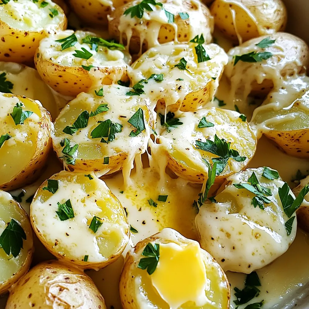- 2 pounds baby potatoes, halved - 1 cup heavy cream - ¾ cup grated Parmesan cheese - 4 cloves garlic, minced - 1 teaspoon dried thyme - 1 teaspoon dried rosemary - ½ teaspoon salt - ½ teaspoon black pepper - 2 tablespoons butter, cut into small pieces - Fresh parsley, chopped (for garnish) You need fresh baby potatoes for this dish. They stay firm and have great flavor. Heavy cream gives it a rich taste. Grated Parmesan cheese adds a salty, nutty kick. Minced garlic brings a bold aroma and taste. Dried thyme and rosemary add depth. Salt and pepper balance the flavors. Butter adds creaminess, while parsley makes it pretty. Each ingredient works together to create a delightful meal that comforts and satisfies. First, wash the baby potatoes well to remove dirt. This step is key for flavor. Once clean, cut each potato in half. Place the halved potatoes in your slow cooker. Make sure they fit snugly without overcrowding. In a medium bowl, combine one cup of heavy cream with four minced garlic cloves. Next, add one teaspoon of dried thyme and one teaspoon of dried rosemary. Sprinkle in half a teaspoon of salt and half a teaspoon of black pepper. Whisk this mixture until it is smooth and well-blended. Carefully pour your creamy sauce over the halved potatoes. Ensure you cover all the potatoes evenly. Next, sprinkle three-quarters of a cup of grated Parmesan cheese on top. Finally, add two tablespoons of butter, cut into small pieces, over the cheese. Put the lid on your slow cooker and set it to low heat. Cook the potatoes for about four to five hours. Check for doneness with a fork; they should be tender. When they are done, gently stir to mix the flavors. Taste and add more salt or pepper as needed. To boost the taste of your Creamy Garlic Parmesan Potatoes, consider adding herbs like basil or oregano. These will give your dish a fresh twist. You can also spice it up with a pinch of red pepper flakes for heat. If you want a creamier texture, mix in more heavy cream or even sour cream. This adds richness and depth to your potatoes. To avoid mushy potatoes, check them after four hours. If they’re fork-tender, they’re done! Cut your baby potatoes evenly so they cook at the same rate. Stir gently only at the end to keep them intact. This helps maintain their shape and texture. For a stunning presentation, serve the potatoes in a large bowl or individual ramekins. Top them with extra Parmesan and fresh parsley for color. Pair these creamy potatoes with grilled chicken or roasted vegetables. This complements the dish well and makes for a hearty meal. {{image_4}} If you want a dairy-free option, try using coconut cream or cashew cream. Both add creaminess without dairy. Coconut cream gives a slight sweetness, while cashew cream offers a rich texture. To make cashew cream, soak raw cashews in water for a few hours. Blend them with a little water until smooth. This will create a creamy base for your potatoes. You can switch up the cheese if you want. Instead of Parmesan, try using cheddar or Gruyère. Cheddar gives a sharper taste, while Gruyère adds a nutty flavor. Both melt well, adding a delicious twist to your dish. Feel free to mix different cheeses for extra flavor. Incorporating veggies can make this dish even better. Try adding broccoli or spinach for color and nutrition. Cut the broccoli into small florets and toss them in with the potatoes. For spinach, add it during the last hour of cooking. This will keep it vibrant and fresh. Mix and match your favorite vegetables to make it your own! To keep your creamy garlic Parmesan potatoes fresh, follow these tips: - Refrigeration: Allow the potatoes to cool before storing. This helps prevent condensation. - Containers: Use airtight containers to keep flavors locked in. Glass or BPA-free plastic works well. For reheating, you have a couple of easy options: - Microwave: Place the potatoes in a microwave-safe dish. Cover with a damp paper towel to keep moisture in. Heat for 1-2 minutes or until warm. - Slow Cooker: Add potatoes back to the slow cooker. Heat on low for about 30 minutes, stirring occasionally. If you want to freeze the dish, here's how: - Freezing: Let the potatoes cool completely. Transfer them to freezer-safe bags or containers. Remove as much air as possible. - Defrosting: When ready to use, take them out of the freezer. Place in the fridge overnight to thaw. Reheat as mentioned above. Yes, you can prepare these potatoes ahead of time. Here’s how: - Wash and halve the baby potatoes. - Mix the cream, garlic, herbs, salt, and pepper. - Combine the potatoes with the cream mixture in the slow cooker. - Cover and store in the fridge for up to 24 hours. - When ready, cook on low for 4 to 5 hours. This method saves time and lets the flavors blend nicely. You can add heat to your potatoes easily. Here are some ideas: - Mix in red pepper flakes to the cream mixture. - Add diced jalapeños for a fresh kick. - Use spicy cheese or add a dash of hot sauce. Start with a little spice, then taste and adjust to your liking. These creamy potatoes pair well with many dishes. Consider these options: - Grilled chicken or steak for protein. - Roasted vegetables for a healthy side. - A fresh salad to balance the meal. Serve them in a big bowl or individual ramekins for a nice touch. This blog post shared how to make Creamy Garlic Parmesan Potatoes. We discussed the ingredients needed, steps for preparation, and cooking tips. I also covered storage info and FAQs. Try adding extra herbs or vegetables for new flavors. Don't be afraid to experiment! These potatoes are versatile and easy to adapt. Enjoy them as a side dish at any meal. You’ll impress everyone with this simple yet delicious recipe.