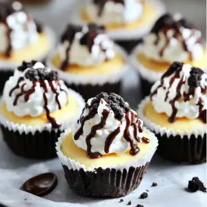 - 1 package (16.6 oz) Oreo cookies - 2 packages (8 oz each) cream cheese, softened - 1 cup heavy cream - 2 tablespoons unsalted butter, melted - 1/2 cup granulated sugar - 1 teaspoon pure vanilla extract - 2 tablespoons powdered sugar - Chocolate sauce, for drizzling - Pinch of sea salt Using these ingredients, you can create delightful mini Oreo cheesecake bites. The Oreo cookies serve as a tasty base, while the cream cheese and heavy cream create a rich filling. You can always adjust the sweetness with granulated sugar and powdered sugar for the whipped cream. The optional chocolate sauce adds a fun twist, and a pinch of sea salt can enhance all the flavors. This combination ensures a balance of sweet and salty that makes these treats irresistible. Enjoy crafting these bites with your favorite toppings for an extra special touch! First, preheat your oven to 325°F (160°C). This step is key for even baking. Next, get your mini muffin tin ready. Line it with paper liners or spray it with non-stick spray. This will help your bites come out easily. Now, let’s make the crust. Take 12 Oreo cookies and crush them in a food processor. You want them to be fine crumbs. In a bowl, mix the crushed Oreos with 2 tablespoons of melted butter. Stir until it looks like wet sand. This will be the base of your cheesecake bites. In another bowl, beat 2 packages of softened cream cheese. Use an electric mixer for a smooth texture. Gradually add ½ cup of granulated sugar and 1 teaspoon of vanilla extract. Mix until fluffy. Next, add 2 large eggs, one at a time. Mix gently and don’t overdo it. You want a smooth filling without air bubbles. Carefully spoon the cream cheese mixture over the Oreo crusts. Fill each cup about three-quarters full. Now, place the muffin tin in the oven. Bake for 15-18 minutes. The edges should be set while the centers jiggle a bit. Let them cool to room temperature, then refrigerate for at least 2 hours. While your bites chill, make the whipped cream. In a separate bowl, whip 1 cup of heavy cream with 2 tablespoons of powdered sugar and a pinch of sea salt. Whip until you see medium to stiff peaks. Once the cheesecake bites are firm, take them out of the fridge. Top each with a dollop of whipped cream and a sprinkle of crushed Oreos. For extra flair, drizzle with chocolate sauce. Enjoy! To get the best texture, avoid overmixing the cheesecake filling. When you add the eggs, mix just until combined. Overmixing can cause cracks when baking. Bake the bites until just set. The centers should jiggle slightly when you take them out. This ensures a creamy texture. You can make these bites even tastier by trying flavored extracts. Almond or hazelnut extract adds a nice twist. A pinch of lemon juice gives a fresh zest that brightens the flavor. Just a small amount will do wonders. Presentation is key to making these bites stand out. Use a piping bag to add whipped cream on top for a fancy look. Garnish with crushed Oreos to add texture. For a fun touch, drizzle chocolate sauce over each bite. Arrange the bites on a decorative platter for a beautiful display. You can even place whole Oreos around them for extra flair. {{image_4}} You can change the filling for your mini cheesecake bites. Here are two easy ideas: - Add chocolate chips: Mix in semi-sweet or dark chocolate chips for extra sweetness. - Swirl in fruit preserves: Use your favorite fruit preserves like strawberry or raspberry. Just drop spoonfuls into the cheesecake mixture and swirl gently. These options let you customize each bite for different tastes. If you want to try something different, switch up the crust: - Use graham crackers: Crush graham crackers instead of Oreos for a classic flavor. - Swap for gluten-free cookies: Use gluten-free cookies if you need a gluten-free option. This keeps everyone happy and included. These crust options can change the whole taste of your cheesecake bites. You can also make these bites fit the seasons: - Pumpkin spice for fall: Add pumpkin puree and spices like cinnamon and nutmeg for a fall treat. - Peppermint for winter: Mix in peppermint extract or crushed candy canes for a festive touch. These seasonal flavors make your cheesecake bites fun and festive all year round. To keep your Mini Oreo Cheesecake Bites fresh, store them in the refrigerator. Use an airtight container to prevent any odors from affecting their taste. Place a piece of wax paper between layers to avoid sticking. They will stay fresh for about 3 to 5 days. If you want to keep them longer, you can freeze the cheesecake bites. First, let them cool completely. Then, place them on a baking sheet and freeze for about 1 hour. Once firm, transfer them to a freezer-safe container or a zip-top bag. Make sure to remove as much air as possible to prevent freezer burn. For thawing, simply move the bites to the refrigerator for several hours or overnight. This way, they will maintain their creamy texture and flavor. These cheesecake bites taste best within the first week. While they can last up to two weeks in the fridge, the quality may decline. The whipped cream topping is not as stable, so add that just before serving. Enjoy them fresh for the best experience! Mini Oreo Cheesecake Bites stay fresh for about 5 days in the fridge. To keep them tasty, store them in an airtight container. If you see any mold or notice an off smell, toss them out. Yes, you can prepare these cheesecake bites a day or two before serving. Just follow the recipe, then chill them in the fridge. This allows the flavors to meld, making them even tastier. Simply whip the cream and add it right before serving. You can use reduced-fat cream cheese. However, it might change the texture and flavor slightly. The bites may not be as creamy or rich. If you want a lighter option, it can work well, but the taste will differ from full-fat cream cheese. These Mini Oreo Cheesecake Bites are easy to make and fun to share. We covered the main ingredients, like Oreo cookies, cream cheese, and heavy cream. You learned step-by-step instructions to bake and cool them perfectly. I shared tips to enhance flavor and presentation. Finally, we explored variations and storage options. Now, you can create delicious bites for any occasion. Enjoy experimenting with flavors and impressing your friends!
