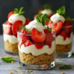 - 1 cup graham cracker crumbs - 1/4 cup melted unsalted butter - 1 cup cream cheese, softened - 1/2 cup powdered sugar, sifted - 1 teaspoon pure vanilla extract - 1 cup heavy whipping cream, chilled - 1 1/2 cups fresh strawberries, hulled and thinly sliced - 2 tablespoons granulated sugar (for strawberries) - Fresh mint leaves for garnish (optional) Gathering the right ingredients is key to a great no-bake strawberry cheesecake parfait. Start with graham cracker crumbs. They create a tasty base. You will also need unsalted butter. Melt it to mix with the crumbs. This helps form a crust. Next, use cream cheese. It should be soft for easy mixing. Add sifted powdered sugar for sweetness. Vanilla extract gives a nice flavor. Heavy whipping cream adds lightness. Chill it first for the best results. Fresh strawberries are a must. Hull and slice them thin. Granulated sugar will help sweeten the strawberries. Finally, fresh mint leaves make a lovely garnish. This adds color and a fresh taste. Each ingredient plays its own role in making this dessert a delight. To make the crust, you need to mix graham cracker crumbs with melted butter. In a bowl, combine 1 cup of graham cracker crumbs with 1/4 cup of melted unsalted butter. Stir it well until the crumbs look sandy. This mixture gives a nice crunch. Next, take the mixture and add about 1 tablespoon into each serving glass. Press it down firmly using the back of a spoon. This forms a solid base for your parfait. Now, let’s make the cheesecake filling. In a large bowl, beat 1 cup of softened cream cheese using an electric mixer until it is smooth. Then, slowly add in 1/2 cup of sifted powdered sugar along with 1 teaspoon of pure vanilla extract. Mix until everything is blended well and creamy. This filling will be rich and delicious. Next, we will whip the cream. Take 1 cup of heavy whipping cream from the fridge. In a chilled bowl, whip the cream using the electric mixer. Beat it until stiff peaks form. This step is key for a light texture. Once it’s ready, gently fold the whipped cream into the cream cheese mixture using a spatula. Be careful not to deflate the cream. Now, let’s prepare the strawberries. In a small bowl, take 1 1/2 cups of fresh strawberries that you have hulled and sliced. Sprinkle 2 tablespoons of granulated sugar over them. Toss the strawberries gently to coat them in sugar. Let them sit for about 10 minutes. This will release their sweet juices, making a lovely syrup. Time to assemble the parfaits! Start by layering in each serving glass. First, add a layer of the cheesecake filling, then a layer of the sweetened strawberries. Repeat this process until the glasses are full. Finish with a dollop of the cheesecake mixture on top. This gives a nice look and taste. Finally, we need to chill the parfaits. Place the assembled parfaits in the fridge for at least 2 hours. This helps the flavors mix well and sets the parfaits. Right before you serve, you can add fresh mint leaves on top for a pretty touch. Enjoy your delightful treat! Using fresh strawberries makes a big difference. Look for ripe, sweet berries. They should be firm and bright red. Quality cream cheese is just as important. Choose a full-fat option for the best flavor and texture. This will make your cheesecake filling creamy and rich. Avoid low-fat cream cheese, as it can lead to a less satisfying taste. To get perfectly whipped cream, start with chilled tools. Use a cold bowl and beaters. Whip the cream on medium-high speed. Stop when stiff peaks form. This means the cream holds its shape well. Be careful not to over-whip, as it can turn grainy. Gently fold the whipped cream into the cream cheese mixture. This keeps your dessert light and airy. Make your parfaits look great with simple tricks. Use clear glasses to show off the layers. Alternate layers of cream, strawberries, and crust. Top with a dollop of cream and a few whole strawberries for color. Add fresh mint leaves for a pop of green. This not only looks nice but adds a fresh taste too. Enjoy your beautiful and tasty parfaits! {{image_4}} You can add chocolate to this recipe for a rich twist. Start by mixing in melted chocolate with the cream cheese. Dark chocolate works great, but milk chocolate is also tasty. You can also layer chocolate sauce between the cheesecake and strawberries. This change adds a deep flavor that pairs well with fresh strawberries. You don’t have to stick with just strawberries. You can use blueberries, raspberries, or even peaches. Each fruit brings its own flavor and texture. For example, blueberries add a burst of sweetness. Raspberries give a nice tartness. Just remember to use the same sugar method to enhance their flavor. If you need a gluten-free option, swap the graham cracker crumbs for gluten-free crumbs. You can also use crushed nuts or gluten-free cookies. Just make sure to mix them with melted butter like the original crust. This keeps the same crunchy base while making it safe for everyone. To keep your parfaits fresh, store them in the fridge. Use airtight containers or cover them tightly with plastic wrap. This helps avoid any unwanted smells or dryness. Leftover parfaits can last about three days. The layers may soften slightly, but they will still taste great. If you want to save your parfaits for later, you can freeze the components. Freeze the cheesecake filling and strawberries separately. Use freezer-safe containers or bags. When ready to enjoy, thaw the filling and strawberries in the fridge overnight. Then, assemble the parfaits again with fresh graham cracker crust for the best taste. For maximum freshness, enjoy your parfaits within two days. This way, you get the best flavor and texture. If you freeze the components, use them within three months. This keeps the taste and quality intact. Always remember, the sooner you eat them, the better they will be! Yes, you can make these parfaits the day before. This saves time and helps the flavors blend better. Just follow the recipe and assemble the parfaits. Cover them well and place them in the fridge. They will stay fresh and tasty overnight. You can use low-fat cream cheese if you prefer. It will still taste great in the parfaits. The texture might be a bit different, but it will work well. Just remember to mix it until smooth, just like regular cream cheese. To make these parfaits dairy-free, use dairy-free cream cheese. Many brands offer this option. You can also replace heavy cream with coconut cream. Make sure to chill the coconut cream before whipping. This will help you get a nice texture. We explored how to make delicious strawberry cheesecake parfaits. You learned about the essential ingredients, like fresh strawberries and quality cream cheese. I shared simple steps for preparing the crust, filling, and layers. You also found tips for making great whipped cream and ideas for presentation. If you want to switch things up, variations with chocolate or different fruits are easy. Keep your parfaits fresh with proper storage. Enjoy making and sharing these delightful treats!