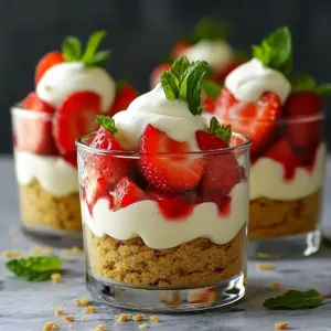- 1 cup graham cracker crumbs - 1/4 cup melted unsalted butter - 1 cup cream cheese, softened - 1/2 cup powdered sugar, sifted - 1 teaspoon pure vanilla extract - 1 cup heavy whipping cream, chilled - 1 1/2 cups fresh strawberries, hulled and thinly sliced - 2 tablespoons granulated sugar (for strawberries) - Fresh mint leaves for garnish (optional) Gathering the right ingredients is key to a great no-bake strawberry cheesecake parfait. Start with graham cracker crumbs. They create a tasty base. You will also need unsalted butter. Melt it to mix with the crumbs. This helps form a crust. Next, use cream cheese. It should be soft for easy mixing. Add sifted powdered sugar for sweetness. Vanilla extract gives a nice flavor. Heavy whipping cream adds lightness. Chill it first for the best results. Fresh strawberries are a must. Hull and slice them thin. Granulated sugar will help sweeten the strawberries. Finally, fresh mint leaves make a lovely garnish. This adds color and a fresh taste. Each ingredient plays its own role in making this dessert a delight. To make the crust, you need to mix graham cracker crumbs with melted butter. In a bowl, combine 1 cup of graham cracker crumbs with 1/4 cup of melted unsalted butter. Stir it well until the crumbs look sandy. This mixture gives a nice crunch. Next, take the mixture and add about 1 tablespoon into each serving glass. Press it down firmly using the back of a spoon. This forms a solid base for your parfait. Now, let’s make the cheesecake filling. In a large bowl, beat 1 cup of softened cream cheese using an electric mixer until it is smooth. Then, slowly add in 1/2 cup of sifted powdered sugar along with 1 teaspoon of pure vanilla extract. Mix until everything is blended well and creamy. This filling will be rich and delicious. Next, we will whip the cream. Take 1 cup of heavy whipping cream from the fridge. In a chilled bowl, whip the cream using the electric mixer. Beat it until stiff peaks form. This step is key for a light texture. Once it’s ready, gently fold the whipped cream into the cream cheese mixture using a spatula. Be careful not to deflate the cream. Now, let’s prepare the strawberries. In a small bowl, take 1 1/2 cups of fresh strawberries that you have hulled and sliced. Sprinkle 2 tablespoons of granulated sugar over them. Toss the strawberries gently to coat them in sugar. Let them sit for about 10 minutes. This will release their sweet juices, making a lovely syrup. Time to assemble the parfaits! Start by layering in each serving glass. First, add a layer of the cheesecake filling, then a layer of the sweetened strawberries. Repeat this process until the glasses are full. Finish with a dollop of the cheesecake mixture on top. This gives a nice look and taste. Finally, we need to chill the parfaits. Place the assembled parfaits in the fridge for at least 2 hours. This helps the flavors mix well and sets the parfaits. Right before you serve, you can add fresh mint leaves on top for a pretty touch. Enjoy your delightful treat! Using fresh strawberries makes a big difference. Look for ripe, sweet berries. They should be firm and bright red. Quality cream cheese is just as important. Choose a full-fat option for the best flavor and texture. This will make your cheesecake filling creamy and rich. Avoid low-fat cream cheese, as it can lead to a less satisfying taste. To get perfectly whipped cream, start with chilled tools. Use a cold bowl and beaters. Whip the cream on medium-high speed. Stop when stiff peaks form. This means the cream holds its shape well. Be careful not to over-whip, as it can turn grainy. Gently fold the whipped cream into the cream cheese mixture. This keeps your dessert light and airy. Make your parfaits look great with simple tricks. Use clear glasses to show off the layers. Alternate layers of cream, strawberries, and crust. Top with a dollop of cream and a few whole strawberries for color. Add fresh mint leaves for a pop of green. This not only looks nice but adds a fresh taste too. Enjoy your beautiful and tasty parfaits! {{image_4}} You can add chocolate to this recipe for a rich twist. Start by mixing in melted chocolate with the cream cheese. Dark chocolate works great, but milk chocolate is also tasty. You can also layer chocolate sauce between the cheesecake and strawberries. This change adds a deep flavor that pairs well with fresh strawberries. You don’t have to stick with just strawberries. You can use blueberries, raspberries, or even peaches. Each fruit brings its own flavor and texture. For example, blueberries add a burst of sweetness. Raspberries give a nice tartness. Just remember to use the same sugar method to enhance their flavor. If you need a gluten-free option, swap the graham cracker crumbs for gluten-free crumbs. You can also use crushed nuts or gluten-free cookies. Just make sure to mix them with melted butter like the original crust. This keeps the same crunchy base while making it safe for everyone. To keep your parfaits fresh, store them in the fridge. Use airtight containers or cover them tightly with plastic wrap. This helps avoid any unwanted smells or dryness. Leftover parfaits can last about three days. The layers may soften slightly, but they will still taste great. If you want to save your parfaits for later, you can freeze the components. Freeze the cheesecake filling and strawberries separately. Use freezer-safe containers or bags. When ready to enjoy, thaw the filling and strawberries in the fridge overnight. Then, assemble the parfaits again with fresh graham cracker crust for the best taste. For maximum freshness, enjoy your parfaits within two days. This way, you get the best flavor and texture. If you freeze the components, use them within three months. This keeps the taste and quality intact. Always remember, the sooner you eat them, the better they will be! Yes, you can make these parfaits the day before. This saves time and helps the flavors blend better. Just follow the recipe and assemble the parfaits. Cover them well and place them in the fridge. They will stay fresh and tasty overnight. You can use low-fat cream cheese if you prefer. It will still taste great in the parfaits. The texture might be a bit different, but it will work well. Just remember to mix it until smooth, just like regular cream cheese. To make these parfaits dairy-free, use dairy-free cream cheese. Many brands offer this option. You can also replace heavy cream with coconut cream. Make sure to chill the coconut cream before whipping. This will help you get a nice texture. We explored how to make delicious strawberry cheesecake parfaits. You learned about the essential ingredients, like fresh strawberries and quality cream cheese. I shared simple steps for preparing the crust, filling, and layers. You also found tips for making great whipped cream and ideas for presentation. If you want to switch things up, variations with chocolate or different fruits are easy. Keep your parfaits fresh with proper storage. Enjoy making and sharing these delightful treats!