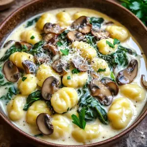 To create your One-Pan Creamy Mushroom Spinach Gnocchi, gather the following ingredients: - 1 pound potato gnocchi - 8 ounces mushrooms (cremini or button) - 3 cloves garlic, minced - 1 cup fresh spinach, packed - 1 cup heavy cream - 1 cup vegetable or chicken broth - ½ cup grated Parmesan cheese - 1 teaspoon Italian seasoning - Olive oil, salt, and pepper Each ingredient plays a vital role in building flavor. The potato gnocchi adds a soft, pillowy texture. Mushrooms bring earthiness, while garlic adds a punch. Spinach gives a fresh touch, and heavy cream creates a rich sauce. The broth adds depth, and Parmesan lends a creamy finish. Italian seasoning rounds it all up with herbs. Using fresh ingredients is key. Fresh spinach and good quality mushrooms make a big difference. This dish is quick yet offers great flavor. Gather these ingredients, and you're ready to start cooking! - Start by heating 2 tablespoons of olive oil in a large skillet over medium heat. Make sure the oil coats the bottom well. - Once hot, add 8 ounces of sliced mushrooms. Sauté them for about 5-7 minutes. Cook until they are golden brown and their water has mostly evaporated. - Next, add 3 cloves of minced garlic to the pan. Sauté for 1 minute. This will let the garlic release its lovely aroma. Be careful not to burn it. - After that, pour in 1 cup of heavy cream and 1 cup of vegetable or chicken broth. Stir well to mix all the ingredients. Increase the heat slightly to bring the mix to a gentle simmer. - Now, introduce 1 pound of potato gnocchi into the pan. Sprinkle 1 teaspoon of Italian seasoning over the gnocchi. Gently stir to coat each piece in the creamy sauce. - Cover the skillet with a lid. Let it cook for 3-4 minutes. This allows the gnocchi to absorb some of the sauce while getting tender. - When the gnocchi is soft, add 1 cup of fresh spinach and ½ cup of grated Parmesan cheese to the pan. Stir everything together until the cheese melts and the spinach wilts. - Taste the dish and add salt and pepper to your liking. This ensures a perfect balance of flavors. - Finally, remove the skillet from heat. Let the dish sit for a couple of minutes. This helps the sauce thicken slightly before you serve. - Ensuring optimal gnocchi texture: To get the best texture, cook gnocchi until they float. This means they’re done! Stir gently to prevent sticking. - Preventing burning garlic: Garlic burns quickly, so add it after mushrooms turn golden. Cook it for just one minute. This way, it gives a nice flavor without bitterness. - Serving suggestions for visual appeal: Serve the gnocchi in a shallow bowl. This makes it look fancy! The creamy sauce will shine against the colors of the mushrooms and spinach. - Garnishing with parsley and cheese: Top with fresh parsley and more Parmesan cheese. This adds color and flavor. It makes your dish look and taste even better! {{image_4}} You can make this dish your own by swapping ingredients. For a different protein, try chicken or shrimp. Both add great flavor and texture. If you want a lighter option, use coconut cream instead of heavy cream. This gives a creamy taste without dairy. To boost flavor, add spices or herbs. A dash of red pepper flakes can give a nice kick. Fresh thyme or basil can also add depth. You can also mix in other vegetables, like bell peppers or peas. They add color and nutrients to the dish. Don't be afraid to experiment! To keep your One-Pan Creamy Mushroom Spinach Gnocchi fresh, store it in an airtight container. Make sure to cool it down first. Place it in the fridge for up to three days. For the best taste, eat it within two days. This way, you enjoy the flavors at their peak. When it’s time to enjoy your leftovers, reheat the gnocchi gently. You can use a skillet over low heat. Add a splash of broth or cream to keep it creamy. Stir often to warm it evenly. If you prefer the microwave, use a microwave-safe bowl. Cover it loosely to avoid drying out. Heat in short bursts, stirring in between. This keeps the dish rich and delicious, just like the first time! Yes, frozen gnocchi works well in this dish. When using frozen gnocchi, you should cook it straight from the freezer. No need to thaw it first. Add it to the pan with your sauce and increase the cooking time by about 2-3 minutes. This extra time helps the gnocchi cook properly and absorb the sauce. To lighten up this recipe, you can swap heavy cream for half-and-half or a plant-based milk. You can also use less cheese or a lower-fat cheese. Another option is to add more spinach or other veggies. This will keep the dish filling and tasty without all the calories. For a balanced meal, pair this creamy gnocchi with a fresh salad. A simple arugula or spinach salad with lemon vinaigrette works great. You can also serve garlic bread or roasted vegetables on the side. These options will complement the dish and add colors to your plate. This blog post shared a tasty gnocchi recipe, covering ingredients, instructions, and tips. You learned how to prepare a rich dish with mushrooms, garlic, and spinach. I provided ideas for variations and storage, along with answers to common questions. Trying this recipe guarantees a delightful meal that you can customize. Keep experimenting with flavors to make it your own! Enjoy every bite and share this with friends. Happy cooking!