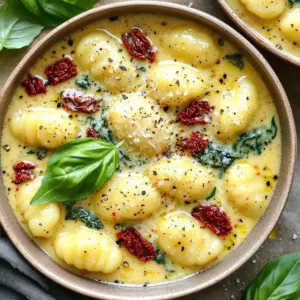 - 1 package (16 oz) gnocchi (store-bought or homemade) - 1 cup sun-dried tomatoes, packed in oil, drained and roughly chopped - 2 cups vegetable broth - 1 cup heavy cream (or a dairy-free alternative) - 1 cup fresh spinach, roughly chopped - 1 cup grated Parmesan cheese (or nutritional yeast for a vegan option) - 2 cloves garlic, minced - 1 teaspoon Italian seasoning (a blend of dried basil, oregano, and thyme) - 1 tablespoon olive oil - Salt and freshly cracked pepper to taste - Fresh basil leaves for garnish In this dish, the gnocchi serves as the star. You can use store-bought gnocchi for quick meals or make your own for a special touch. The sun-dried tomatoes add a rich, tangy burst of flavor that blends beautifully with the creamy sauce. The vegetable broth and heavy cream create a luscious base, while the fresh spinach adds a pop of color and nutrition. Garlic and Italian seasoning bring depth to the dish. Olive oil adds richness, and salt plus pepper balance all the flavors. Lastly, fresh basil leaves not only garnish the dish but also elevate the aroma and taste. Each ingredient plays a vital role, ensuring that every bite is a delight! Start by heating one tablespoon of olive oil in a large pot or deep skillet over medium heat. Once the oil shimmers, add two cloves of minced garlic. Sauté the garlic for about one minute. You want it fragrant but not browned. Next, add one cup of chopped sun-dried tomatoes and one teaspoon of Italian seasoning into the pot. Stir everything together and cook for about two minutes. This step helps the flavors mix nicely. Pour in two cups of vegetable broth and one cup of heavy cream. Stir well to combine all the ingredients. Bring this mixture to a gentle simmer. Then, add one package of gnocchi to the pot. Cover with a lid and cook for three to five minutes. The gnocchi is ready when it floats to the surface. Once the gnocchi is cooked, fold in one cup of roughly chopped spinach and one cup of grated Parmesan cheese. Let everything cook for another one to two minutes. Stir gently until the spinach wilts and the cheese melts into the sauce. Taste your dish and adjust the seasoning with salt and freshly cracked pepper. For serving, ladle the creamy gnocchi mixture into bowls. For a pretty touch, garnish with fresh basil leaves. Enjoy your delicious one-pot meal! - How to avoid overcooking gnocchi: Cook the gnocchi only until they float. This shows they are done. Stir gently to keep them intact. If you cook too long, they can turn mushy. - Best practices for sautéing garlic: Heat the olive oil until it shimmers. Add the minced garlic and stir often. Cook it for about one minute until it smells great. Watch closely to avoid burning. - Selecting the best sun-dried tomatoes: Look for sun-dried tomatoes packed in oil. This will add extra flavor. Choose ones that are soft and vibrant in color. Avoid those that look dry or shriveled. - Dairy-free alternatives for cream: Use coconut cream or cashew cream to replace heavy cream. Both options work well for a rich texture. They also add unique flavors to your dish. - Pairing with side dishes or salads: Serve the gnocchi with a light salad or garlic bread. A crisp side salad adds freshness. Garlic bread offers a nice crunch to the meal. - Ideal wine pairings for the meal: Pair this dish with a crisp white wine. A Sauvignon Blanc or Pinot Grigio works well. These wines balance the creaminess of the gnocchi. Enjoy a glass for a complete experience! {{image_4}} You can change the cheese in this dish. Instead of Parmesan, try mozzarella or goat cheese. Each cheese brings a different taste and texture to the creamy sauce. You can also add protein like chicken or shrimp. Cook the protein first, then add it with the gnocchi. This makes your meal heartier and more filling. Feel free to mix in different herbs or spices. Basil, parsley, or even a pinch of red pepper flakes add a nice kick. You can also play with the creaminess by adjusting the broth and cream ratios. If you want a lighter dish, use more broth and less cream. This lets you control the richness of the sauce. To make this dish vegan, use plant-based cream and cheese. Nutritional yeast is a great substitute for Parmesan. It gives a cheesy flavor without dairy. You can also replace the vegetable broth with water. Add more sun-dried tomatoes for extra flavor. This way, you keep the taste while making it plant-based. To store leftovers, place the creamy gnocchi in an airtight container. This keeps moisture in and prevents drying out. Make sure to let it cool before sealing. You can keep it in the fridge for up to three days. When reheating, I suggest using a stovetop. Place the gnocchi in a pan over low heat. Add a splash of vegetable broth or cream to keep it creamy. Stir gently until hot, about five to seven minutes. Avoid microwaving, as it may make it dry. Yes, you can freeze this dish! Store it in a freezer-safe container. It will last up to three months in the freezer. To thaw, move it to the fridge overnight. For reheating, use the stovetop method again, adding a little liquid to maintain creaminess. Gnocchi is a soft pasta made mainly from potatoes. It often includes flour, eggs, and salt. Some recipes use ricotta cheese instead of potatoes. The mixture forms small, pillowy dumplings. You can find gnocchi in stores or make it at home. Store-bought options save time, but homemade adds a personal touch. You can use fresh tomatoes, but the flavor changes. Sun-dried tomatoes add a rich, concentrated taste. Fresh tomatoes are juicy and bright, but they may need cooking longer. If you choose fresh tomatoes, add them early in the cooking process. This way, they can soften and release their juices. To make this dish gluten-free, use gluten-free gnocchi. Many brands offer gluten-free options made from rice or potato flour. You can also make your own using gluten-free flour blends. Just follow the same steps for cooking. Be sure to check all other ingredients for gluten as well. Yes, you can easily make this dish vegan. Swap heavy cream for a plant-based alternative like coconut cream or cashew cream. Use nutritional yeast instead of Parmesan cheese for a cheesy flavor. Make sure the gnocchi is vegan, as some brands use eggs. This way, everyone can enjoy it! One-pot creamy gnocchi lasts about three days in the fridge. Store it in an airtight container. When reheating, use low heat to keep it creamy. You can add a splash of broth or cream if it gets thick. This helps bring back its smooth texture. This recipe for creamy gnocchi is simple and rewarding. You learned about the main and additional ingredients, seasoning, and garnishes. The step-by-step guide walks you through sautéing aromatics, combining flavors, and folding in fresh spinach. I shared tips for cooking, ingredient selections, and serving ideas. You can also explore variations to fit your preferences. Finally, proper storage and reheating instructions keep your leftovers tasty. Enjoy your cooking adventure and delight in this dish!