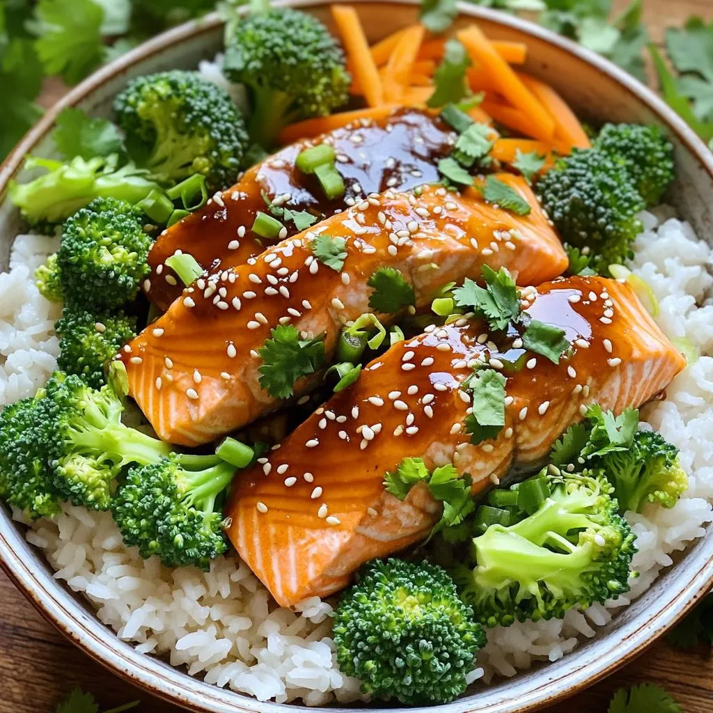 - 2 salmon fillets - 1 cup jasmine rice - 1/4 cup low-sodium soy sauce - 2 tablespoons honey or maple syrup - 1 tablespoon rice vinegar - 1 teaspoon sesame oil - 1 cup steamed broccoli florets - 1 carrot, julienned - Green onions and sesame seeds for garnish When making Minute Teriyaki Salmon Rice Bowls, I focus on fresh, simple ingredients. The salmon brings rich flavor and healthy fats. Jasmine rice provides a fluffy base that absorbs all the great flavors. I use low-sodium soy sauce to control the salt level. This sauce is key to the dish's umami taste. Honey or maple syrup adds a touch of sweetness, balancing the saltiness. Rice vinegar gives a slight tang that brightens the dish. A bit of sesame oil adds a lovely nutty aroma. For veggies, I love adding steamed broccoli and julienned carrots. They add color, vitamins, and crunch. To finish, I sprinkle chopped green onions and sesame seeds on top. This not only looks good but adds texture and flavor. With these ingredients, you can create a quick, tasty meal that feels special. Each bite is a blend of savory, sweet, and fresh. Plus, it’s easy to customize based on what you have at home. - Rinse the jasmine rice: Start by rinsing 1 cup of jasmine rice under cold water. This step removes excess starch. Rinse until the water runs clear. - Cooking the rice in a saucepan: In a medium saucepan, add the rinsed rice and 2 cups of water. Bring the water to a boil over high heat. Once boiling, reduce the heat to low. Cover the pot and let it simmer for 15-18 minutes. The rice is done when all the water is absorbed. Fluff the rice with a fork and keep it covered to stay warm. - Combine soy sauce, honey/maple syrup, rice vinegar, and sesame oil: In a small bowl, mix together 1/4 cup low-sodium soy sauce, 2 tablespoons honey (or maple syrup), 1 tablespoon rice vinegar, and 1 teaspoon sesame oil. Whisk until everything blends well. This sauce will give your salmon a rich flavor. - Seasoning the salmon: Take 2 salmon fillets and sprinkle salt and pepper on both sides. This simple seasoning enhances the taste. - Cooking in a non-stick skillet: Heat a non-stick skillet over medium heat. Once hot, place the salmon fillets skin-side down. Cook them for 4-5 minutes. The skin should get crispy. - Basting with teriyaki sauce: Flip the salmon fillets gently. Pour the teriyaki sauce over them. Cook for another 3-4 minutes. Baste the salmon with the sauce. It should be fully cooked and flake easily with a fork. To get the perfect salmon texture, follow these steps: - Start with fresh salmon fillets. - Season with salt and pepper before cooking. - Use a non-stick skillet to avoid sticking. - Cook skin-side down first for crispiness. - Flip gently to keep the fillet intact. For timing tips, cook the rice and salmon at the same time. Start the rice first. Rinse it until the water is clear, then boil it for 15-18 minutes. While it cooks, prepare the teriyaki sauce and heat the skillet for the salmon. You want everything to finish around the same time for a hot meal. To adjust the teriyaki sauce, think about sweetness and saltiness. If you want it sweeter, add more honey or maple syrup. For more salt, a splash of soy sauce works well. Taste as you go to find your perfect balance. For added depth, try these alternative seasonings: - A pinch of garlic powder - Fresh ginger, grated - A dash of chili flakes for heat When arranging the bowls, start with a base of fluffy jasmine rice. Place the teriyaki salmon right on top. Add the steamed broccoli and julienned carrots beside it. This makes the dish look colorful and inviting. For garnishes, use chopped green onions and sesame seeds. They add both color and crunch. If you like, fold in fresh cilantro for an aromatic touch. A beautiful bowl not only tastes good but also pleases the eyes! {{image_4}} You can easily switch out the salmon for other fish. Try tuna or trout for a new taste. If you want a different protein, chicken or tofu works great too. For the rice, jasmine is nice, but quinoa adds a nutty flavor. Cauliflower rice is a low-carb option that is light and fresh. To amp up the flavor, add spices like garlic and ginger. These spices give your dish a kick! You can also toss in different veggies like bell peppers or snap peas. This not only adds taste but also color to your bowl. If you need gluten-free options, use tamari instead of soy sauce. It has a similar taste without gluten. For a low-carb meal, stick with cauliflower rice and a protein of your choice. This keeps your dish tasty and healthy at the same time. To store leftovers, let your salmon and rice cool first. Place the salmon and rice in airtight containers. Keep them in the fridge for up to three days. Salmon stays fresh longer when covered well. To keep the rice fluffy, store it in a separate container. This helps prevent sogginess. To freeze cooked salmon rice bowls, let them cool completely. Pack the salmon, rice, and veggies in freezer-safe containers. Seal them tightly to avoid freezer burn. They can last for up to three months in the freezer. For reheating, thaw overnight in the fridge. You can reheat the bowls in the microwave. Heat them until warm throughout, about 2-3 minutes. You can prepare the rice and salmon in advance. Cook the rice and store it in the fridge for up to four days. You can also cook the salmon and keep it in an airtight container. Assemble the bowls just before serving. This keeps everything fresh and tasty. Add your veggies and sauce right before you eat. Cooking salmon fillets usually takes about 10 minutes. Here’s a simple breakdown: - For skin-side down, cook for 4-5 minutes. - Flip and cook for another 3-4 minutes. - The salmon is done when it flakes easily. This quick cooking time makes salmon a great option for busy nights. Yes, you can make teriyaki sauce at home! Here’s a simple recipe: - 1/4 cup low-sodium soy sauce - 2 tablespoons honey or maple syrup - 1 tablespoon rice vinegar - 1 teaspoon sesame oil Mix these ingredients in a bowl. This sauce adds a sweet and savory flavor to your salmon. Teriyaki salmon works well with many side dishes. Here are a few tasty options: - Steamed broccoli florets - Julienned carrots - Stir-fried green beans - A fresh garden salad These sides add color and nutrition, making your meal even better! This blog post covers how to create a tasty teriyaki salmon bowl using simple steps. We explored key ingredients like salmon, jasmine rice, and flavor enhancers. You learned how to cook the rice and salmon perfectly and even tried fun variations. Remember, presentation makes a big difference in your bowl. With these tips, you can enjoy a healthy meal that impresses. Now, it's time to get cooking! Enjoy your delicious and nutritious teriyaki salmon dish!