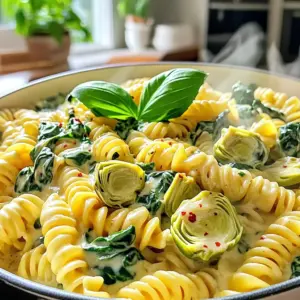 - 12 ounces pasta (fusilli or penne) - 1 tablespoon olive oil - 3 cloves garlic, minced - 1 can (14 ounces) artichoke hearts, drained and quartered - 4 cups fresh spinach, loosely packed - 4 cups vegetable broth - 1 cup heavy cream or coconut cream (for a dairy-free option) - 1 cup grated Parmesan cheese (or nutritional yeast for a vegan twist) - 1/2 teaspoon crushed red pepper flakes (optional for a kick) - Salt and freshly ground pepper to taste - Fresh basil leaves for garnish When you make this dish, the right ingredients matter. For the pasta, I love using fusilli or penne. They hold the sauce well and create a nice bite. Olive oil is key for cooking. It adds flavor and helps the garlic sauté perfectly. Garlic brings a warm, rich taste. I always use fresh garlic for the best flavor. The artichoke hearts add a unique twist. They are tender and have a mild taste that pairs well with spinach. You can choose between heavy cream or coconut cream. Heavy cream gives a rich taste, while coconut cream is great for dairy-free diets. Both create a creamy texture that is hard to resist. The grated Parmesan cheese adds a salty kick. If you want a vegan option, use nutritional yeast for a cheesy flavor without dairy. For those who like a little spice, crushed red pepper flakes add a nice heat. Don’t forget salt and pepper for seasoning. They balance all the flavors. Finally, fresh basil leaves add a pop of color and freshness when you serve the dish. Start by warming the olive oil in a large pot over medium heat. You want it shimmering. This step builds a tasty base for your dish. Next, add the minced garlic and sauté it for about one minute. Stir often to keep it from browning. This brings out the garlic's sweet flavor. Then, toss in the quartered artichoke hearts. Sauté them for another two to three minutes. This allows them to soak up that garlic goodness. Now, it's time to incorporate the pasta and liquids. Pour in your choice of pasta, then add the vegetable broth and heavy cream. Stir everything well. Make sure all the pasta is coated in that creamy mix. Next, raise the heat to high. You want to bring the mixture to a rapid boil. Once it starts bubbling, reduce the heat. Cover the pot and let it simmer gently. The cooking time depends on your pasta type. Generally, it takes about ten to twelve minutes. Stir occasionally to stop the pasta from sticking to the bottom of the pot. When the pasta is al dente, fold in the fresh spinach and grated Parmesan cheese. If you like a bit of heat, add the crushed red pepper flakes. Stir gently until the spinach wilts and the cheese melts smoothly into the dish. This gives you that rich, creamy texture. Season with salt and freshly ground black pepper to taste. After that, remove the pot from heat. Let it sit uncovered for a few minutes. This helps the sauce thicken to a creamy consistency. Serve the pasta hot. Plate it generously and garnish with fresh basil leaves. This adds a lovely aroma and a pop of color to your meal. Enjoy! To keep your pasta from sticking, stir often. This simple step helps the pasta cook evenly and prevents it from clumping together. When you add the heavy cream or coconut cream, make sure to mix it well. This helps achieve the perfect creaminess. You want a smooth texture that coats the pasta nicely. Serve this dish in shallow bowls. This makes it look nice and allows for a big portion. Top each bowl with a sprinkle of extra Parmesan cheese. Add a few fresh basil leaves on top for color and aroma. This small touch enhances the visual appeal and makes the dish feel special. If you want a dairy-free option, you can use coconut cream instead of heavy cream. For a vegan twist, swap out Parmesan for nutritional yeast. You can also add extra vegetables like peas or bell peppers for added nutrition. These small changes make the dish even more nutritious while keeping it tasty. {{image_4}} You can easily make this dish vegan. Just swap out the cheese for nutritional yeast. Nutritional yeast gives a cheesy flavor without dairy. For the cream, use coconut cream instead of heavy cream. This change keeps the dish rich and creamy while being dairy-free. Want to boost your meal? Add protein like chicken, shrimp, or tofu. If you choose chicken, cook it first, then add it with the pasta. Shrimp cooks fast and can be added just before the pasta is done. Tofu is a great choice too. Just cube it and sauté with garlic for flavor. Mix in seasonal veggies for a fresh twist. In spring, add peas or asparagus. In summer, try bell peppers or zucchini. In fall, consider adding butternut squash or kale. This way, you can enjoy different flavors all year round! To store leftover Spinach Artichoke One-Pot Pasta, let it cool first. Place it in an airtight container. This keeps the pasta fresh for up to three days in the fridge. If you want to enjoy it later, remember to separate any extra sauce to avoid sogginess. To reheat, use a skillet over medium heat. Add a splash of water or broth to help revive the dish. Stir often to avoid sticking. You can also use the microwave. Heat it in short bursts, stirring in between. This keeps the pasta creamy and tasty. If you want to freeze this pasta, do it within two days. Transfer it to a freezer-safe container. Leave some space for expansion. When you're ready to eat, thaw it in the fridge overnight. Reheat it gently on the stove, adding a bit of cream or broth for smoothness. How long does it take to make? It takes about 30 minutes to make this dish. You spend around 10 minutes prepping and 20 minutes cooking. This speedy time makes it great for busy nights. Can I use frozen spinach or artichokes? Yes, you can use frozen spinach and artichokes. Just thaw them first. Drain any excess water to keep the dish creamy. This swap makes it easy to use what you have on hand. What’s the best pasta to use for this recipe? I recommend using fusilli or penne pasta. These shapes hold sauce well and add texture. Both types cook nicely in the one-pot method, making them perfect for this dish. This blog post covered how to make a delicious Spinach Artichoke One-Pot Pasta. We discussed the key ingredients, cooking steps, and tips for great flavor. You learned how to present this dish beautifully. Remember, cooking is about trying new things and having fun. Enjoy making your version of this pasta dish. I hope you try it out and love it as much as I do!