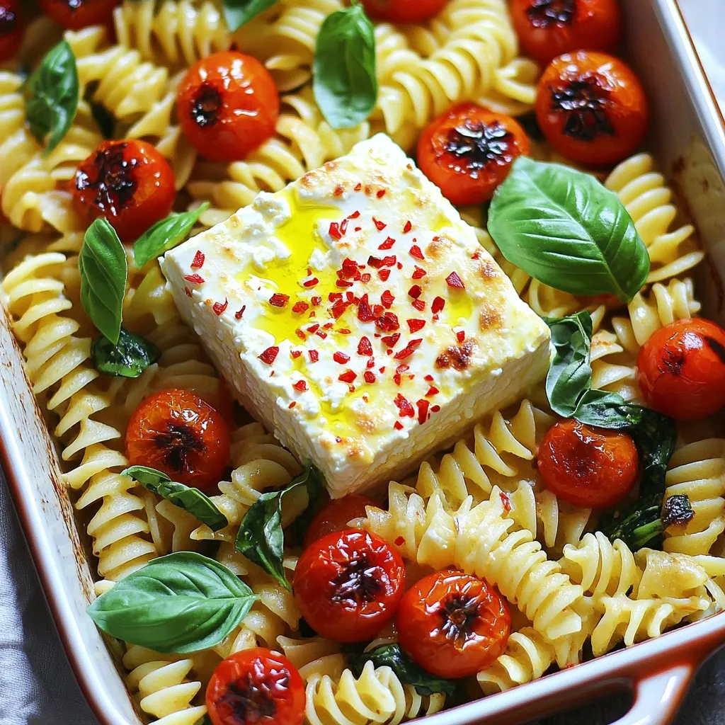 - 250g pasta (fusilli or penne) - 200g feta cheese (preferably full-fat) - 250g cherry tomatoes, halved - 3 cloves garlic, minced - 1 tsp red chili flakes (optional) - 3 tbsp extra virgin olive oil - 1 tsp dried oregano - Salt and black pepper, to taste - Fresh basil leaves for garnish - Zest and juice of 1 lemon - 1 cup baby spinach (optional) Using these ingredients makes this dish simple yet tasty. The pasta provides a great base. Feta cheese brings creaminess, while cherry tomatoes add sweetness. Garlic gives an aromatic punch, and olive oil adds richness. Red chili flakes can spice it up if you want. Dried oregano adds warmth and depth. Salt and black pepper enhance all the flavors. Fresh basil leaves make it pretty and fragrant. Lemon zest and juice brighten the whole dish. Adding baby spinach boosts nutrition and color. Each ingredient plays a key role in creating a delicious meal you will love. - Preheat your oven to 200°C (400°F). This helps the feta melt well. - In a large baking dish, place the block of feta cheese in the center. - Arrange the halved cherry tomatoes and minced garlic around the feta. - Drizzle olive oil over the feta and tomatoes. This adds richness. - Sprinkle red chili flakes, dried oregano, salt, and pepper on top. - Toss the tomatoes gently with your hands. This helps the flavors mix. - Bake for 25-30 minutes. You want the feta soft and tomatoes blistered. - Bring a large pot of salted water to a rolling boil. - Add your pasta and cook it until al dente, as per the package. - Reserve 1/2 cup of the pasta water before draining the pasta. - Once baked, take the dish from the oven. - Add the cooked pasta into the baking dish with the feta and tomatoes. - If using spinach, add it now for extra nutrients. - Stir gently to break the feta apart. This creates a creamy sauce. - If the sauce is too thick, add some reserved pasta water. Adjust until creamy. - Finally, mix in lemon zest and juice for brightness. - Choosing the right pasta type: I recommend using fusilli or penne. Both types hold the sauce well. Their shapes catch every bit of creamy feta and juicy tomatoes. This makes each bite full of flavor. - Ensuring feta is creamy: Use full-fat feta cheese. It melts better and gives a rich taste. When you mix it with pasta, it makes a smooth sauce. You want that creamy texture to coat every piece of pasta. - Using fresh herbs and spices for more depth: Adding fresh herbs like basil or parsley boosts flavor. You can also try using thyme or rosemary for a new twist. These herbs pair well with feta and tomatoes. - Optional additions for spice lovers: If you love heat, add more red chili flakes. You can also try a dash of hot sauce. This adds a kick that elevates the dish. Just be careful not to overpower the other flavors. - Garnishing with basil and lemon zest: A sprinkle of fresh basil adds color and fragrance. Lemon zest gives a bright finish that makes the dish pop. These simple touches make your pasta look restaurant-worthy. - Serving suggestions for a beautiful plate: Serve it in a large bowl for a family-style meal. You can also plate individual servings with a basil leaf on top. A wedge of lemon on the side enhances the look and taste. {{image_4}} You can switch the feta cheese for goat cheese. Goat cheese adds a tangy flavor that many enjoy. It also melts well, making the dish creamy. If you're looking for vegan cheese options, try cashew cheese or almond cheese. These alternatives provide a rich taste without dairy. Both options are creamy and work great in this recipe. Want to boost your dish? Add proteins like chicken or shrimp. Chicken breast cooks quickly and soaks up flavors. Shrimp adds a touch of sweetness. Both make the meal hearty and filling. You can also add vegetables for more nutrition. Spinach is a great choice, as it wilts nicely and adds vitamins. Other options include zucchini or bell peppers. They bring color and crunch to the dish. To make baked feta pasta vegan, use a block of plant-based feta. You can also skip the cheese altogether. Instead, add nutritional yeast for a cheesy flavor. Use vegetable broth instead of pasta water to keep it vegan. This keeps the dish flavorful and creamy. Don't forget to add your favorite veggies for extra texture! To keep your Baked Feta Pasta fresh, store it in an airtight container. Make sure it cools down before sealing it. This way, it will stay tasty. You can keep it in the fridge for up to three days. If you notice any odd smells or colors, it’s best to throw it away. If you want to enjoy this dish later, freezing is a great option. First, let the pasta cool completely. Then, portion it into freezer-safe bags or containers. Remember to remove as much air as possible to prevent freezer burn. You can freeze it for up to three months. When you're ready to eat, thaw it overnight in the fridge. To reheat, warm it gently on the stove or in the microwave. Add a splash of water or olive oil to prevent it from drying out. Stir it often for even heating. To add heat to your Baked Feta Pasta, use red chili flakes. You can sprinkle in more than the recipe calls for. If you want a bolder flavor, try adding sliced jalapeños or fresh chili peppers. You can also add hot sauce after baking for an extra kick. Adjust the spice to fit your taste. Yes, you can use various pasta types. Fusilli and penne work best due to their shape. Other great options include rotini, farfalle, or even spaghetti. Just ensure the pasta is sturdy enough to hold the sauce. Choose your favorite shape to make it your own. Baked Feta Pasta pairs well with simple sides. A fresh green salad adds crunch and brightness. Garlic bread is another favorite, perfect for scooping up sauce. Roasted vegetables also work nicely, adding more flavor and color to your meal. Choose sides that balance the creamy pasta. Yes, you can prepare this dish ahead of time. Bake the feta and tomatoes and cook the pasta in advance. Store them separately in the fridge. When ready to eat, combine them and heat in the oven or on the stove. This makes for an easy and quick meal on busy days. Baked Feta Pasta combines simple ingredients for a tasty meal. You learned about the key ingredients, how to bake the dish, and tips to make it perfect. I shared variations and storage tips too. You can customize this dish with spices or proteins. Whether you stick to the recipe or adjust it, this pasta brings joy to any table. Enjoy making it again and again!