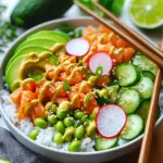 Here’s what you need for this tasty dish: - 1 cup sushi rice - 1 1/4 cups water - 2 tablespoons rice vinegar - 1 tablespoon granulated sugar - 1 teaspoon sea salt - 8 oz sushi-grade salmon, diced into 1/2-inch cubes - 1 ripe avocado, halved and sliced - 1 medium cucumber, julienned - 1/2 cup shelled edamame (cooked) - 2 radishes, thinly sliced - 1 tablespoon toasted sesame seeds - 2 green onions, finely chopped - Soy sauce, for drizzling - Spicy mayo (combine 2 tablespoons mayonnaise with 1 teaspoon sriracha and mix well) - Nori sheets, cut into strips (optional) You can swap some of these ingredients if you like: - Fish alternatives: Try tuna or shrimp instead of salmon. - Rice types: Short-grain white rice works well too. - Veggies: Use carrots or bell peppers if you want a crunch. - Vegan options: Substitute salmon with marinated tofu or chickpeas. Choosing the right salmon is key. Look for these signs: - Freshness: The fish should smell mild and clean, not fishy. - Color: Bright orange or pink hues indicate freshness. - Texture: The flesh should feel firm and moist, not slimy. - Source: Buy from a trusted fishmonger who sells sushi-grade fish. First, rinse the sushi rice. Place the rice in a fine mesh strainer. Rinse it under cold water. Swish the rice with your hands until the water runs clear. This removes excess starch. A clean rinse gives the rice a nice texture. Next, cook the rice. In a medium saucepan, combine the rinsed rice with 1 1/4 cups of water. Bring it to a boil over medium heat. Once it boils, reduce the heat to low. Cover the pot tightly and let it simmer for 15 minutes. Do not lift the lid during this time. After 15 minutes, remove the pot from heat. Keep it covered for another 10 minutes. This steaming makes the rice tender. Now, let's season the rice. In a small bowl, mix 2 tablespoons of rice vinegar, 1 tablespoon of sugar, and 1 teaspoon of sea salt. Whisk until fully dissolved. Once the rice is ready, transfer it to a large bowl. While it's still warm, gently fold in the vinegar mixture. Be careful not to mush the grains. This adds a tasty layer of flavor. Let the rice cool to room temperature. Take two serving bowls. Place a scoop of seasoned sushi rice at the base of each bowl. This rice forms the bed for your toppings. Now, arrange your toppings. Decoratively place the sliced avocado, julienned cucumber, cooked edamame, and thinly sliced radishes on top. Add the seasoned diced salmon next. Finish with garnishes. Sprinkle toasted sesame seeds and chopped green onions over the bowls. These add crunch and color. Lastly, drizzle soy sauce and spicy mayo on top. If you like, add nori strips around the edges. This gives a special touch to your bowls. Enjoy your delicious creation! To get the best sushi rice, rinse it well. Place the rice in a fine mesh strainer. Rinse under cold water until it runs clear. This step removes excess starch. Starch can make the rice sticky. After rinsing, drain the rice well. Next, cook the rice with precision. Use a medium saucepan. Combine 1 cup of rinsed sushi rice with 1 1/4 cups of water. Bring the mix to a boil over medium heat. Once boiling, lower the heat and cover. Let it simmer for 15 minutes without lifting the lid. After cooking, let the rice steam for 10 more minutes. Keep it covered. This step helps the rice become tender. Finally, season the rice while it’s warm. Mix rice vinegar, sugar, and sea salt in a bowl. Fold this mixture into the rice gently. This adds flavor without mushing the grains. For a stunning sushi bowl, start with the rice. Place a generous scoop of rice in each bowl. Make it the base for your toppings. Use colorful ingredients like bright green avocado and red radishes. Arrange each topping neatly. Layer the salmon, cucumber, and edamame artfully. This creates a beautiful visual. Sprinkle toasted sesame seeds and chopped green onions on top. These add color and crunch. For an extra touch, garnish with a slice of lime or lemon. It adds a pop of color and a fresh feel. Serve with chopsticks resting on top. This makes your bowl look elegant and inviting. You can customize your sushi bowl with various sauces. Soy sauce adds a classic touch. For something spicy, try the spicy mayo. Mix two tablespoons of mayonnaise with one teaspoon of sriracha. This gives a nice kick. Feel free to add more toppings. Consider pickled ginger for a zing. You can also use sliced jalapeños for heat. If you prefer crunch, add crispy tempura bits. For a vegetarian twist, swap salmon for marinated tofu. You can also try mango for sweetness. The options are endless! Customize your bowl to match your taste. {{image_4}} You can easily make a delicious vegetarian or vegan sushi bowl. Instead of salmon, use marinated tofu or tempeh. Both provide great texture and flavor. You can also add extra veggies. Try bell peppers, carrots, or avocado for creaminess. For a tangy kick, include pickled vegetables. They add depth and color to your bowl. If you want to switch from salmon, tuna works well too. Sushi-grade tuna has a rich taste and pairs nicely with the rice. For those avoiding fish, consider using grilled shrimp or crab meat. These proteins can elevate your bowl. You can also use seitan, another great plant-based option. It has a chewy texture that mimics meat. To customize your flavor, think about sauces and toppings. For a spicy kick, add more sriracha to your spicy mayo. You can also mix in wasabi for heat. If you prefer tangy flavors, drizzle some ponzu sauce over your bowl. This citrusy sauce brightens each bite. Don't forget fresh herbs like cilantro or mint for extra freshness. They can transform the flavor profile of your bowl. To store leftover sushi bowls, place them in an airtight container. Keep the salmon and rice separate if possible. This helps maintain freshness. Store the container in the fridge. Eat leftover sushi within two days for best taste. Reheating sushi rice can be tricky. The goal is to keep it moist. Place the rice in a microwave-safe bowl. Add a splash of water to the rice. Cover the bowl with a damp paper towel. Heat in short bursts, around 30 seconds. Stir and check until warm. Keep your ingredients fresh by storing them properly. For avocado, wrap it tight to slow browning. Store cucumbers in a cool place. Keep edamame in the fridge until ready to use. Place radishes in water for crispness. Always check for freshness before using. No, you should not use regular rice. Sushi rice is short-grain rice that becomes sticky when cooked. This stickiness helps the rice hold together in a bowl. Regular rice does not have this quality, so it will not work well for sushi bowls. To ensure your salmon is sushi-grade, buy it from a trusted fishmonger. Look for fresh fish with a bright color and no off-smell. The fish should also have a firm texture. Ask the seller if it is safe to eat raw. They should provide clear information about its freshness. You can get creative with your toppings! Here are some popular choices: - Sliced avocado for creaminess - Julienned cucumber for crunch - Cooked edamame for protein - Thinly sliced radishes for spice - Chopped green onions for freshness - Toasted sesame seeds for a nutty flavor Feel free to mix and match to suit your taste! You now have all the tools to make delicious TikTok salmon sushi bowls. We covered ingredients, step-by-step instructions, and tips for perfect texture and presentation. You can even explore vegetarian options and variations for flavor. Remember to store any leftovers properly to keep them fresh. With all these tricks, you'll create bowls worth sharing. Enjoy your sushi journey and experiment with different ingredients and styles. Happy cooking!