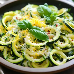 To make Minute Lemon Parmesan Zucchini Noodles, you need fresh, simple ingredients. Here’s what you will need: - 4 medium zucchinis, spiralized into noodles - 2 tablespoons extra virgin olive oil - 2 cloves garlic, finely minced - Zest of 1 large lemon - 3 tablespoons freshly squeezed lemon juice - ½ cup freshly grated Parmesan cheese - ¼ teaspoon red pepper flakes (optional) - Sea salt and freshly cracked black pepper to taste - Fresh basil leaves for garnish These ingredients come together to create a light and zesty dish. The zucchinis serve as the base, making this meal healthy and low-carb. The olive oil adds richness while the garlic brings warmth. The star of this dish is the lemon, giving a bright, fresh flavor. Parmesan cheese adds creaminess and depth. You can adjust the red pepper flakes based on your spice preference. Finally, fresh basil not only looks great but also enhances the dish's aroma. Enjoy crafting this quick meal with these fresh ingredients! Start by spiralizing your zucchinis. If you lack a spiralizer, a vegetable peeler works well too. Create long, noodle-like strands or thin ribbons. Aim for even shapes to cook uniformly. Next, take a large skillet. Heat the extra virgin olive oil over medium heat. Once hot, add the minced garlic. Sauté for 1-2 minutes until fragrant. Stir often to prevent browning. Burnt garlic can ruin the dish. Now, gently add the spiralized zucchini noodles to the skillet. Toss them in the garlic oil. Sauté for about 2-3 minutes. Stir frequently until the noodles are tender but still slightly crunchy. This keeps them al dente. Sprinkle in the lemon zest and juice. If you like a kick, add red pepper flakes. Season with sea salt and cracked black pepper. Stir everything together to coat the noodles evenly. Let the flavors blend beautifully. Remove the skillet from heat. Now, sprinkle freshly grated Parmesan cheese over the noodles. Toss gently to mix. The heat will melt the cheese slightly, adding creaminess to the dish. Plate your zesty zucchini noodles right away. Garnish with fresh basil leaves for color and aroma. For extra cheesiness, add more Parmesan on top. Serve in shallow bowls to highlight the vibrant colors. To get the best texture from zucchini noodles, you want them to stay firm. Cook them just right by sautéing for 2-3 minutes. Toss them often in the hot oil to ensure even cooking. If they get too soft, they can turn mushy. You want a nice bite, so don’t overcook them. Want to spice it up? Try adding more herbs or spices. Basil works great, but you can also use parsley or oregano. For a kick, add more red pepper flakes. A pinch of lemon zest can brighten the dish, too. If you like, toss in some toasted pine nuts for a crunchy twist. Serve your zucchini noodles in shallow bowls. This way, the bright colors pop. Add a lemon slice on the side for a fresh look. You can sprinkle extra Parmesan on top for flair. Use whole basil leaves to decorate each bowl, making it look fancy and inviting. {{image_4}} You can easily add protein to your dish. Try cooked chicken or shrimp for a boost. Simply sauté the protein in the skillet before adding the zucchini noodles. This adds flavor and makes it a full meal. If you want shrimp, cook them until they turn pink. For chicken, use grilled or rotisserie chicken for ease. If you prefer a vegetarian dish, chickpeas or avocado work great. Chickpeas add protein and a nice texture. You can mix them in with the noodles. For avocado, slice it and add it on top for creaminess. This makes your meal hearty and satisfying without meat. This recipe is already low-carb, but you can swap ingredients for gluten-free options. Instead of regular Parmesan, look for gluten-free cheese. You can also add nuts like pine nuts or walnuts for crunch. These additions keep the meal light while ensuring you meet gluten-free needs. To store leftovers, place the zucchini noodles in a clean, airtight container. Make sure to let them cool before sealing. You can keep them in the fridge for 2 to 3 days. This helps keep them fresh and tasty. If you notice any moisture, use a paper towel to absorb it before sealing. When reheating, avoid the microwave if you can. It can make the noodles soggy. Instead, use a skillet over medium heat. Add a splash of olive oil to warm them up. Stir gently for about 2 to 3 minutes. This keeps them firm and tasty. I don’t recommend freezing zucchini noodles. They lose their crunch and become mushy when thawed. If you must freeze them, spiralize and blanch them first. Then, cool them in ice water before freezing. Use a freezer-safe bag and try to remove as much air as possible. They can last up to 3 months in the freezer. You can use a vegetable peeler to make thin ribbons. First, wash the zucchini. Then, hold it steady and peel long strips. This gives you a noodle-like texture. You can also use a box grater. Just run the zucchini down the large holes. It creates small, noodle-like pieces. These methods make great substitutes for spiralized noodles. Yes, you can use frozen zucchini noodles. However, they may lose some texture. Fresh zucchini noodles stay crunchy and have a better bite. If you use frozen ones, thaw them first and drain excess water. This helps keep your dish from getting too watery. For best results, use fresh zucchini for this recipe. To keep zucchini noodles crunchy, avoid overcooking them. Sauté them for just 2-3 minutes. This keeps them tender yet firm. After spiralizing, you can also salt the noodles lightly. Let them sit for a few minutes, then pat dry with paper towels. This draws out extra moisture, helping maintain their crunch. In this blog post, I covered how to make delicious zucchini noodles. First, I explained the key ingredients needed, like fresh zucchinis and lemon juice. Next, I provided step-by-step instructions to cook and flavor them. I shared tips for perfecting the dish and suggested tasty variations. Lastly, I offered storage advice and answered common questions. Zucchini noodles are a fun and healthy option. Give them a try and enjoy!