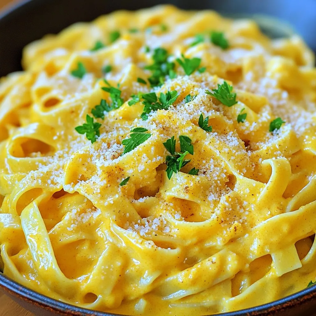 - 8 oz fettuccine or spaghetti - 1 cup pumpkin puree (canned or fresh) - 1 cup heavy cream - 1 cup grated Parmesan cheese - 2 tablespoons unsalted butter - 2 cloves garlic, minced - 1 teaspoon Italian seasoning - Salt and freshly cracked black pepper to taste - Chopped fresh parsley for garnish (optional) - A pinch of nutmeg (optional) When making Creamy Pumpkin Alfredo Pasta, start with the right ingredients. You want fresh and quality items. The pasta forms the base of your dish. Use 8 oz of fettuccine or spaghetti. Both types work well, but fettuccine offers a nice, thick sauce coating. Next, pumpkin puree is key. You can use canned or fresh. If you go fresh, roast your pumpkin for a deep flavor. It adds richness and color to the sauce. Aim for 1 cup. For the creamy sauce, you’ll need heavy cream. One cup gives that luscious texture. Parmesan cheese adds sharpness and depth. Grate it fresh for the best taste. Two tablespoons of unsalted butter enhance the sauce's richness. Don't forget the seasoning! Minced garlic wakes up the flavor. Use 2 cloves for a balanced taste. Italian seasoning brings warmth, while salt and pepper add necessary seasoning. A pinch of nutmeg can elevate the dish, giving it warmth. Lastly, a sprinkle of chopped fresh parsley adds color and brightness when serving. Choose these ingredients with care, and you’ll create a dish that feels both comforting and gourmet. - Fill a large pot with salted water. - Bring the water to a rolling boil. - Add 8 oz of fettuccine or spaghetti. - Cook according to package instructions for 8-10 minutes. - Reserve 1 cup of the cooking water. - Drain the pasta and set aside in a colander. - In the same pot, reduce the heat to medium. - Add 2 tablespoons of unsalted butter. - Melt the butter until it bubbles gently. - Add 2 cloves of minced garlic. - Sauté for 1-2 minutes until fragrant. - Stir in 1 cup of pumpkin puree. - Pour in 1 cup of heavy cream. - Add 1 teaspoon of Italian seasoning. - Mix well and cook for 3-4 minutes. - Gradually whisk in 1 cup of grated Parmesan cheese. - Mix in a little at a time until melted. - If the sauce is too thick, add reserved pasta water. - Toss in the drained pasta, coating it with sauce. - Season with salt, freshly cracked black pepper, and nutmeg if desired. Freshly cracked black pepper adds a great kick to your dish. It brightens the sauce. A pinch of nutmeg brings warmth and depth. Just a small amount makes a big difference. For extra flavor, try serving your pasta with a drizzle of good olive oil. You can also sprinkle more Parmesan cheese on top. Chopped fresh herbs, like parsley, add a pop of color and freshness. To make sure your pasta is al dente, cook it in salted boiling water. Check the package for cooking times. Drain it just before it’s done. This way, it will finish cooking in the sauce. If your sauce thickens too much, don't worry! Add a bit of the reserved pasta water. This keeps the sauce creamy without losing flavor. For an elegant look, serve your pasta in shallow bowls. This allows the sauce to shine. Drizzle a little olive oil over the top for a glossy finish. You can also sprinkle toasted pumpkin seeds for crunch. Chopped parsley can add color and a fresh taste. These small touches make your dish stand out on the table. {{image_4}} You can easily make this dish vegetarian. Start with your favorite pasta. Fettuccine and spaghetti work great, but you can use whole wheat or gluten-free options. Adding vegetables boosts the nutrition. Think of spinach, mushrooms, or roasted bell peppers. They add color and flavor. Want to add protein? Grilled chicken or shrimp complements the dish well. Simply cook them separately, then toss them in with the pasta. You can also use canned chickpeas for a plant-based protein. This makes the meal heartier and more filling. Spices can change the flavor. Try adding cayenne for heat or sage for earthiness. You can also swap out the Parmesan cheese for goat cheese or feta. This gives the sauce a tangy twist. Experiment with flavors to find what you love! To keep your creamy pumpkin Alfredo pasta fresh, store it in an airtight container. Make sure to let the dish cool to room temperature first. This helps prevent condensation, which can make the pasta soggy. You can store it in the fridge for up to three days. To reheat your pasta without losing its creamy texture, use a stovetop method. Place the pasta in a skillet over low heat. Add a splash of water or cream to help restore moisture. Stir gently as it warms. You can also use the microwave, but cover the dish to trap steam. Check every 30 seconds to avoid overheating. To make this dish dairy-free, use substitutes for cream and cheese. - For cream, try coconut cream or cashew cream. - For Parmesan cheese, use nutritional yeast or a dairy-free cheese. These options will help you keep the same rich flavor without any dairy. Yes, you can use fresh pumpkin. First, roast or steam your pumpkin until soft. - Scoop out the flesh and blend it until smooth. - This homemade pumpkin puree can add more flavor. Fresh pumpkin might have a lighter taste, so feel free to adjust the spices. Pair this creamy dish with several sides for balance. - A simple green salad with lemon vinaigrette works well. - Roasted vegetables add nice texture and flavor. - For wine, a light white wine like Sauvignon Blanc complements the dish nicely. Yes, you can freeze Creamy Pumpkin Alfredo Pasta, but with care. - Allow the pasta to cool completely before freezing. - Store it in an airtight container to prevent freezer burn. When ready to eat, thaw in the fridge overnight and reheat gently on the stove, adding a splash of water if needed. This article covered how to make a creamy pumpkin Alfredo pasta. We explored the main ingredients, including pasta, pumpkin puree, and creamy sauce elements. I provided step-by-step cooking instructions and shared tips to boost flavor and presentation. We also discussed variations and storage tips to help you enjoy this dish longer. In closing, this recipe is simple and adaptable. You can make it your own with easy changes. Enjoy creating your tasty meal!