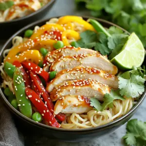 - 2 boneless, skinless chicken breasts, thinly sliced - 2 tablespoons sweet chili sauce - 1 tablespoon low-sodium soy sauce - 1 tablespoon sesame oil - 1 tablespoon olive oil - 200g rice noodles - 1 red or yellow bell pepper, thinly sliced - 1 cup snap peas, trimmed and cleaned The main ingredients for Sweet Chili Chicken Noodle Bowls are simple yet flavorful. You need chicken breasts that are boneless and skinless. This means less fat and easier cooking. Sweet chili sauce adds a nice mix of sweet and spicy. Soy sauce gives it a salty depth. Sesame oil adds a nutty flavor, while olive oil helps cook the chicken and veggies. Rice noodles are quick to cook and soak up flavors well. Bell peppers add crunch and sweetness. Snap peas bring a fresh, crisp bite. Together, these ingredients create a balanced and tasty meal. - Chopped green onions - Sesame seeds, for garnish - Fresh cilantro, for garnish - Lime wedges, for serving Garnishes make your bowl look and taste even better. Chopped green onions add a fresh flavor and a pop of color. Sesame seeds give a nice crunch and look pretty on top. Fresh cilantro adds brightness and a hint of herbiness. Lime wedges are great for squeezing over the dish. The lime juice brightens the flavors and adds a zesty touch. Combine 2 thinly sliced chicken breasts with 2 tablespoons of sweet chili sauce, 1 tablespoon of soy sauce, and 1 tablespoon of sesame oil. Stir to coat the chicken evenly. Let it marinate for at least 15 minutes. This step helps the chicken soak up the flavors, making it tasty. Boil a large pot of water. Add 200g of rice noodles and cook according to the package instructions, usually 3-4 minutes. Once done, drain the noodles and rinse them under cold water. This rinsing prevents the noodles from sticking together. Heat 1 tablespoon of olive oil in a large skillet over medium-high heat. Add sliced bell pepper and 1 cup of snap peas. Stir-fry for about 3-4 minutes. Cook until the veggies are bright in color and tender yet crisp. This keeps them crunchy and fresh. Use the same skillet for the chicken. Add the marinated chicken along with the marinade. Sauté for about 5-7 minutes, stirring occasionally. Cook until the chicken turns golden brown and is no longer pink inside. This step ensures the chicken is safe to eat and full of flavor. Once the chicken is cooked, add the sautéed vegetables and the noodles back into the skillet. Toss all the ingredients together. Heat everything for an additional 2 minutes. This allows the flavors to blend nicely. Turn off the heat and mix in chopped green onions. Serve the noodle bowls hot, garnished with sesame seeds and fresh cilantro. Add lime wedges on the side for a burst of flavor before eating. This final touch makes the meal bright and refreshing. - Marinate longer for deeper flavor. I suggest at least 30 minutes for the best taste. - Adjust cooking time based on chicken thickness. Thin slices cook fast, while thicker ones need more time. - Rinse noodles immediately after cooking to prevent sticking. This keeps them nice and separate. - Use a timer to avoid overcooking. Noodles can go from perfect to mushy in a blink. - Consider adding garlic or ginger for more depth. These ingredients can lift the dish to new heights. - Experiment with different vegetables. Broccoli, carrots, or zucchini can add fun colors and tastes. {{image_4}} You can easily make this dish vegetarian. Substitute the chicken with tofu or tempeh. Both options soak up flavors well. For added depth, use vegetable broth instead of water when cooking the noodles. This simple swap keeps the dish rich and tasty. If you need a gluten-free meal, it’s simple. Use gluten-free soy sauce and rice noodles. They give you the same great taste without the gluten. You can also customize the dish with gluten-free vegetables, like zucchini or carrots. This way, everyone can enjoy it! Want to take the flavors up a notch? Incorporate spicy elements like chili flakes or sriracha. These will add a nice kick to your bowls. You can also stir in peanut sauce for a nutty twist. This not only enhances the taste but also adds creaminess. To keep your Sweet Chili Chicken Noodle Bowls fresh, store leftovers in an airtight container. This method helps keep the flavors locked in. The dish can last for up to 3 days in the fridge. Make sure to label the container with the date. This way, you won't forget when you made it! When you are ready to eat your leftovers, you can reheat them easily. Use a microwave or stovetop for warming. If using the stovetop, add a splash of water to keep the noodles moist. It’s important to ensure even heating. This method helps maintain the texture of the noodles and chicken, making them tasty again. If you want to save your Sweet Chili Chicken Noodle Bowls for later, they are suitable for freezing. Store them in freezer-safe containers to prevent freezer burn. When you're ready to enjoy, thaw the bowl overnight in the fridge. After thawing, reheat thoroughly before serving. This way, you can savor a delicious meal even after some time! Yes, you can save time by preparing the chicken and noodles in advance. Just cook the chicken and noodles separately and store them in the fridge. When you're ready to eat, combine them in a skillet or bowl. This method keeps the flavors fresh and bright. If you're out of sweet chili sauce, you can make a simple mix at home. Combine honey and sriracha for a similar taste. Start with one part honey and one part sriracha. Adjust it based on your preferred sweetness and spice level. This swap works well in many recipes. Want more heat? You have a couple of easy options. You can add more sweet chili sauce to boost the spice. Another idea is to slice fresh chilies and toss them into the stir-fry. This adds a nice kick and extra flavor. In this blog post, we explored how to make delicious Sweet Chili Chicken Noodle Bowls. We reviewed the key ingredients, outlined easy steps, and shared tips for perfect results. You can even make variations like vegetarian or gluten-free options to fit your needs. Overall, this dish is simple to prepare and offers great taste. Try it out and enjoy a meal that’s both tasty and satisfying. Cooking at home can be fun and rewarding!