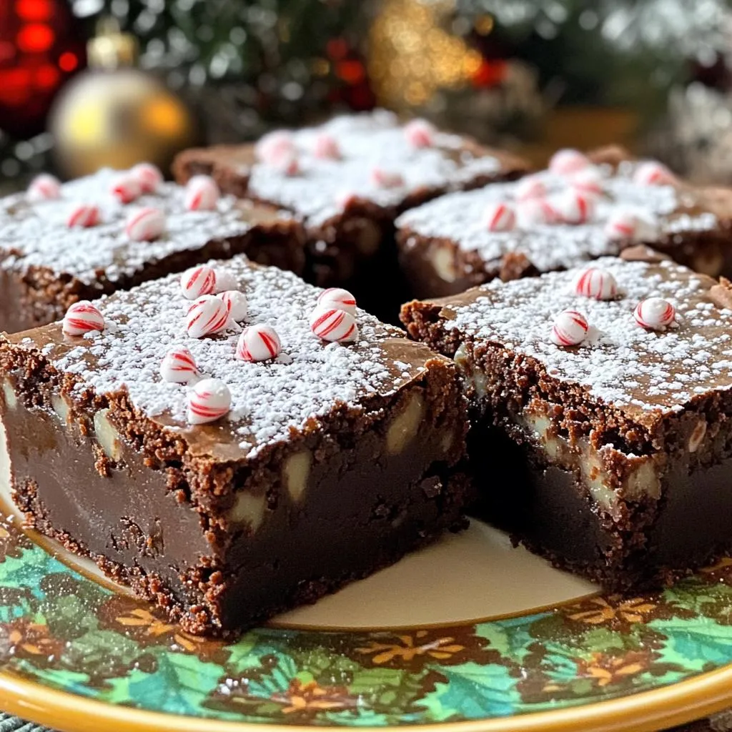 - 1 cup unsalted butter, melted - 2 cups granulated sugar - 4 large eggs - 1 teaspoon vanilla extract - 1/2 teaspoon peppermint extract - 1 cup all-purpose flour - 1/2 cup unsweetened cocoa powder - 1 teaspoon baking powder - 1/2 teaspoon salt - 1 cup semi-sweet chocolate chips - 1 tablespoon instant coffee granules - 2 tablespoons hot water - Crushed peppermint candies for topping - Unsalted butter: 1 cup, melted - Granulated sugar: 2 cups - Large eggs: 4 - Vanilla extract: 1 teaspoon - Peppermint extract: 1/2 teaspoon - All-purpose flour: 1 cup - Unsweetened cocoa powder: 1/2 cup - Baking powder: 1 teaspoon - Salt: 1/2 teaspoon - Semi-sweet chocolate chips: 1 cup - Instant coffee granules: 1 tablespoon - Hot water: 2 tablespoons - Crushed peppermint candies: for topping Using quality ingredients makes a big difference in your brownies. Fresh eggs add richness. Good butter brings a creamy texture. High-quality chocolate chips melt beautifully, giving that rich, fudgy bite. The cocoa powder needs to be unsweetened for the best flavor. Don’t skip on the extracts! They are key to enhancing that peppermint and mocha taste. Fresh crushed peppermint candies not only look great but add a nice crunch. These choices ensure your brownies taste just like they came from a bakery. Start by preheating your oven to 350°F (175°C). This helps your brownies bake evenly. Next, take a 9x13-inch baking pan. Lightly grease it or line it with parchment paper. This makes it easy to take the brownies out later. In a large bowl, pour in 1 cup of melted butter. Add 2 cups of granulated sugar. Whisk them together until the mixture is smooth. Then, add 4 large eggs one by one. Make sure to whisk well after each egg. This helps create a fluffy batter. Next, pour in 1 teaspoon of vanilla extract and 1/2 teaspoon of peppermint extract. Mix until everything is blended. In another bowl, sift together 1 cup of all-purpose flour, 1/2 cup of cocoa powder, 1 teaspoon of baking powder, and 1/2 teaspoon of salt. Gradually add this dry mixture to the wet ingredients. Stir gently until just combined. Be careful not to overmix, or the brownies may become tough. Take 1 tablespoon of instant coffee granules and dissolve it in 2 tablespoons of hot water. Once dissolved, fold this into your brownie batter. This step enhances the mocha flavor. Next, gently fold in 1 cup of semi-sweet chocolate chips. Make sure they are evenly mixed in. Pour the brownie batter into the prepared pan. Use a spatula to spread it evenly. Then, sprinkle crushed peppermint candies on top. Place the pan in the oven and bake for 25-30 minutes. To check if they are done, insert a toothpick into the center. If it comes out with a few moist crumbs, the brownies are ready. After baking, let them cool in the pan for at least 20 minutes before slicing. To get fudgy brownies, use melted butter instead of softened butter. Melted butter adds moisture and richness. Also, do not overmix the batter. Stir just until combined for a dense texture. Bake at 350°F, and test with a toothpick. It should have moist crumbs, not clean. Start with the wet ingredients first. Whisk melted butter and sugar until smooth. Add eggs one at a time, mixing well after each. This helps the brownies rise evenly. When adding dry ingredients, fold gently. Overmixing leads to tough brownies. Use a 9x13-inch baking pan for even cooking. A whisk works best for mixing wet ingredients. A rubber spatula is great for folding and scraping the bowl. Keep a toothpick handy for testing doneness. Parchment paper makes it easy to lift out brownies. For a lovely presentation, slice brownies into squares. Dust them with powdered sugar for a sweet touch. Add a sprinkle of crushed peppermint candies on top. Serve on a festive plate to enhance the holiday spirit. Enjoy your delicious creation! {{image_4}} You can change the flavor of these brownies easily. For a nutty twist, add chopped walnuts or pecans. This adds great texture and flavor. If you want a hint of orange, use orange zest. It gives a fresh, bright taste. You can also swap the peppermint extract for almond extract for a unique flavor. The options are endless! To make gluten-free brownies, use almond flour or a gluten-free baking mix. Replace all-purpose flour with these options in equal amounts. This keeps the brownies soft and chewy. You may need to add an extra egg to help bind the mix. These adjustments keep the rich flavor while making them gluten-free. You can easily make these brownies vegan. Replace the eggs with flax eggs. Just mix one tablespoon of ground flaxseed with three tablespoons of water. Let it sit for five minutes until it thickens. Use a plant-based butter or coconut oil instead of regular butter. You can also use dairy-free chocolate chips to make them fully vegan. Enjoy the same great taste without any animal products! To keep your brownies fresh, let them cool. Once cool, cut them into squares. Place them in a single layer in a container. This helps prevent sticking. Cover them tightly with a lid or plastic wrap. Store them at room temperature for up to four days. If you want them to last longer, refrigerate them. In the fridge, they can stay fresh for about a week. The best container for storing your brownies is an airtight one. Use a glass or plastic container with a tight seal. This keeps moisture out and helps maintain their fudgy texture. If you don’t have a container, you can wrap each brownie individually in plastic wrap. This option is great for on-the-go snacking. You can freeze brownies for later enjoyment. To freeze, wrap each square in plastic wrap. Then, place them in a freezer bag. Remove as much air as possible before sealing. Brownies can be frozen for up to three months. When you’re ready to eat them, thaw them in the fridge overnight. For a warm treat, reheat them in the microwave for about 15-20 seconds. Enjoy your delicious brownies anytime! Yes, you can use different extracts. Try using almond or orange extract for a unique twist. Just remember to keep the amount similar to the peppermint extract. This keeps the flavor balance right. Bake brownies at 350°F (175°C). This temperature allows the brownies to cook evenly. Higher heat can cause edges to burn while the middle stays raw. To check if brownies are done, insert a toothpick into the center. If it comes out with a few moist crumbs, they are ready. If it’s wet with batter, bake them a few more minutes. Yes, you can make these brownies ahead of time. They taste great after a day or two. Just store them in an airtight container to keep them fresh. In this blog post, I covered how to make delicious brownies. I shared the best ingredients and their measurements. I explained the steps from prep to baking. You learned tips for fudgy texture and presentation. I also included variations for gluten-free and vegan options. Finally, I provided storage tips to keep brownies fresh. Remember, great brownies start with quality ingredients and careful steps. Enjoy baking and sharing your sweet creations!
