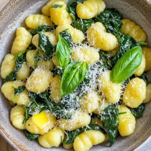 - 1 lb gnocchi (store-bought or homemade) - 4 tablespoons unsalted butter - 4 cloves garlic, finely minced - 5 oz fresh spinach, rinsed and dried - Sea salt and freshly cracked black pepper - Optional: 1/2 teaspoon red chili flakes - 1/4 cup grated Parmesan cheese, plus extra for serving - Fresh basil leaves for garnish Garlic Butter Gnocchi with Spinach is simple yet full of flavor. The star of this dish is the gnocchi. You can buy it at the store or make it at home. I love using fresh ingredients, so I always choose spinach that is bright green and crisp. The unsalted butter gives a rich taste to the dish. Minced garlic adds a punch of flavor. If you like a bit of heat, add the red chili flakes. They will spice things up nicely. Parmesan cheese makes everything better. I sprinkle it on top before serving. Fresh basil leaves not only look pretty but also add a nice aroma. Each of these ingredients plays a key role in creating a delightful meal. You will enjoy the taste of garlic butter, the softness of gnocchi, and the freshness of spinach all in one bowl. 1. Bring a large pot of salted water to a boil. 2. Carefully add 1 lb of gnocchi to the pot. 3. Cook until the gnocchi rise to the surface, about 2-3 minutes. 4. Drain the gnocchi in a colander and set them aside. 1. Melt 4 tablespoons of unsalted butter in a skillet over medium heat. 2. Add 4 cloves of finely minced garlic and optional 1/2 teaspoon of red chili flakes. 3. Sauté the mixture for 1-2 minutes until the garlic is aromatic but not brown. 1. Add the cooked gnocchi to the skillet. 2. Stir gently to coat the gnocchi in garlic butter, cooking for 2-3 minutes. 3. Add 5 oz of fresh spinach and stir until it wilts, about 1-2 minutes. 1. Season with sea salt and freshly cracked black pepper to taste. 2. Plate the dish and garnish with 1/4 cup of grated Parmesan cheese and fresh basil leaves. How to tell if gnocchi is done To know if your gnocchi is ready, watch for them to float. As they cook, they will rise to the surface of the water. This usually takes about 2-3 minutes. When they float, they are done cooking! Avoiding mushy gnocchi To keep your gnocchi firm, do not overcook them. Follow the package instructions closely. Drain them right away to stop the cooking process. A quick rinse with cold water can also help. Alternative herbs for garnish While fresh basil adds great flavor, try using parsley or thyme. Both herbs give a fresh touch. They pair well with garlic and butter. Use them to switch up the taste! Substitute options for ingredients If you want to change things, swap the butter for olive oil. This makes the dish lighter. For the cheese, try nutritional yeast for a vegan option. You can also add other veggies like cherry tomatoes or bell peppers to add color and flavor! {{image_4}} You can easily enhance this dish with protein. Chicken or shrimp works great here. Just cook the protein in the skillet before adding the gnocchi. For chicken, cut it into bite-sized pieces. Season it with salt and pepper, then cook until golden brown. For shrimp, cook until they turn pink, about 2-3 minutes per side. If you prefer vegetarian options, think about adding beans or lentils. These options add protein and fiber. You can toss them in with the spinach for a hearty touch. To make this dish vegan, swap the butter for olive oil or a plant-based butter. For the cheese, use a vegan cheese option or nutritional yeast. Nutritional yeast gives a cheesy flavor and adds nutrients. Feel free to add more vegetables too. Zucchini, bell peppers, or mushrooms work well. Just sauté them with the garlic before adding the gnocchi. If you love heat, add different spices. Besides red chili flakes, try cayenne pepper or a dash of hot sauce. This adds a fun kick to your dish. You can also mix in other veggies for added flavor. Cherry tomatoes or broccoli can brighten up the dish. Just sauté them with the garlic for a few minutes before adding the gnocchi. To store leftovers, let the garlic butter gnocchi cool down. Place it in an airtight container. You can keep it in the refrigerator for up to three days. Make sure to add a bit of extra butter or oil to keep it moist. If you want to save it longer, freezing is a great option. To freeze, first, spread the gnocchi on a baking sheet. Make sure they are in a single layer. Freeze them for about one hour. After that, transfer the gnocchi to a freezer-safe bag. This way, they won’t stick together. You can store them for up to three months. To reheat your gnocchi, you have a few good methods. The best way is in a skillet. Heat it over medium heat. Add a little butter or oil to the pan. Once hot, add the gnocchi and toss gently. This helps keep the texture nice. You can also use the microwave. Place the gnocchi in a microwave-safe dish. Add a splash of water or broth. Cover it with a lid or microwave-safe wrap. Heat in short bursts, stirring in between. This keeps the gnocchi from getting dry. These tips will help you enjoy your garlic butter gnocchi just like when it was fresh! Yes, you can make gnocchi from scratch! You need just a few simple ingredients. The main ones are potatoes, flour, and egg. First, cook the potatoes until soft. Then, mash them well. Next, mix the potatoes with flour and the egg to form a dough. Roll it into logs and cut into small pieces. Finally, shape each piece with a fork for that classic gnocchi look. Cooking time is similar to store-bought. They float when done! Both store-bought and homemade gnocchi work well. Store-bought gnocchi saves time and is easy to find. It often cooks in just a few minutes. Homemade gnocchi tastes fresh and can be made to your liking. If you enjoy cooking, I suggest trying both. You might find you love the taste of fresh gnocchi more! To make this recipe gluten-free, use gluten-free gnocchi. Many brands offer tasty options made with rice or corn flour. Always check labels to ensure they fit your needs. You can follow the same cooking method as regular gnocchi. Just be mindful of cooking times, as gluten-free versions may differ. Enjoy a great meal without worry! This blog post shared a tasty gnocchi recipe, from cooking to serving. You learned about the ingredients, making the garlic butter sauce, and combining flavors. We discussed tips for perfecting your gnocchi and explored variations to suit any taste. Storage and reheating advice ensures your meal stays fresh. You can easily create this dish and enjoy it your way! Cooking should be fun and flexible, so feel free to experiment with flavors and ingredients. Get ready to impress your family with this simple yet delicious meal!