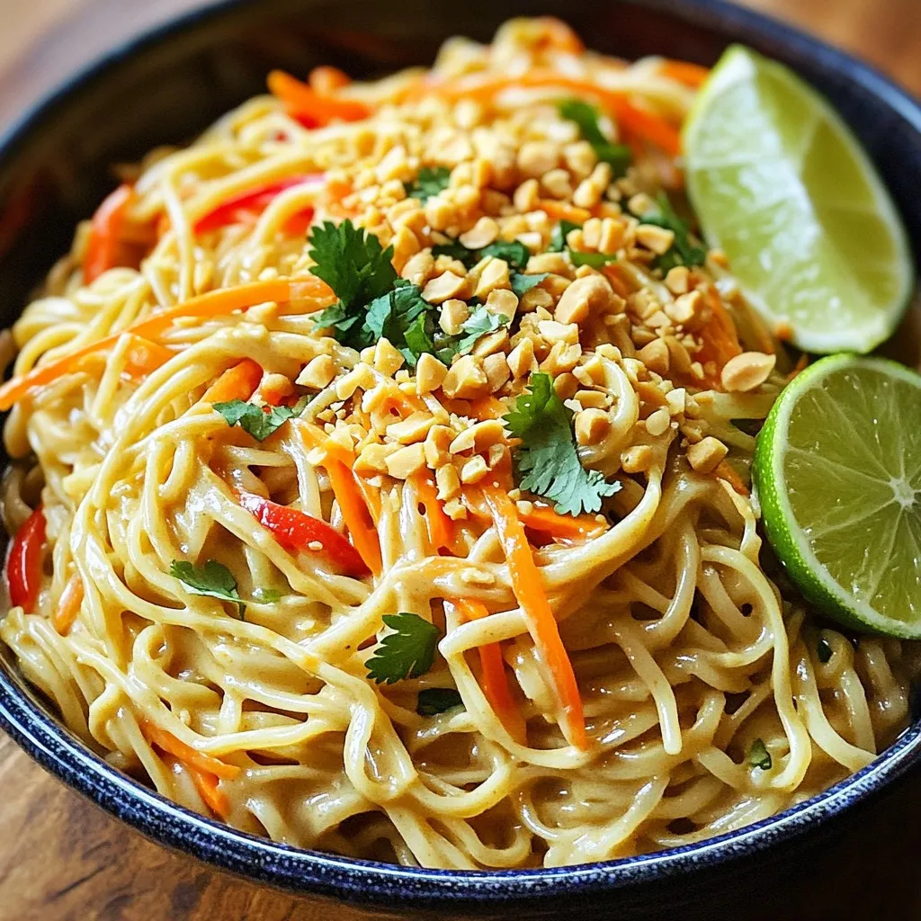 To make Minute Thai Peanut Noodles, gather these key items: - 8 oz rice noodles - 1/4 cup creamy peanut butter - 3 tablespoons soy sauce - 2 tablespoons fresh lime juice - 1 tablespoon honey or agave syrup - 1/2 teaspoon sriracha - 1 tablespoon toasted sesame oil - 1 cup shredded carrots - 1 red bell pepper, julienned - 1 scallion, finely chopped - Fresh cilantro leaves for garnish - Crushed peanuts for topping These ingredients come together to create a creamy, flavorful dish. The rice noodles serve as the base, soaking up the rich peanut sauce. You can personalize your noodles with these fun add-ins: - Cooked chicken for protein - Tofu for a vegetarian option - Broccoli or snap peas for extra crunch - Chopped peanuts for more texture Feel free to mix and match based on what you have. This flexibility makes the dish even more exciting. If you lack an ingredient, here are simple swaps: - Almond butter instead of peanut butter - Coconut aminos for soy sauce, if gluten-free - Maple syrup instead of honey for a vegan option - Lime juice can be swapped with lemon juice These substitutions still keep the dish tasty and satisfying. Don't hesitate to experiment and find your perfect mix! To start, fill a large pot with water. Bring it to a rolling boil. Carefully add 8 oz of rice noodles to the water. Cook them for about 4-6 minutes. Check the package for the exact time. You want them to be just tender. Once cooked, drain the noodles. Rinse them under cold water. This stops the cooking process. Set the noodles aside for later. Next, grab a medium bowl. In it, mix 1/4 cup of creamy peanut butter, 3 tablespoons of soy sauce, and 2 tablespoons of fresh lime juice. Add 1 tablespoon of honey or agave syrup for sweetness. If you like heat, include 1/2 teaspoon of sriracha. Lastly, pour in 1 tablespoon of toasted sesame oil. Whisk all the ingredients together. Make sure the sauce is smooth and creamy. Now it’s time to combine everything. Take a large mixing bowl and add the cooled noodles. Pour the peanut sauce over the noodles. Toss everything gently so the noodles get coated well. Next, fold in 1 cup of shredded carrots and the julienned red bell pepper. Mix until the veggies are evenly spread throughout. Taste the dish and adjust it if needed. Add more soy sauce or sriracha if you want more flavor. Finally, serve the noodles in bowls and top them with chopped scallions, fresh cilantro, and crushed peanuts. Enjoy your meal! To get the best rice noodles, follow these steps: - Use a large pot of water. This helps the noodles cook evenly. - Bring the water to a rolling boil before adding the noodles. - Cook them for just 4-6 minutes. Check for doneness by tasting. - Drain and rinse the noodles under cold water to stop cooking. This keeps them tender and prevents sticking. You can change the heat of your dish easily. Start with 1/2 teaspoon of sriracha. Taste the noodles after mixing in the sauce. If you want more heat, add a bit more sriracha. You can also add fresh chili or red pepper flakes for extra spice. Remember, you can always add more, but it's hard to take spice out! Serve the noodles in wide, shallow bowls. This makes them look nice and colorful. Drizzle some extra peanut sauce on top for a gourmet touch. Garnish with chopped scallions and fresh cilantro. Add lime wedges on the side for a fresh burst of flavor. This not only enhances taste but also makes your dish pop visually! {{image_4}} To make these noodles vegetarian or vegan, skip honey. Use agave syrup instead. The creamy peanut butter gives a rich taste. You can also add tofu for extra protein. Just make sure to press and cube it before cooking. Pan-fry the tofu until golden. Then mix it with the noodles and sauce. This adds a nice texture and flavor. For meat lovers, adding protein is easy. Cook shrimp or chicken separately. Use a pan with a bit of oil. Cook the shrimp until pink or the chicken until no longer pink. Chop them into bite-sized pieces. Mix them into the noodle dish. This adds more flavor and makes the meal hearty. Seasonal veggies can make this dish even better. Try using broccoli, snap peas, or bell peppers. Just chop them small so they mix well. You can sauté them lightly before adding. This keeps the veggies crisp. Adding seasonal vegetables boosts nutrition and adds color. The more colors, the better the meal looks and tastes! To store leftover noodles, place them in an airtight container. Make sure the noodles are cooled first. Add a bit of peanut sauce to keep them moist. This will help the noodles stay fresh and tasty. When you are ready to eat, take the noodles out. You can reheat them in the microwave. Use a microwave-safe bowl and cover it with a lid. Heat in short bursts of 30 seconds. Stir in between to heat evenly. You can also reheat them on the stove. Add a splash of water or extra peanut sauce to keep them from drying out. Leftover noodles will last in the fridge for about 3 to 5 days. If you want to keep them longer, freeze them. They can stay good in the freezer for up to 2 months. Just remember to label your container with the date. This way, you can enjoy your Minute Thai Peanut Noodles later! To make these noodles gluten-free, use rice noodles. They are naturally gluten-free. For the sauce, swap regular soy sauce for gluten-free soy sauce or tamari. Both options keep the flavor while ensuring the dish remains gluten-free. Yes, you can use alternatives like almond butter or sunflower seed butter. These options still give a creamy texture and rich taste. If allergies are a concern, sunflower seed butter is a great nut-free choice. Adjust the amount to match your taste. You can serve these noodles with fresh veggies or protein. Grilled chicken, shrimp, or tofu pairs well. You can also add a side salad or spring rolls for an extra treat. These pairings make a balanced and enjoyable meal. This guide detailed essential ingredients and variations for making tasty peanut noodles. You learned useful tips for cooking, adjusting spice levels, and presenting your dish. Remember, you can customize with proteins or veggies to suit your taste. Storing and reheating leftovers ensures you enjoy delicious noodles later. Keep these ideas in mind as you create your own satisfying meals. Eat well and enjoy!